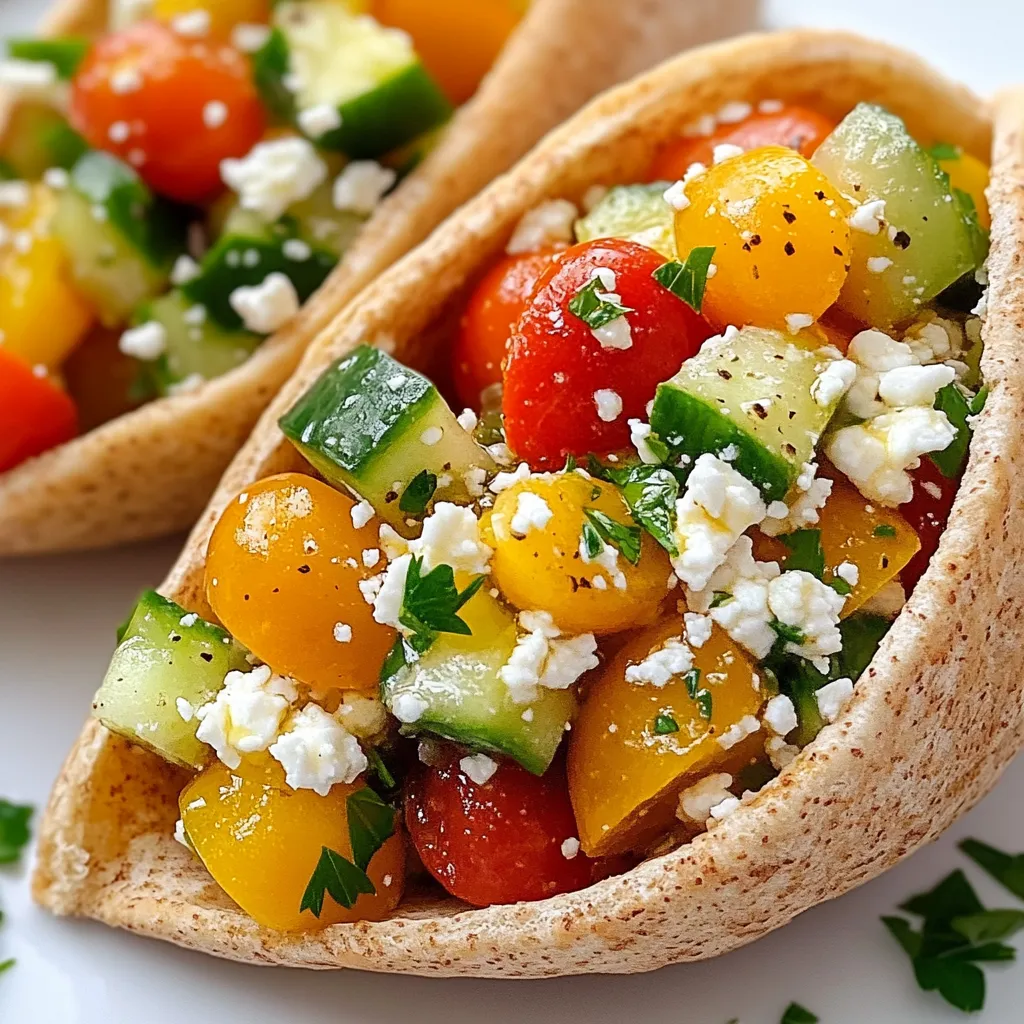 - 4 whole wheat pita pockets - 1 cup cherry tomatoes, halved - 1 cucumber, diced - 1 red bell pepper, diced - 1/2 red onion, finely chopped - 1 cup Kalamata olives, pitted and halved - 1/2 cup feta cheese, crumbled - 2 tablespoons fresh oregano, chopped - 2 tablespoons extra-virgin olive oil - 1 tablespoon red wine vinegar - Salt and pepper to taste - A handful of fresh parsley for garnish Each serving of Greek Salad Pita Pockets provides a balanced mix of nutrients. Here’s a quick breakdown: - Calories: Approximately 250 - Protein: 8g - Carbohydrates: 35g - Dietary Fiber: 6g - Sugars: 3g - Fat: 10g These pockets are not just tasty, but they also offer a good dose of vitamins and minerals. The fresh veggies add crunch, while olives and feta bring in healthy fats. Enjoy this meal knowing it fuels your body well. {{ingredient_image_1}} Start by preparing the vegetables. Grab a large bowl. Add 1 cup of halved cherry tomatoes. Next, add 1 diced cucumber. Then, include 1 diced red bell pepper. Finally, toss in 1/2 finely chopped red onion. Mix these veggies well. This colorful mix adds a fresh crunch to your pita pockets. Now, let’s add the olives and feta. Stir in 1 cup of pitted and halved Kalamata olives. Then, crumble in 1/2 cup of feta cheese. Be gentle when mixing. You don’t want to break the feta too much. This step brings a savory flavor to the salad. Next, it’s time to dress the salad. In a small bowl, whisk together 2 tablespoons of extra-virgin olive oil and 1 tablespoon of red wine vinegar. Add 2 tablespoons of chopped oregano, salt, and pepper to taste. Pour this dressing over the salad. Toss it gently to coat all the ingredients. This dressing enhances the taste of every bite. Now, let’s stuff the pita pockets. Take one whole wheat pita pocket and carefully open it up. Fill it with a generous amount of the Greek salad mixture. Make sure to include olives and feta in each pocket. Repeat this for the remaining pita pockets. This makes for a delicious and handy meal. For a finishing touch, consider garnishing. A sprinkle of fresh parsley adds a pop of color. It also gives extra flavor. You can serve these pita pockets as a light lunch or a fun snack. They are fresh, colorful, and oh-so-tasty! To make the best Greek Salad Pita Pockets, start with fresh ingredients. Use ripe cherry tomatoes and firm cucumbers for crunch. Select red bell peppers that are bright and shiny. Choose Kalamata olives that are plump and flavorful. When buying feta cheese, opt for blocks instead of crumbled. This cheese stays fresher and has better taste. Fresh oregano adds a lovely aroma. Always wash your vegetables before cutting. This removes dirt and bacteria. To keep your pita pockets crisp, avoid overfilling them. Stuff them with just enough salad. If you prepare the salad ahead, wait to fill the pitas until serving. This keeps the bread dry. You can also toast the pitas lightly before filling. This adds a nice crunch and helps seal in moisture. Another tip is to use the dressing sparingly. Too much dressing can make the pita soggy. Serve your Greek Salad Pita Pockets with a side of tzatziki sauce. This cool, creamy dip complements the salad well. You can also pair them with hummus for extra flavor. A light, crisp white wine enhances the meal. For a fun twist, serve with sweet potato fries. They add a tasty contrast to the fresh salad. Enjoy these pockets with friends as a healthy snack or a light lunch. Pro Tips Use Fresh Ingredients: The quality of your vegetables and feta can significantly enhance the flavor of your Greek salad. Opt for fresh, ripe tomatoes and crisp cucumbers for the best results. Make it Ahead: If you're preparing this dish for a gathering, consider making the salad a few hours in advance. This allows the flavors to meld beautifully, making each bite even more delicious. Customize Your Fillings: Feel free to add other ingredients like bell peppers, artichokes, or even grilled chicken for added protein and flavor. Personalize the pockets to suit your taste! Serve with a Side: Pair these pita pockets with a side of tzatziki sauce for dipping. The creamy yogurt sauce complements the salad perfectly and adds an extra layer of flavor. {{image_2}} You can easily make these Greek salad pita pockets vegetarian or vegan. To go vegan, simply skip the feta cheese. Instead, use a plant-based cheese that melts well or crumbles nicely. You can also add extra diced veggies like carrots or radishes for more crunch. For flavor, a sprinkle of nutritional yeast can mimic that cheesy taste. If you want to add protein, options abound. Grilled chicken is a great choice. Just slice it thin and toss it in with your salad mix. Shrimp or chickpeas work well too. For a fun twist, try adding falafel. It will give your pita pockets a hearty texture and flavor, making them more filling. The dressing can change everything! You can stick with the classic olive oil and vinegar mix, or get creative. A tahini dressing adds a nutty flavor. You can also try a yogurt-based dressing for creaminess. Don’t forget garnishes! Fresh herbs like dill or mint can elevate your dish. A squeeze of lemon juice adds brightness too. To store leftover Greek salad, place it in an airtight container. Use it within three days for the best taste. Keep the salad separate from the pita pockets. This keeps the pita from getting soggy. Pita pockets are best enjoyed fresh. If you must reheat them, use an oven. Preheat the oven to 350°F (175°C). Wrap the pita in foil to keep it soft. Heat for about 10 minutes until warm. You can freeze the Greek salad mix, but do not freeze the pita. Place the salad in a freezer-safe bag. Remove as much air as possible. Use it within two months for best flavor. When ready to eat, thaw in the fridge overnight. Mix well before stuffing into fresh pita. Yes, you can prepare Greek Salad Pita Pockets ahead of time. Just make the salad mixture and store it in the fridge for up to one day. When you’re ready to eat, stuff the pita pockets. This keeps the pitas fresh and avoids sogginess. If you don’t have feta cheese, try using goat cheese or ricotta. You can also use a dairy-free cheese for a vegan option. Each choice brings its own flavor and texture, so experiment to find what you like best! Yes, there are gluten-free pita pockets available in stores. You can also use lettuce wraps, which are a great low-carb option. Both choices work well with the Greek salad filling. Stuffed pita pockets last about two days in the fridge. Store them in an airtight container to keep them fresh. If you notice any sogginess, eat them sooner for the best taste! You learned how to make delicious Greek salad pita pockets with fresh, tasty ingredients. We covered preparation, mixing, and stuffing techniques. Don’t forget the optional ingredients for added flavor. Keeping your pitas fresh and avoiding sogginess makes a big difference. You can also explore variations to suit your diet. With the right storage tips, your leftovers will stay great. Enjoy your healthy meal anytime!