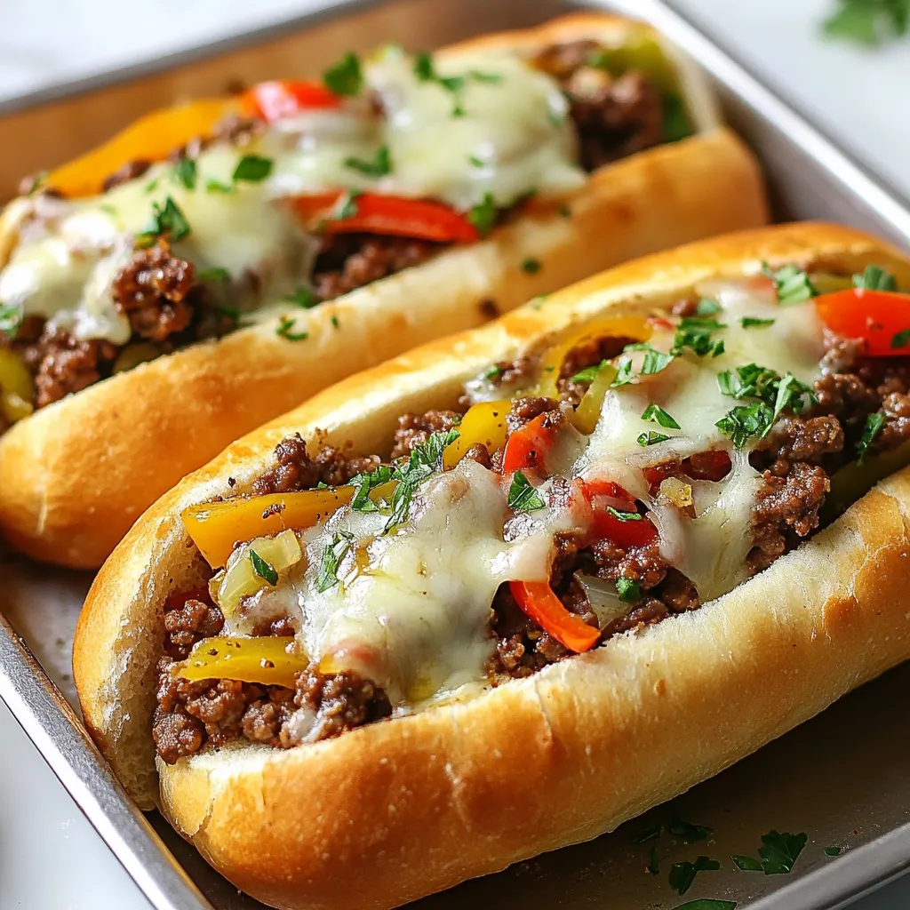 For this recipe, you will need 1 pound of ground beef. This meat gives the cheesesteaks their rich flavor. Choose a lean blend for less grease. You will need a few tasty vegetables to add crunch and flavor. Gather these: - 1 large onion, thinly sliced - 1 medium green bell pepper, thinly sliced - 1 medium red bell pepper, thinly sliced - 3 cloves garlic, minced These veggies will cook down nicely and mix well with the beef. Their colors make the dish look pretty too. Cheese makes a Philly cheesesteak special. I suggest using 8 slices of provolone cheese. Provolone melts beautifully and adds a creamy taste. If you want to change it up, you can try mozzarella or even cheddar. Just pick a cheese that melts well. {{ingredient_image_1}} Start by heating 2 tablespoons of olive oil in a large skillet over medium heat. Once the oil is hot, add 1 large onion, thinly sliced. Stir the onion for about 2 minutes. Next, toss in 1 medium green bell pepper and 1 medium red bell pepper, both sliced thin. Cook these for 5 to 7 minutes until they soften. Then, add 3 cloves of minced garlic and sauté for another minute. The garlic will give a nice aroma. Now, push the vegetables to the sides of the skillet. Add 1 pound of ground beef to the center. Break it apart with a spatula. Cook it until it turns brown and is no longer pink. This should take about 5 to 7 minutes. Once cooked, mix the beef with the vegetables. Add 1 teaspoon of Worcestershire sauce, salt, and pepper to taste. Let everything cook together for 2 to 3 more minutes. This will help the flavors blend well. Preheat your oven broiler while you prepare the rolls. Split 4 hoagie rolls open and place them on a baking sheet. Evenly divide the beef and vegetable mix among the rolls. Top each with 2 slices of provolone cheese. Now, place the baking sheet under the broiler for 2 to 3 minutes. Watch closely as the cheese melts and bubbles. Once done, remove from the oven and garnish with fresh chopped parsley. Serve hot and enjoy! To make your cheesesteaks pop, use simple seasonings. Salt and pepper are key. They enhance the natural flavors of the beef and veggies. I also like to add Worcestershire sauce. It gives a nice umami taste. If you want more flavor, sprinkle in some garlic powder or onion powder. Just a pinch adds a great touch. Cook the beef over medium heat. This ensures even cooking and keeps it juicy. Break up the meat with a spatula as it cooks. Mix it well with the onion and peppers. This will help the flavors blend. Don't rush this step. Let everything cook together for a few minutes. It makes a big difference in taste. For the best melted cheese, use provolone. It melts beautifully. Once you fill the hoagie rolls with the beef mix, add two slices on top. Then, place them under the broiler. Watch closely! It only takes 2-3 minutes to melt. The cheese should be bubbly and slightly golden. This is the key to a great cheesesteak! Pro Tips Choose the Right Beef: Use ground beef with a higher fat content (like 80/20) for a juicier and more flavorful cheesesteak. Customize Your Veggies: Feel free to add mushrooms or jalapeños for an extra kick of flavor and texture. Don’t Skip the Broiler: Broiling the sandwiches not only melts the cheese but also gives it a deliciously crispy top. Serve Fresh: These sandwiches are best enjoyed immediately after baking to ensure the bread remains soft and the cheese gooey. {{image_2}} To make your Ground Beef Philly Cheesesteaks pop, you can add spices. Try adding a pinch of cayenne pepper for heat. If you want more flavor, mix in smoked paprika. These spices bring warmth and a smoky taste. You can also add Italian seasoning for a fresh twist. Just remember to adjust the amount based on your spice level. Start small and taste as you go! While provolone is classic, there are many cheese options. Cheddar cheese adds a sharp taste that many love. For a creamier choice, use mozzarella. If you want something tangy, try Swiss cheese. Each cheese creates a different vibe for your cheesesteak. You can mix cheeses too! This adds depth and fun to your meal. You can swap out a few ingredients to change your cheesesteak. Instead of ground beef, use ground turkey or chicken for a lighter meal. You can also try roasted red peppers instead of fresh ones. This adds a sweet flavor. For an extra crunch, toss in jalapeños or banana peppers. These swaps let you create a cheesesteak that fits your taste. Don’t be afraid to experiment! You can keep your Ground Beef Philly Cheesesteaks in the fridge. Place them in an airtight container. They stay fresh for up to three days. Make sure to cool them down before sealing. This way, you avoid any sogginess. If you want to save some for later, freezing is a great option. Wrap the cheesesteaks tightly in plastic wrap or foil. Then, place them in a freezer bag. They can last up to three months in the freezer. Just remember to label the bags with the date. When you’re ready to enjoy your leftovers, reheating is simple. The best way to reheat is in the oven. Preheat it to 350°F (175°C) and place the cheesesteaks on a baking sheet. Heat for about 10-15 minutes. This keeps the bread crispy and the cheese melty. You can also use a microwave, but it may make the bread soft. Enjoy your tasty meal again! Yes, you can use other meats for cheesesteaks. Ground turkey or chicken works well. You can also use thinly sliced steak for a classic taste. Just remember to adjust cooking times based on the meat you choose. Each meat brings its own flavor and texture to the dish. To make cheesesteaks healthier, you can try a few simple swaps. Use lean ground beef, like 90/10 or 93/7. Add more veggies, such as mushrooms or spinach, to boost nutrition. You can also choose whole grain hoagie rolls for extra fiber. If you want less cheese, use fewer slices or try a lower-fat cheese. Several sides pair nicely with cheesesteaks. A crisp salad adds freshness and crunch. Sweet potato fries or regular fries make for a tasty side. You can also serve pickles or coleslaw for some extra tang. Each option complements the flavors of the cheesesteak well. In this guide, we explored how to make delicious Ground Beef Philly Cheesesteaks. We discussed key ingredients, from the ground beef to cheese options. We walked through simple steps for cooking, assembling, and adding great flavors. Remember to keep seasoning in mind for the best taste. You can even try unique twists with different spices and cheeses. Lastly, storing and reheating tips will help you enjoy every bite later. Now, take this knowledge and create your perfect cheesesteak! Enjoy the process and share your results.