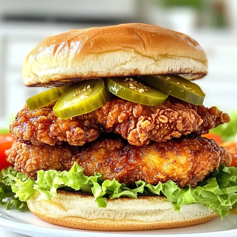 - 2 large chicken thighs, boneless and skinless - 1 cup buttermilk - 1 cup all-purpose flour - 1 teaspoon paprika - 1 teaspoon garlic powder - 1 teaspoon onion powder - 1 teaspoon salt - ½ teaspoon black pepper - ½ teaspoon cayenne pepper (adjust for spice preference) - Vegetable oil, for frying - 2 tablespoons honey - 2 tablespoons chopped fresh jalapeños (seeds removed for less heat) - 4 brioche buns - Leafy lettuce - Sliced tomatoes - Sliced pickles You can add your favorite toppings to make the sandwich special. Here are some ideas: - Avocado slices for creaminess - Pepper jack cheese for extra spice - Coleslaw for crunch and flavor Feel free to mix and match. Your sandwich, your rules! If you can't find an ingredient or want to change it up, here are some swaps: - Use chicken breasts instead of thighs for a leaner option. - Swap buttermilk with regular milk mixed with a bit of lemon juice or vinegar. - Try whole wheat flour for a healthier coating. - Maple syrup can replace honey if you prefer a different sweetness. These options keep the flavor while making the dish your own! {{ingredient_image_1}} Start by marinating the chicken. Take your two large chicken thighs and place them in a bowl. Pour in one cup of buttermilk. Make sure the chicken is fully covered. Cover the bowl and put it in the fridge. Let it sit for at least one hour. If you have time, marinate it overnight. This step makes the chicken tender and flavorful. Next, prepare the coating. In a separate bowl, mix one cup of all-purpose flour with the seasonings. Add one teaspoon each of paprika, garlic powder, and onion powder. Then add one teaspoon of salt. Sprinkle in half a teaspoon each of black pepper and cayenne pepper. Adjust the cayenne for your spice level. Set this bowl aside for later. Now it’s time to fry the chicken. In a deep skillet or Dutch oven, pour enough vegetable oil to cover the bottom by one to two inches. Heat the oil over medium-high heat until it reaches 350°F (175°C). Remove the marinated chicken from the buttermilk. Let any extra buttermilk drip off. Dredge each piece in your flour mixture. Press firmly to coat well, then shake off the excess flour. Carefully place the chicken in the hot oil. Fry each piece for about five to seven minutes per side. Cook until golden brown and the internal temperature hits 165°F (75°C). Once done, place the chicken on a paper towel-lined plate to drain. While the chicken is frying, make the jalapeño honey. In a small bowl, mix two tablespoons of honey with two tablespoons of chopped fresh jalapeños. Remove the seeds for less heat if you like. Stir well to blend the flavors. This sweet and spicy mix adds a great kick to your sandwich. Now, let’s assemble the sandwiches. Toast four brioche buns until they turn golden. Spread a good amount of jalapeño honey on the bottom half of each bun. Place a piece of fried chicken on top. Add leafy lettuce, sliced tomatoes, and sliced pickles. Drizzle more jalapeño honey over the chicken. Finally, place the top half of the bun on each sandwich. Serve your sandwiches hot. I suggest giving extra jalapeño honey on the side for dipping. This will make each bite even better. Enjoy the blend of flavors and the crunch of the chicken! Frying chicken can be a fun task. Here are some tips to make it easy: - Use a thermometer. Keep an eye on the oil temperature. Aim for 350°F (175°C) for great frying. - Don’t crowd the pan. Fry in small batches. This keeps the oil hot and helps the chicken cook evenly. - Check for doneness. The chicken should reach 165°F (75°C) inside. This ensures it’s safe to eat. A crunchy coating makes fried chicken special. Here’s how to get that perfect crunch: - Marinate well. Soaking the chicken in buttermilk adds flavor and moisture. It helps the flour stick. - Press the flour. After dredging, press the flour mixture onto the chicken. This forms a thick crust. - Let it rest. After coating, let the chicken sit for a few minutes. This helps the coating stick during frying. Spice can make or break a dish. Here’s how to adjust it to your liking: - Control the cayenne. Use less or skip it if you prefer milder chicken. - Remove seeds. For less heat, take the seeds out of jalapeños. They hold most of the spice. - Taste the honey. Mix in more jalapeños to the honey for a hotter kick, or use less for sweetness. These tips will help you create the best jalapeño honey fried chicken sandwich. Enjoy every bite! Pro Tips Marinate for Flavor: The longer you marinate the chicken in buttermilk, the more flavorful and tender it will be. Aim for at least 1 hour, but overnight is even better! Perfect Frying Temperature: Ensure your oil reaches 350°F (175°C) before adding the chicken. This helps achieve a crispy exterior while keeping the meat juicy inside. Adjusting Spice Level: If you prefer a milder sandwich, make sure to remove the seeds from the jalapeños. You can also reduce the cayenne pepper in the coating mix. Toast the Buns: Don’t skip toasting the brioche buns! This adds a delicious crunch and prevents them from getting soggy from the jalapeño honey. {{image_2}} You can change the heat level of the jalapeño honey. If you want it milder, use sweet bell peppers instead of jalapeños. For extra kick, try adding ghost pepper flakes for a real spice boost. You can also mix in some sriracha or hot sauce to the honey for a different flavor. Just remember to taste as you go. The bread makes a big difference in your sandwich. Brioche buns are soft and rich, but you can use other types. Try a crusty ciabatta or a fluffy potato bun for a different texture. If you prefer something healthier, whole grain or sourdough can work well too. Each choice brings its own unique taste. Think about what to serve with your sandwich. Crispy fries are a classic choice, but you can switch it up. Coleslaw adds a crunchy and tangy contrast. You might enjoy a fresh salad with a light vinaigrette for a refreshing side. For something heartier, try macaroni and cheese. Each side complements the sandwich and makes your meal complete. After enjoying your Jalapeño Honey Fried Chicken Sandwich, store any leftovers in an airtight container. Keep the chicken and buns separate to maintain their textures. Place them in the fridge within two hours of serving. This keeps them fresh for up to three days. If you have leftover jalapeño honey, store it in a small jar in the fridge. To reheat your fried chicken, use an oven for the best results. Preheat your oven to 375°F (190°C). Place the chicken on a baking sheet and cover it with foil. Heat for about 10-15 minutes, or until it’s warmed through. For the buns, toast them lightly in a skillet or toaster just before serving. This helps revive their crispiness. If you want to save some sandwiches for later, you can freeze them. Wrap each sandwich tightly in plastic wrap, then place it in a freezer bag. This keeps them safe for up to three months. When you’re ready to eat, thaw in the fridge overnight. Reheat as mentioned above for a tasty meal that brings that fresh flavor back! You can use regular milk with a splash of vinegar or lemon juice. Mix 1 cup of milk with 1 tablespoon of vinegar. Let it sit for five minutes. This will create a tangy flavor similar to buttermilk. Yes, you can prepare the chicken in advance. Marinate it overnight for the best flavor. You can also fry the chicken ahead of time. Just store it in the fridge. Reheat it in the oven for a crispy finish. To reduce the spice, remove the seeds from the jalapeños. Use less cayenne pepper in the coating mix. You can also add more honey to balance the heat. Boneless, skinless chicken thighs are ideal. They stay juicy and tender when fried. You can also use chicken breasts if you prefer a leaner option. Absolutely! For a healthier option, you can bake the chicken. Preheat the oven to 400°F (200°C). Place the coated chicken on a baking sheet. Bake for about 25-30 minutes or until cooked through. This article covered how to make a delicious chicken sandwich with jalapeño honey. We discussed the essential ingredients, step-by-step instructions, and handy tips for frying. You learned about fun variations and how to store leftovers. In the end, you can adjust flavors to suit your taste. This recipe is easy and can be shared with friends and family. Enjoy making your perfect sandwich!