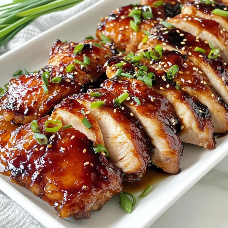 For this tasty dish, you'll need just a few key items: - 4 boneless chicken thighs - 2 tablespoons soy sauce - 2 tablespoons hoisin sauce - 1 tablespoon oyster sauce (or mushroom sauce for a vegetarian option) - 1 tablespoon honey - 1 tablespoon brown sugar - 1 teaspoon five-spice powder - 2 cloves garlic, minced - 1 tablespoon ginger, minced - 1 tablespoon sesame oil These ingredients come together to make juicy, flavorful chicken. The marinade is the heart of this recipe. It combines sweet and savory flavors. Here’s what you mix together: - Soy sauce adds salt and umami. - Hoisin sauce brings sweetness and depth. - Oyster sauce (or mushroom sauce) gives a rich taste. - Honey and brown sugar create that sticky finish. - Five-spice powder adds a warm, aromatic note. - Garlic and ginger give a fresh zing. - Sesame oil rounds out the flavor with nuttiness. Mix these well in a bowl before adding the chicken. Garnishes make your dish pop. Use these to add color and crunch: - 2 green onions, sliced - Sesame seeds Both add a lovely touch on your finished dish. You can also add a side of rice or steamed vegetables for a complete meal. Enjoy this flavorful dinner delight! {{ingredient_image_1}} To start, grab a large bowl. In it, mix the following ingredients: - 2 tablespoons soy sauce - 2 tablespoons hoisin sauce - 1 tablespoon oyster sauce (or mushroom sauce for a vegetarian option) - 1 tablespoon honey - 1 tablespoon brown sugar - 1 teaspoon five-spice powder - 2 cloves garlic, minced - 1 tablespoon ginger, minced - 1 tablespoon sesame oil Stir these well until they blend into a smooth mix. This marinade has sweet and savory notes. It will coat the chicken and give it a rich flavor. Now, take 4 boneless chicken thighs. Add them to the marinade bowl. Make sure each piece is well coated. This is key for flavor! Cover the bowl with plastic wrap. Place it in the fridge for at least 1 hour. For the best taste, marinate overnight. The longer it sits, the more flavor it gains. You can cook this chicken in two ways: grilling or baking. Grilling: - Preheat your grill to 400°F (200°C). - Remove the chicken from the marinade and keep the marinade for basting. - Grill each thigh for about 6-7 minutes on each side. Baste the chicken every few minutes. This adds more flavor and keeps it sticky. Baking: - Preheat your oven to 400°F (200°C). - Place the chicken on a baking tray lined with parchment paper. - Roast for about 25-30 minutes, flipping once halfway. Baste it with the marinade during cooking. No matter the method, cook until the chicken turns golden and sticky. Let it rest for about 5 minutes before slicing. This helps keep it juicy. To get that perfect sticky texture, you need to baste well. Use the reserved marinade while cooking. This adds flavor and helps create a nice glaze. If grilling, keep the heat medium-high. This helps the sugars caramelize without burning. If baking, use parchment paper. It keeps the chicken from sticking and makes cleanup easy. Marinating is key for flavor. Use a large bowl to mix your marinade. Combine soy sauce, hoisin, oyster sauce, honey, brown sugar, garlic, ginger, and sesame oil. Make sure to coat the chicken thighs well. Cover them tightly and refrigerate. Marinate for at least one hour. For the best taste, marinate overnight. This lets the flavors soak in deeply. To avoid overcooking, use a meat thermometer. Chicken should reach 165°F (75°C). If grilling, flip the chicken every few minutes. This helps cook evenly. If baking, check the chicken after 25 minutes. If the top browns too fast, cover it with foil. Let it rest for five minutes after cooking. This keeps the juices inside for a tasty bite. Pro Tips Marinate Longer for Flavor: The longer you marinate the chicken, the more flavorful it will be. Aim for at least 4 hours, or even overnight for the best results. Use a Meat Thermometer: To ensure your chicken is perfectly cooked, use a meat thermometer. The internal temperature should reach 165°F (75°C). Adjust Sweetness to Taste: If you prefer a sweeter glaze, feel free to add more honey or brown sugar to the marinade according to your taste. Rest Before Slicing: Allow the chicken to rest for a few minutes after cooking to retain its juices. This will keep the meat tender and moist. {{image_2}} If you want a vegetarian version of Sticky Char Siu Chicken, use mushroom sauce instead of oyster sauce. This swap keeps the umami flavor but makes it meat-free. Mushroom sauce is rich and savory, perfect for adding depth. It also pairs well with the other ingredients in the marinade. You can find mushroom sauce in most grocery stores or online. Just substitute it one-for-one for the oyster sauce. You can use various cuts of chicken for this dish. While I recommend boneless chicken thighs for their juiciness, chicken breasts work too. Breasts will cook faster, so check them earlier. You can also use drumsticks or wings if you prefer darker meat. Just remember, the cooking time will change based on the cut. Always ensure the chicken reaches 165°F (75°C) for safe eating. Want to add some heat? Try adding chili paste or crushed red pepper flakes to the marinade. Just a little can make a big difference. You can also experiment with other spices like smoked paprika for a different flavor. If you like it sweet, add more honey or brown sugar. Tasting the marinade before adding the chicken helps you find what you like best. Adjust to your taste! To keep your leftover chicken fresh, place it in an airtight container. Make sure the chicken is cool before sealing. Store the container in the fridge for up to three days. If you want to keep it longer, freezing is a great option. When you want to enjoy your leftover chicken, the oven is best. Preheat it to 350°F (175°C). Place the chicken on a baking sheet and cover it with foil. Heat for about 10-15 minutes. This method keeps the chicken juicy. You can also use a microwave. Heat in short bursts, checking often. This avoids drying out the meat. To freeze your Char Siu chicken, place it in a freezer-safe bag. Squeeze out as much air as you can. Label the bag with the date. It can last for up to three months. When you're ready to eat it, move the bag to the fridge. Let it thaw overnight. After thawing, reheat as mentioned above. This keeps the flavor intact. You can serve Sticky Char Siu Chicken with many sides. Some great options include: - Steamed white rice - Fried rice with veggies - Stir-fried bok choy - Simple green salad - Noodles tossed in soy sauce These sides pair well and help balance the sweet, sticky flavor of the chicken. Yes, you can make this recipe ahead of time. Marinate the chicken for up to 24 hours. This makes the chicken tastier. You can also cook the chicken a day before. Just store it in the fridge. Reheat it before serving for best results. Char Siu sauce is a blend of tasty ingredients. It usually includes: - Soy sauce - Hoisin sauce - Oyster sauce - Honey - Brown sugar - Five-spice powder - Garlic - Ginger This mix gives the sauce its sweet, savory, and aromatic flavor. You can adjust the amounts to suit your taste. You learned about making sticky Char Siu chicken, from the key ingredients to cooking methods. Using the right marinade and techniques will elevate the dish. Remember to add your own touch with seasonings or garnishes. Store any leftovers properly for later enjoyment. With these tips, you can create a tasty meal for any occasion. Enjoy the process and the delicious results!