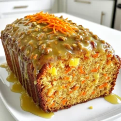 - 2 cups all-purpose flour - 1 teaspoon baking powder - 1 teaspoon baking soda - 1 teaspoon ground cinnamon - ½ teaspoon ground nutmeg - ½ teaspoon salt First, let's gather our dry ingredients. The all-purpose flour forms the base of the loaf. Baking powder and baking soda help it rise. Cinnamon and nutmeg add warm flavors, while salt balances the sweetness. - 1 cup granulated sugar - ½ cup brown sugar, packed - 1 cup vegetable oil - 4 large eggs Next, we need the wet ingredients. Granulated sugar and brown sugar add sweetness and depth. Vegetable oil keeps the loaf moist. The four large eggs bind everything together and add richness. - 3 cups grated carrots (about 4 medium carrots) - 1 cup crushed pineapple, drained - ½ cup chopped walnuts (optional) - ½ cup raisins (optional) Now for the fun part—mix-ins! Grated carrots give the loaf its name and sweetness. Crushed pineapple adds moisture and a tropical twist. You can also add walnuts and raisins for extra texture and flavor. - ½ cup maple syrup (for glaze) - 2 tablespoons unsalted butter - 1 cup powdered sugar For the glaze, we use maple syrup, which gives that lovely, sweet flavor. Unsalted butter adds creaminess, while powdered sugar helps us achieve that smooth, glossy finish. With these ingredients ready, you will create a tasty maple glazed carrot cake loaf that delights the senses! - Preheat your oven to 350°F (175°C). - Grease and flour a 9x5 inch loaf pan or line it with parchment paper. - In a large bowl, whisk together the flour, baking powder, baking soda, cinnamon, nutmeg, and salt. - In another bowl, beat the granulated sugar, brown sugar, and vegetable oil until creamy. - Add the eggs one by one, mixing well after each. - Stir in the grated carrots and crushed pineapple until well mixed. - Gradually add the dry mix to the wet mix, stirring until just combined. - If you like, fold in chopped walnuts and raisins for extra crunch. - Pour the batter into the prepared loaf pan, smoothing the top with a spatula. - Bake it for 55-60 minutes. Check with a toothpick in the center; it should come out clean. - While the loaf bakes, prepare the maple glaze. Melt the butter in a small pan over low heat. - Stir in the maple syrup and mix in powdered sugar until smooth. - Allow the carrot cake to cool in the pan for 10 minutes. Then turn it out onto a wire rack. - Drizzle the maple glaze over the loaf once it's cool. - For a lovely touch, serve slices on a wooden board. Add extra grated carrots and a drizzle of maple syrup on top for flair. To ensure your carrot cake loaf is perfect, test for doneness using a toothpick. Insert it into the center of the loaf. If it comes out clean, your loaf is ready. If it has wet batter, give it more time in the oven. Baking times can vary depending on your oven. Some ovens cook hotter or cooler than others. If your loaf seems to bake too quickly or slowly, adjust the time. Start checking for doneness early. This way, you avoid overbaking. A smooth glaze adds the finishing touch to your loaf. To achieve the right consistency, mix the powdered sugar slowly into the maple syrup. This helps prevent lumps. Whisk well until it is glossy and smooth. You can flavor your glaze too! Consider adding a bit of vanilla extract or a pinch of cinnamon. These add more depth to the flavor. Experiment with flavors you love for a personal touch. Overmixing the batter is a common mistake. This can make your loaf dense. Mix just until the dry and wet ingredients are combined. A few lumps are okay. When it comes to pineapple, use fresh for the best flavor. Canned pineapple can be too wet and change the loaf's texture. If you use canned, make sure to drain it well. This keeps your loaf from becoming soggy. {{image_2}} You can swap out all-purpose flour for whole wheat flour or almond flour. Whole wheat adds fiber and gives a nutty taste. Almond flour makes the cake moist and is good for gluten-free diets. For oil, try coconut oil instead of vegetable oil. Coconut oil adds richness and a hint of sweetness. Want more flavor? Add spices like ginger or cloves to the batter. These spices give warmth and depth to the cake. You can also add orange or lemon zest for a fresh twist. The citrus notes brighten the flavors and make each bite delightful. If you're gluten-free, use a gluten-free flour blend. This keeps the texture light and fluffy. For vegan options, replace eggs with flax eggs or applesauce. This makes the loaf plant-based while keeping it tasty and moist. Each variation helps you create a cake that fits your needs. To keep your maple glazed carrot cake loaf fresh, store it at room temperature. Wrap it in plastic wrap or foil. This will prevent it from drying out. You can also use an airtight container to keep it moist. If you have a large loaf, slice it first. This makes it easy to grab a slice later. If you want to freeze your loaf, wrap it tightly in plastic wrap. Then, place it in a freezer bag. This will keep out air and prevent freezer burn. Your loaf can stay fresh for up to three months in the freezer. To thaw, leave it in the fridge overnight. You can also let it sit at room temperature for a few hours. When you want to enjoy a slice, I recommend using the oven. Preheat it to 350°F (175°C). Place the slice on a baking sheet and heat for about 10 minutes. This helps keep the texture nice and soft. You can also use a microwave. Heat for about 20-30 seconds, but this can make it a bit more moist. Enjoy your delicious slice warm! To make your carrot cake loaf moist, focus on these factors: - Use fresh, grated carrots for better moisture. - Add crushed pineapple, which adds natural juice. - Consider adding yogurt or applesauce for extra moisture. These ingredients help create a tender crumb that melts in your mouth. Yes, you can substitute maple syrup in the glaze. Try these options: - Honey for a floral sweetness. - Agave syrup for a milder flavor. - Brown sugar mixed with a bit of water for a rich taste. Each choice gives a unique twist to your glaze while keeping it sweet. The carrot cake loaf lasts about 3 to 5 days at room temperature. Store it in an airtight container to keep it fresh. Watch for signs of spoilage, like mold or a change in smell. If you want to keep it longer, freeze it for up to 3 months. Yes, you can make this recipe as cupcakes! Adjust the baking time to about 18 to 22 minutes. Check for doneness by inserting a toothpick; it should come out clean. Cupcakes will be fun for parties and easier to serve! This blog post covered how to make a delicious carrot cake loaf from scratch. We discussed each ingredient, including dry and wet components, mix-ins, and the tasty maple glaze. Then, we outlined simple steps for preparation, baking, and serving. I shared useful tips to avoid common mistakes and variations to fit your diet. In conclusion, this recipe is easy and fun. You can adjust ingredients to make it your own. Enjoy making your loaf and sharing it with others!