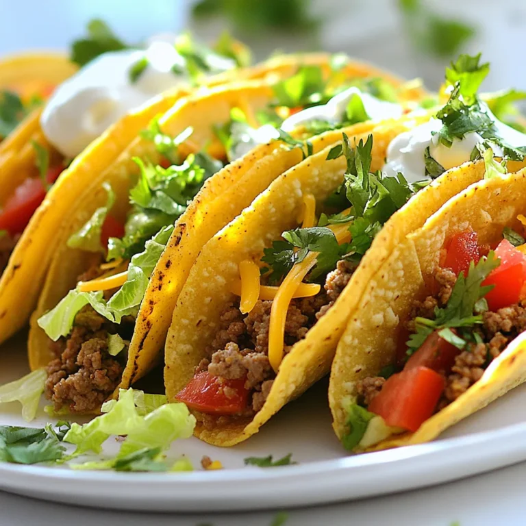 For these tasty tacos, you need: - 1 pound ground beef - 1 tablespoon olive oil - 1 small onion, finely chopped - 2 cloves garlic, minced - 1 tablespoon chili powder - 1 teaspoon cumin - 1 teaspoon paprika - ½ teaspoon salt - ½ teaspoon pepper - 1 cup beef broth - 8 taco shells (hard or soft) These ingredients form the base of your tacos. The beef gives great flavor. The spices add warmth and depth. To make your tacos even better, consider these toppings: - 1 cup shredded lettuce - 1 cup diced tomatoes - 1 cup shredded cheddar cheese - ½ cup sour cream - Fresh cilantro for garnish These toppings add crunch and freshness. They also make your tacos look great. You can mix and match to suit your taste. If you want to boost the flavor, try these seasonings: - A dash of cayenne pepper for heat - A squeeze of lime juice for brightness - Chopped jalapeños for extra spice These options help you create your own taco style. Experimenting with flavors can lead to new favorites. Don't be afraid to try different combinations! {{ingredient_image_1}} Start by heating 1 tablespoon of olive oil in a large skillet over medium heat. Add 1 small, finely chopped onion and cook it for 3-4 minutes. You want it to be soft and clear. Next, stir in 2 minced garlic cloves and cook for about 1 minute until you smell its good flavor. Now, add 1 pound of ground beef. Break it up with a wooden spoon. Cook it for 5-7 minutes. The meat should turn brown and cook through. If there is extra fat, drain it. Then, mix in 1 tablespoon of chili powder, 1 teaspoon of cumin, 1 teaspoon of paprika, ½ teaspoon of salt, and ½ teaspoon of pepper. Stir well to coat the beef. Pour in 1 cup of beef broth and bring it to a simmer. Let it cook uncovered for 5-10 minutes. You want the mixture to thicken a bit. Once your beef mixture is ready, it’s time to assemble. Grab 8 taco shells, either hard or soft. Take a generous scoop of the beef and fill each shell. Then, add some shredded lettuce, diced tomatoes, and shredded cheddar cheese on top. Finish each taco with a dollop of sour cream. To make it pretty, sprinkle fresh cilantro on top for garnish. If you use hard shells, read the package instructions for heating. If you prefer soft shells, warm them up in a skillet or grill for a few seconds on each side. This step makes them nice and warm. Warm shells help hold all those tasty fillings better. To make your ground beef tacos shine, the right seasoning is key. Start with basic spices like chili powder, cumin, and paprika. They add depth to the beef. When adding salt and pepper, do it slowly. Taste as you go. This helps you avoid over-seasoning. If you want more heat, try adding cayenne pepper. Just a pinch can make a big difference. How you serve your tacos matters. Use a colorful platter for a fun look. Arrange the tacos neatly in a line. Add lime wedges for a pop of color. You can also include small bowls of toppings. This lets guests customize their tacos as they like. Fresh cilantro sprinkled on top also adds a nice touch. Tacos are very flexible. You can change them up based on your taste. Try using different proteins like chicken or turkey. If you want a vegetarian option, black beans work well too. For toppings, think outside the box. Avocado, jalapeños, or even corn can add fun flavors. Don’t be afraid to mix things up! Pro Tips Choose the Right Beef: For a juicier and more flavorful taco filling, use ground beef with a higher fat content, such as 80/20 or 85/15. Spice It Up: Adjust the spice levels by adding more chili powder or including diced jalapeños in the beef mixture for an extra kick. Let It Rest: After cooking, allow the beef mixture to rest for a few minutes before serving. This helps the flavors meld together. Garnish Wisely: Enhance your tacos with additional toppings like sliced radishes, avocado, or pickled onions for a burst of flavor and color. {{image_2}} You can make tacos without meat. Try using lentils or black beans. They give great texture and flavor. You can sauté them with onions and spices for extra taste. Add diced bell peppers and corn for more color. Top these tacos with avocado, salsa, and lime juice to brighten them up. Ground beef is great, but you can switch it up. Try ground turkey or chicken instead. They are leaner options and still taste good. For a different flavor, use ground pork or chorizo. Each meat brings its own unique taste to your tacos. Just remember to adjust cooking times as needed. Toppings make tacos fun and exciting. Beyond lettuce and cheese, think outside the box. Add sliced jalapeños for heat or diced mango for sweetness. You can also sprinkle on some feta cheese for a salty kick. Fresh herbs like cilantro and parsley can add brightness. Try mixing different toppings to discover your perfect flavor combo! After you enjoy your tacos, store leftovers in an airtight container. This helps keep the beef fresh. You can refrigerate the beef mixture for up to three days. Make sure it cools down before sealing the container. Keep your taco shells separate to avoid sogginess. If you have more beef than you can eat, freezing is a great option. Allow the beef to cool completely. Then, place it in a freezer-safe bag or container. Squeeze out as much air as you can. Label the bag with the date. You can freeze the beef mixture for up to three months. When you are ready to use it, just thaw it in the fridge overnight. To reheat, place the beef mixture in a skillet over medium heat. Stir it often until it warms through. You can also use the microwave. Heat in short bursts, stirring in between to avoid hot spots. If your beef seems dry, add a splash of beef broth or water to help with moisture. Enjoy your tacos again! You can use many types of meat for tacos. Ground beef is classic, but you can try ground turkey, chicken, or pork. You can even use steak or shredded beef. For a lighter option, use fish or shrimp. If you want a plant-based choice, try lentils or beans. Yes, you can make tacos ahead of time! Prepare the beef mixture and store it in the fridge. You can also chop the toppings like lettuce and tomatoes. When you're ready to eat, just heat the beef and assemble the tacos in minutes. This makes taco night easy and fun! If you want to switch things up, you have options! Use lettuce leaves for a low-carb wrap. Corn tortillas offer a softer texture. You can also try pita bread or even nacho chips. Get creative and make your taco night unique! You learned how to make tasty ground beef tacos with easy steps. We explored main ingredients, toppings, and seasoning. I shared tips on perfect seasoning and ways to serve tacos. You can also customize your tacos or try new variations, like vegetarian options. Remember, proper storage keeps your leftovers fresh. Enjoy your taco-making adventure! With these ideas, you can create a dish everyone will love.
