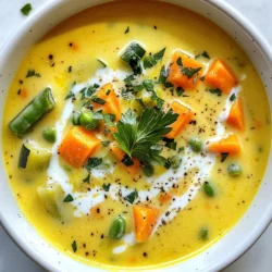 To make a tasty creamy vegetable soup, you need these key items: - 2 tablespoons olive oil - 1 medium onion, chopped - 2 cloves garlic, minced - 2 carrots, diced - 2 celery stalks, diced - 1 medium potato, peeled and diced - 1 cup green beans, chopped - 1 zucchini, diced - 4 cups vegetable broth - 1 cup coconut milk - 1 teaspoon dried thyme - 1 teaspoon dried basil - Salt and pepper to taste - Fresh parsley for garnish Each ingredient adds its unique flavor. The olive oil helps cook the veggies. Onion and garlic give a strong base. Carrots and celery add sweetness and crunch. The potato makes it creamy, while green beans and zucchini bring freshness. You can add more fun to your soup with these extras: - 1 cup corn for sweetness - 1 bell pepper for a pop of color - A teaspoon of chili powder for heat - Fresh herbs like dill or cilantro for added zest Feel free to mix and match! These add-ins can change the flavor and texture of your soup. You can use what you have on hand or what’s in season. To prepare your creamy vegetable soup, gather these tools: - A large pot for cooking - A cutting board and knife for chopping - A wooden spoon for stirring - An immersion blender for pureeing These tools make cooking easier. The large pot gives you space to cook all the veggies. The immersion blender helps you achieve a smooth texture. If you don’t have one, a regular blender works too. Just blend in small batches. {{ingredient_image_1}} Start by chopping your onion. It should be medium-sized and finely chopped. Next, mince two garlic cloves. Then, dice two carrots and two celery stalks. Peel and dice one medium potato. Chop one cup of green beans and dice one zucchini. Gather all your ingredients before you start cooking. This will help keep things organized. Heat two tablespoons of olive oil in a large pot over medium heat. Add the chopped onion first. Sauté it until it becomes translucent, about five minutes. Then, add the minced garlic. Cook this for one to two minutes. The garlic should smell fragrant but not burn. Next, stir in the diced carrots and celery. Cook them for another five minutes until they feel a bit soft. This step builds a flavor base for your soup. Once your vegetables are tender, it's blending time! You can use an immersion blender right in the pot. This makes it easy and quick. If you don't have one, pour the soup into a regular blender in batches. Blend until the soup is smooth and creamy. Be careful with hot soup in the blender. Always hold the lid down tightly. After blending, return the soup to the pot. Mix in the coconut milk, thyme, and basil. This adds rich flavor and creaminess. To make your creamy vegetable soup taste even better, use fresh herbs. Fresh parsley adds a bright note. You can also try thyme and basil for depth. Adding a squeeze of lemon juice brightens the flavors. Don’t forget to season with salt and pepper. Taste it as you go to find the balance you like. If you want a dairy-free soup, you can replace the coconut milk. Almond milk or cashew cream works well too. You can also use vegetable broth for added flavor. These options keep your soup creamy without dairy. Look for unsweetened versions to avoid extra sugar. One mistake is not cooking the vegetables enough. Make sure they are tender before blending. Another mistake is not seasoning the soup. Taste and adjust the salt and pepper. Lastly, don’t rush the blending process. Blend until smooth for that dreamy texture. Take your time to get it just right! Pro Tips Use Fresh Vegetables: Fresh vegetables enhance the flavor and texture of your soup. Opt for seasonal produce for the best results. Blend to Your Preference: If you prefer a chunkier soup, blend only half of the mixture and leave the rest as is for added texture. Experiment with Spices: Feel free to customize the soup by adding spices like cumin or paprika for a unique twist on flavor. Make It a Meal: Add cooked grains like quinoa or rice to make the soup heartier and more filling. {{image_2}} You can switch up the veggies based on the seasons. In spring, add some fresh peas or asparagus. Summer calls for ripe tomatoes or bell peppers. Fall is great for squash and sweet potatoes. In winter, root veggies like parsnips work well too. Each season brings new flavors. This keeps your soup fresh and exciting. Want more protein? Add cooked beans or lentils. Chickpeas give a nice texture and taste. You can also use shredded chicken or diced tofu for a filling option. Simply stir them in when you add the coconut milk. This change makes the soup more satisfying. If you like heat, try adding some spice! A pinch of red pepper flakes gives warmth. For more flavor, add a diced jalapeño when you sauté the onion. You can also mix in a spoonful of curry paste. This twist makes the soup bold and exciting. To keep your creamy vegetable soup fresh, store it in an airtight container. Let the soup cool first. Refrigerate it within two hours of cooking. This way, you can enjoy it later without losing flavor. It stays good for about 3 to 4 days in the fridge. Label the container with the date to track freshness. When reheating the soup, use a pot on medium heat. Stir often to prevent sticking. If the soup is too thick, add a little water or vegetable broth. Heat until it's hot all the way through. You can also use the microwave. Place the soup in a microwave-safe bowl. Cover it loosely and heat for about 2 to 3 minutes, stirring halfway. Freezing is a great way to save your soup for later. Use freezer-safe bags or containers. Leave some space at the top, as the soup will expand when frozen. It can last up to 3 months in the freezer. When ready to eat, thaw it overnight in the fridge. Reheat on the stove or in the microwave for a quick meal. Yes, you can make creamy vegetable soup ahead of time. It stores well in the fridge for up to three days. Just let it cool before putting it in an airtight container. You can enjoy it later without losing flavor. When you are ready to eat, just reheat it on the stove or in the microwave. The best way to reheat creamy soup is on the stove. Pour the soup into a pot over medium heat. Stir it often to prevent sticking. Heat until it’s warm, but do not let it boil. You can also use the microwave, but heat it in short bursts. Stir well between each burst to ensure even heating. You can thicken your vegetable soup in a few ways. One method is to blend a portion of the soup. Use an immersion blender or regular blender for this. Another way is to add a slurry made of cornstarch and water. Mix a tablespoon of cornstarch with water, then stir it into the soup and heat until thickened. Yes, creamy vegetable soup can be healthy. It has lots of veggies, which provide vitamins and fiber. The coconut milk adds creaminess without dairy. You can also control the salt and oil amounts for a lighter version. Overall, it’s a nutritious option that can fit many diets. In this article, we explored the key ingredients for creamy vegetable soup and how to prepare it. We covered essential steps, tips for smooth blending, and ways to boost flavors. I shared helpful storage advice and some common questions people have. Now you can make a delicious soup that fits your taste and needs. Enjoy experimenting with flavors and sharing your creations with others. Happy cooking!