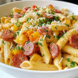 - 8 ounces pasta (penne or your choice) - 1 tablespoon olive oil - 1 medium onion, diced - 2 cloves garlic, minced - 12 ounces kielbasa, sliced - 1 cup bell peppers, diced (mixed colors) - 1 cup heavy cream - 1 cup chicken broth - 1 teaspoon Italian seasoning - Salt and pepper to taste - ½ cup grated Parmesan cheese - Fresh parsley, chopped for garnish - Alternative pasta choices: You can use spaghetti, fusilli, or even gluten-free pasta. Each type brings a unique texture and taste. - Low-fat cream options: If you want a lighter dish, use half-and-half or a low-fat cream alternative. This still gives you creaminess but cuts calories. - Vegetables to consider: Feel free to swap bell peppers for zucchini, spinach, or broccoli. These add color and nutrients to your meal. Using fresh, quality ingredients makes your dish shine. Enjoy exploring these options! {{ingredient_image_1}} To cook the pasta, start with a large pot of salted water. Bring the water to a rolling boil. Add 8 ounces of your chosen pasta, like penne. Cook it according to the package instructions for the best texture. After cooking, drain the pasta in a colander. Make sure to reserve ½ cup of the pasta water. This water is starchy and helps the sauce stick to the pasta later. Next, heat 1 tablespoon of olive oil in a large skillet over medium heat. Add 1 medium diced onion. Cook it for about 3-4 minutes until it turns soft and translucent. This step adds a sweet flavor. Now, add 2 cloves of minced garlic to the skillet. Cook it for another minute. The aroma will be wonderful! Then, add 12 ounces of sliced kielbasa to the skillet. Cook it for 5-6 minutes. You want it to brown nicely. Browning adds depth and flavor to your dish. After browning, stir in 1 cup of diced bell peppers. Cook them for 3-4 minutes until they soften. This adds color and sweetness to your pasta. Now it’s time to make the sauce. Pour in 1 cup of heavy cream and 1 cup of chicken broth. Add 1 teaspoon of Italian seasoning for flavor. Stir everything together. Let the sauce simmer for about 5 minutes. This helps it thicken up. As the sauce thickens, season it with salt and pepper to taste. Finally, add the cooked pasta and the reserved pasta water to the sauce. Mix well until everything is coated. Sprinkle ½ cup of grated Parmesan cheese on top. Stir until it melts into the creamy sauce. Plate your creamy kielbasa pasta and enjoy! To make your creamy kielbasa pasta truly special, focus on the sauce. Use heavy cream for a rich texture. Simmer it gently with the chicken broth. This helps the sauce thicken just right. Timing is key when mixing pasta and sauce. Combine them while the pasta is still warm. This helps the sauce cling better, making each bite creamy and flavorful. One common mistake is overcooking the pasta. Cook it al dente, not mushy. This keeps it firm and holds up in the sauce. Another issue is a watery sauce. To avoid this, let the sauce simmer longer. This reduces excess liquid and makes the sauce thick and luscious. Serve your creamy kielbasa pasta in a large bowl or individual plates. Top each serving with extra Parmesan cheese. A sprig of parsley adds color and freshness. For side dishes, garlic bread pairs perfectly. A simple green salad also complements this dish well, adding crunch and balance. Pro Tips Perfect Pasta: Always cook the pasta until al dente, as it will continue to cook slightly when mixed with the sauce. Flavor Boost: For extra flavor, consider adding a splash of white wine to the skillet after browning the kielbasa. Vegetable Variations: Feel free to mix in other vegetables like spinach or zucchini for added nutrition and color. Cheese Choices: Experiment with different cheeses such as Gruyère or mozzarella for a unique twist on the classic creamy sauce. {{image_2}} You can make this dish even better by adding vegetables. Seasonal veggies like zucchini, mushrooms, or asparagus work well. They add color and nutrition. Try adding spinach or kale for some healthy greens. Just stir them in during the last few minutes of cooking. This will keep them bright and fresh. If you want a change from kielbasa, try chicken or shrimp. Cook them in the same way as the kielbasa. You can also use vegetarian options, such as plant-based sausage or tofu. These choices can make the dish lighter while still being tasty. Herbs and spices can change the taste of your meal. You might add basil, thyme, or oregano for extra flavor. Different cheeses can also enhance the dish. Try using mozzarella or feta instead of Parmesan for a twist. These small changes can make your creamy kielbasa pasta unique and fun! When you have leftovers, use airtight containers. Glass or plastic containers work well. Make sure to let your pasta cool before sealing them. Store in the fridge for up to three days. This keeps the flavors fresh and tasty. For the best taste, reheat in a skillet. This method warms the pasta gently. Stir it often to avoid sticking. If you prefer the microwave, use a microwave-safe bowl. Add a splash of water or cream to keep it moist. Heat in short bursts, stirring in between, until hot. To freeze, allow the pasta to cool completely. Then, put it in freezer-safe bags or containers. Remove as much air as possible to prevent freezer burn. You can freeze it for up to three months. When you're ready to eat, thaw in the fridge overnight. Reheat on the stove or microwave until hot. To make Creamy Kielbasa Pasta, follow these main steps: 1. Cook the Pasta: Boil your choice of pasta in salted water. Drain it, but save some pasta water. 2. Sauté Onions and Garlic: Heat olive oil in a skillet. Add diced onion and cook until soft. Then add minced garlic. 3. Brown the Kielbasa: Add sliced kielbasa to the skillet. Cook until browned for flavor. 4. Add Vegetables: Toss in diced bell peppers. Cook until they soften a bit. 5. Make the Sauce: Pour in heavy cream and chicken broth. Stir in Italian seasoning and simmer. 6. Combine Pasta and Sauce: Mix cooked pasta with the sauce. Use reserved pasta water to adjust the sauce's thickness. 7. Finish with Cheese: Stir in grated Parmesan cheese until melted. Garnish with parsley. Yes, you can use various pasta types! Here are a few options: - Penne: Its shape holds sauce well. - Fusilli: Twists grab every bit of sauce. - Fettuccine: A wider noodle for a creamy bite. - Gluten-Free Pasta: Great for those with gluten issues. Each type affects the dish’s texture and how much sauce it holds. Experiment to find your favorite! You can pair your pasta with many sides: - Garlic Bread: Perfect for soaking up sauce. - Caesar Salad: Fresh greens with a creamy dressing. - Steamed Vegetables: Broccoli or green beans add nutrition. - Mixed Green Salad: Light and refreshing to balance the meal. These sides enhance your dining experience and add color to your plate. Enjoy! You learned how to make creamy kielbasa pasta step by step. We covered key ingredients, cooking tips, and how to avoid common mistakes. Remember to experiment with different vegetables and proteins to keep it fresh. This dish is easy, tasty, and adaptable for your needs. Enjoy serving this delightful meal to your family and friends. Your kitchen is ready for some creamy goodness!