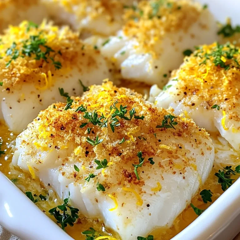 - 4 cod fillets (about 6 oz each) - 1 cup soft breadcrumbs - 1/4 cup grated Parmesan cheese - 2 tablespoons unsalted butter, melted - 2 tablespoons olive oil - 1 lemon, zested and juiced - 2 cloves garlic, minced - 1 teaspoon dried thyme - 1 teaspoon paprika - Salt and pepper to taste Boston baked cod is a simple dish with fresh flavors. The cod fillets are the star. They should be thick and firm. Look for fillets that are bright and shiny. Soft breadcrumbs create a nice, crispy top. The Parmesan cheese adds rich flavor. Fresh lemon juice brightens the dish. Garlic and thyme add warmth and depth. - Fresh herbs for garnish - Additional spices for enhanced flavor You can add fresh herbs like parsley for color. Other spices, like cayenne or dill, can enhance the taste. These optional ingredients allow you to make the dish your own. Just remember, the main goal is to keep it simple and tasty. Enjoy cooking! {{ingredient_image_1}} To start, preheat your oven to 400°F (200°C). This temperature helps the cod bake evenly and become tender. Next, grease your baking dish lightly with olive oil or butter. This step keeps the cod from sticking and makes cleanup easier. Now, let’s mix the breadcrumb topping. In a mixing bowl, combine the soft breadcrumbs, grated Parmesan cheese, melted butter, olive oil, lemon zest, minced garlic, thyme, paprika, and a pinch of salt and pepper. Stir until the mixture is moist and well combined. This topping adds great flavor and texture to the cod. Next, place the cod fillets in the greased baking dish. Squeeze fresh lemon juice over each fillet. This adds brightness and flavor. Then, season the fillets with salt and pepper. Don’t skip this step; it enhances the fish's natural taste. Now it’s time for the breadcrumb mixture. Generously spoon it over the top of each cod fillet. Press down gently to make sure it sticks well. This creates a lovely crust while baking. Bake in the preheated oven for about 15-20 minutes. The cod should be cooked through, and the topping should be golden and crispy. Keep an eye on it to avoid overcooking. Once the cod is done baking, remove it from the oven. Let it rest for a few minutes. This step allows the juices to settle. Finally, garnish your baked cod with fresh chopped parsley. This adds a pop of color and freshness to the dish. Enjoy your Boston Baked Cod! - Ensuring cod is fresh: Start with fresh cod. Look for bright, clear eyes and firm flesh. The fish should smell clean, like the ocean. Avoid any fish that smells strong or has dull eyes. - Achieving the perfect crispy topping: To get a great topping, mix breadcrumbs with melted butter and cheese. Press the mixture onto the fish firmly. Bake until golden brown. This gives a crunchy texture that everyone loves. - Ideal side dishes to pair with Boston Baked Cod: Boston Baked Cod goes well with many sides. Try roasted vegetables, mashed potatoes, or a fresh garden salad. These sides balance the flavors and add color to your plate. - Wine pairings for this dish: A crisp white wine works best. Look for a Sauvignon Blanc or a Chardonnay. These wines enhance the dish's light flavors and make the meal feel special. - Overcooking the fish: Cod cooks quickly. Keep an eye on it in the oven. If it flakes easily with a fork, it’s done. Overcooked fish can be dry and tough. Set a timer to help you keep track. - Incorrect breadcrumb consistency: If your breadcrumbs are too dry, the topping won't stick. If they are too wet, it will be mushy. Aim for a damp texture that holds together but is not soggy. This ensures a perfect, crunchy topping every time. Pro Tips Use Fresh Cod: Fresh cod fillets will yield the best flavor and texture. Look for fillets that are moist and have a mild scent of the sea. Customize the Topping: Feel free to add your favorite herbs or spices to the breadcrumb mixture for an extra flavor boost. Consider adding a touch of cayenne for heat or fresh dill for an aromatic twist. Check for Doneness: Cod is done when it flakes easily with a fork and has reached an internal temperature of 145°F (63°C). Keep an eye on it to avoid overcooking. Let it Rest: Allow the baked cod to rest for a few minutes before serving. This helps redistribute the juices and enhances the overall flavor. {{image_2}} You can easily swap out the cod fillets if you want. Try using halibut or tilapia instead. Both fish have a mild taste and cook well. They will give you a similar texture and flavor. For cheese, you can use different options. Feta or mozzarella can work great too. If you want a stronger flavor, try aged cheddar. Just remember to adjust the amount based on how strong you want the taste. To add a twist, consider fresh herbs and spices. Dill, basil, or oregano can lift the dish. A pinch of red pepper flakes will add heat. Experiment until you find your perfect mix! Besides lemon, try using lime or orange. The citrus will give a fresh and vibrant taste. You can also add a splash of white wine for depth. Just be careful not to overpower the fish. Make your dish pop by serving it on a colorful plate. You can also add a bed of sautéed greens underneath the cod. A sprinkle of fresh herbs on top adds a nice touch. For garnishing, use lemon wedges or a slice of lime. These not only look pretty but also let your guests add more flavor. Serve with a side of roasted vegetables for a bright plate that looks as good as it tastes! To keep your baked cod fresh, store it in the fridge. Place the leftover fillets in an airtight container. This keeps out air and moisture. Cod stays good for up to three days in the fridge. Always let the cod cool down before sealing it. This helps prevent condensation inside the container. When you reheat cod, you want it to stay moist. Preheat your oven to 350°F (175°C). Place the cod in a baking dish. Add a splash of water or broth to keep it juicy. Cover the dish with aluminum foil. This traps steam and prevents drying. Heat for about 10-15 minutes until warm. Check the center to ensure it's hot. Yes, you can freeze Boston Baked Cod. Wrap each fillet tightly in plastic wrap. Then, place them in a freezer bag. Be sure to remove as much air as possible. Cod can be frozen for up to two months. To use it, thaw in the fridge overnight. Then, reheat as described above for the best taste. Boston Baked Cod stays fresh in your fridge for about 2 to 3 days. To keep it fresh, store it in an airtight container. Make sure it cools down first before sealing. If you notice any strong smells or changes in color, it's best to throw it away. Reheating it gently can help bring back its taste. Yes, you can use frozen cod. Just make sure to defrost it first. Place the frozen cod in the fridge overnight or use the microwave for a quick thaw. After it’s thawed, pat it dry with paper towels. This step helps avoid excess moisture when baking. Follow the same steps in the recipe to make it just right. To check if cod is fully cooked, use a fork to flake it. The fish should easily break apart and look opaque. If it’s still translucent or sticks to the fork, it needs more time. Cod should be cooked to an internal temperature of 145°F. A meat thermometer is great for this task. Enjoy your perfectly baked cod! Boston Baked Cod is simple and tasty. We covered key ingredients, from fresh cod to tasty breadcrumbs. You learned how to prepare, cook, and add final touches for the best results. I shared tips to avoid common mistakes and ideas for side dishes. You can even alter the recipe to fit your taste. Remember these steps for storage and reheating. With a little care, you’ll enjoy this dish fresh and delicious. Dive into your cooking, and make this meal something special!