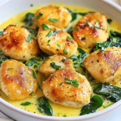 - 1 lb chicken breast, cut into bite-sized pieces - 2 tablespoons olive oil - 4 cloves garlic, minced - 1 cup heavy cream - 1 teaspoon dried Italian herbs - 1/4 cup grated Parmesan cheese - 1 cup spinach leaves, chopped - Salt and pepper to taste - Fresh parsley, chopped (for garnish) These main ingredients create a rich and tasty dish. The chicken brings protein, while the heavy cream adds creaminess. Garlic gives bold flavor, and spinach adds color and nutrients. - Salt - Pepper - Olive oil You likely keep these kitchen staples at home. They help enhance flavors and create a delicious meal. - Red pepper flakes for heat - Mushrooms for extra texture - Other greens like kale or Swiss chard Feel free to customize this recipe. Adding optional ingredients can change flavors and make it your own. {{ingredient_image_1}} First, get 1 pound of chicken breast. Cut the chicken into small, bite-sized pieces. Heat 2 tablespoons of olive oil in a large skillet over medium heat. Once the oil is hot, add the chicken pieces. Season them with salt and pepper. Cook the chicken for 5 to 7 minutes. You want it to be golden brown and fully cooked. When done, take the chicken out of the skillet and set it aside. In the same skillet, lower the heat to medium-low. Add 4 minced cloves of garlic. Sauté the garlic for about 1 minute. You want it fragrant but not burned. Next, pour in 1 cup of heavy cream. Stir the cream and garlic together. Let it simmer gently for 2 to 3 minutes. This helps the flavors mix well. Now, add 1 teaspoon of dried Italian herbs and 1/4 cup of grated Parmesan cheese. Stir continuously until the cheese melts and the sauce thickens. Add 1 cup of chopped spinach leaves to the creamy sauce. Cook until the spinach wilts, which takes about 2 minutes. Now, return the cooked chicken bites to the skillet. Make sure they are well coated with the creamy sauce. Taste the dish and adjust seasoning with more salt and pepper if needed. Cook for another 2 minutes to heat everything through. Serve warm with freshly chopped parsley on top for a nice touch. To make the sauce rich and creamy, use heavy cream. Heat the garlic gently to avoid burning. Stir the cream in slowly, letting it simmer. This helps to blend the flavors well. Add the dried Italian herbs and cheese last. This gives the sauce a nice, thick texture. Cut the chicken into small, even pieces. This helps them cook evenly and quickly. Sauté them until golden brown. This takes about 5-7 minutes. Make sure the chicken is cooked all the way through. Use a meat thermometer if needed; it should read 165°F. Garnish your dish with fresh parsley for a pop of color. Serve the chicken over pasta or rice for a complete meal. You can also use small bowls with toothpicks for a fun appetizer. Presentation matters; it makes your dish look extra special! Pro Tips Don’t Overcook the Chicken: Make sure to sauté the chicken just until golden brown and cooked through to keep it juicy and tender. Use Fresh Garlic: Fresh minced garlic adds a depth of flavor that powdered garlic cannot replicate, enhancing the dish's overall taste. Adjust the Creaminess: If you prefer a lighter sauce, substitute half of the heavy cream with chicken broth for a deliciously creamy yet lighter option. Add Extra Veggies: Feel free to incorporate other vegetables like mushrooms or bell peppers for added flavor and nutrition. {{image_2}} You can add more vegetables to this dish. Try bell peppers or broccoli. Both add color and flavor. Just chop them small so they cook quickly. Sauté them in the skillet before adding the garlic. This makes a tasty, colorful meal. You can also use zucchini or mushrooms for a different taste. For a low-carb meal, swap the heavy cream with coconut cream. This change cuts carbs and adds a nice flavor. You can also skip the pasta or rice. Serve the chicken on a bed of leafy greens instead. This keeps it light and healthy while still being delicious. To spice things up, add red pepper flakes to the sauce. Start with a pinch and adjust to your taste. You can also add diced jalapeños for a fresh kick. This adds heat and makes the dish exciting. Serve with a side of cooling ranch or yogurt dip for balance. To store your creamy garlic chicken bites, let them cool down first. Place the chicken in an airtight container. This keeps the flavors fresh. You can store them in the fridge for up to three days. If you plan to eat them later, ensure they are sealed well. When you are ready to eat, reheat the chicken on the stove. Use low heat to prevent burning. Stir the chicken often. You can add a splash of cream or broth to keep it moist. The microwave works too; just cover the dish and heat for 1-2 minutes. Check to ensure it's warm throughout. To freeze the creamy garlic chicken bites, let them cool completely. Place them in a freezer-safe bag or container. Make sure to remove as much air as possible. You can freeze them for up to three months. When ready to use, thaw in the fridge overnight. Reheat as mentioned above once thawed. You can serve creamy garlic chicken bites with many sides. Pasta is a great choice. It soaks up the sauce nicely. Fluffy rice also pairs well. If you want a lighter option, try a fresh salad. Roasted vegetables add color and nutrition. For a fun appetizer, use toothpicks and small bowls. Yes, you can make this dish dairy-free. Swap the heavy cream for coconut cream. It gives a nice flavor and richness. Use nutritional yeast instead of Parmesan cheese for a cheesy taste. Make sure to check the labels of your ingredients. Some brands have hidden dairy. The chicken is done when it reaches 165°F (75°C). Use a meat thermometer for accuracy. The chicken should be golden brown outside. Cut a piece open to check if it's white inside. If it looks pink, cook it a bit longer. Definitely! You can use turkey or pork instead of chicken. Cut them into bite-sized pieces like chicken. Adjust the cooking time based on the meat you choose. Ground meat works too, but cook it until brown and fully cooked. Enjoy mixing flavors and textures! This blog post covered how to make creamy garlic chicken bites with ease. We explored key ingredients, helpful tips, and ways to customize your dish. I shared steps for making the chicken and sauce, plus tricks for a perfect finish. Remember, you can adapt the recipe to suit your taste or dietary needs. With this guide, you're set to impress anyone with your cooking. Enjoy your kitchen adventure!
