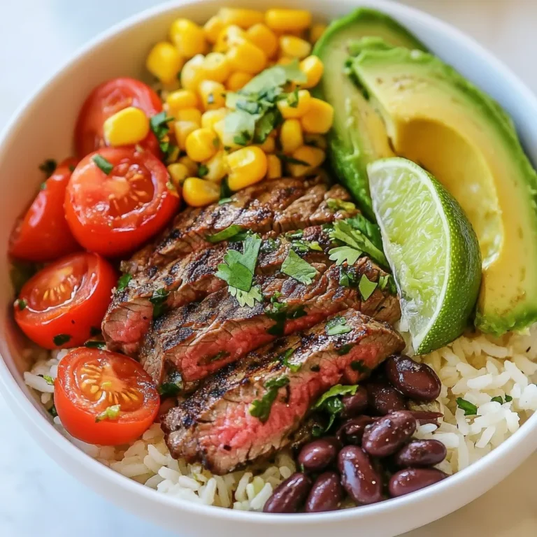 - Flank steak and marinade components - 1 lb flank steak - 1/4 cup fresh cilantro, chopped - 2 limes (juice and zest) - 2 tablespoons olive oil - 1 teaspoon cumin - 1 teaspoon paprika - 1 teaspoon garlic powder - Salt and pepper to taste - Bowl assembly ingredients - 1 cup jasmine rice - 1 can black beans, rinsed and drained - 1 cup corn (fresh or frozen) - 1 avocado, sliced - 1/2 cup cherry tomatoes, halved - Optional toppings and garnishes - Sour cream (optional, for topping) - Extra cilantro for garnish You will need fresh ingredients to get the best flavor. Flank steak gives a nice texture and taste. The marinade blends lime, cilantro, and spices for a zesty kick. Jasmine rice acts as a perfect base. Black beans and corn add fiber and sweetness. Avocado and tomatoes bring freshness. Finally, sour cream and extra cilantro add creaminess and color. Each ingredient plays a role in making your bowl tasty and fun. {{ingredient_image_1}} To start, you need to mix the marinade. In a small bowl, combine the lime juice, lime zest, chopped cilantro, olive oil, cumin, paprika, garlic powder, salt, and pepper. Stir it well until all the ingredients blend together. Next, take your flank steak and place it in a zip-lock bag. Pour the marinade over the steak. Seal the bag tightly to keep the flavors in. Store it in the refrigerator. I recommend marinating for at least 30 minutes but up to 2 hours for the best taste. For perfect jasmine rice, use a medium saucepan. Combine 1 cup of jasmine rice with 2 cups of water. Add a pinch of salt to enhance the flavor. Bring the water to a boil, then cover the pan. Lower the heat and let it simmer for about 15 minutes. This will let the rice absorb all the water. Once done, fluff the rice with a fork. Set it aside while you prepare the steak. Get your grill ready by heating it over medium-high heat. Remove the steak from the marinade and throw away the marinade. Place the steak on the grill. Cook it for about 3-5 minutes on each side for medium-rare. Adjust the time based on how well you like your steak. Once cooked, let the steak rest for 5 minutes. This helps keep it juicy. Slice it against the grain for the best texture. Now, it’s time to build your bowls. Start with a scoop of jasmine rice at the bottom. Add a portion of black beans and some corn on top. Then, place the sliced steak over the beans. Follow this with slices of avocado and halved cherry tomatoes. Drizzle extra lime juice if you want a bit more zing. To finish, add a dollop of sour cream on top if you like. Sprinkle some extra cilantro for a fresh touch. Serve the bowls immediately for the best taste and texture. For a great steak bowl, flank steak works best. It has a strong flavor and absorbs marinades well. Look for meat that is bright red with even marbling. This marbling adds fat, making it tender and juicy. Always pick a cut that is at least one inch thick. To ensure tenderness, let the steak rest after cooking. This helps keep the juices inside. Also, slice the steak against the grain. This makes each bite softer and easier to chew. To boost flavor, try adding fresh herbs like parsley or mint. You can also mix in spices such as chili powder or oregano for extra zest. A squeeze of fresh lime juice just before serving can brighten the dish. Homemade sauces can add depth too. A simple yogurt sauce with lime and garlic can be refreshing. You can also try a spicy salsa or chimichurri for a punch of flavor. For added nutrition, consider adding greens like spinach or kale. You can also include roasted vegetables, such as bell peppers or zucchini, for color and taste. When serving, be creative! Arrange the ingredients in a colorful way in the bowl. Use a scoop of rice as the base, then layer the beans, corn, and steak on top. Finish with avocado slices and cherry tomatoes for a vibrant look. This makes the dish not only tasty but beautiful too! Pro Tips Marinating Time: For the best flavor, marinate the steak for at least 2 hours. If you're short on time, even 30 minutes will add some flavor, but longer is better! Resting the Steak: Always let the steak rest for at least 5 minutes after grilling. This allows the juices to redistribute, ensuring each bite is juicy and tender. Rice Perfection: Rinse the jasmine rice before cooking to remove excess starch. This will help achieve a fluffier texture and prevent the grains from sticking together. Customize Your Bowls: Feel free to add other toppings like diced bell peppers, jalapeños, or shredded cheese to make your steak bowls even more delicious! {{image_2}} For a vegetarian or vegan twist, you can swap flank steak with grilled tofu or tempeh. Both options soak up flavors well and provide a good texture. You could also use jackfruit, which mimics shredded meat. If you want more protein, add chickpeas, lentils, or edamame. These options keep your bowl filling and rich in nutrients. If you want to switch up the base, try quinoa instead of jasmine rice. Quinoa is high in protein and adds a nutty flavor. Cauliflower rice is another great choice. It cuts carbs and creates a light, fresh feel. You can also use farro or barley for a chewy texture. Each option gives your bowl a unique taste. Change the citrus for a different zing. You can use orange or grapefruit juice for sweetness. Fresh herbs like mint or basil can add a fun twist. For heat, try jalapeños or a dash of hot sauce. Adjusting flavors can create a whole new dish, keeping things exciting. Mix and match to find your favorite balance. After you enjoy your cilantro lime steak bowls, store any leftovers in the fridge. Place them in an airtight container. This keeps the food fresh and safe. Consume the leftovers within three days for the best taste and quality. You can freeze components of your steak bowls for later use. For the best results, freeze the grilled steak, rice, and beans separately. Wrap each item tightly in plastic wrap and then place them in freezer bags. To eat, thaw overnight in the fridge. Reheat the steak on the grill or in a pan. Warm the rice and beans in the microwave or on the stove. To save time during busy weeks, prep your cilantro lime steak bowls ahead of time. Marinate the steak and cook the rice in advance. Store them in the fridge until you need them. You can also chop the veggies, like tomatoes and avocado, a day before serving. This way, you can assemble your bowls quickly when it's time to eat. To check the doneness of your steak, look for these signs: - Medium-rare: The steak feels soft and springs back. - Medium: The steak is firmer and has a bit of resistance. - Well-done: The steak feels very firm to the touch. Using a meat thermometer is the best way to be sure. Insert it into the thickest part of the steak. Aim for: - 130°F for medium-rare - 145°F for medium - 160°F for well-done Yes, you can marinate the steak overnight. This gives more flavor. I recommend a minimum of 30 minutes, but 1-2 hours is best. If you choose to marinate overnight, ensure it is in the fridge. This keeps it safe to eat. If you want alternatives to black beans, try these options: - Pinto beans - Chickpeas - Lentils - Cooked quinoa These options add protein and texture too! While fresh cilantro gives great flavor, you can use dried cilantro. However, use less dried than fresh. Dried herbs are stronger. A general rule is to use one-third of the amount. Fresh cilantro brightens your dish. If you love its taste, I recommend using it! Absolutely! You can add many toppings to make your bowl unique. Here are some ideas: - Sliced jalapeños for spice - Grated cheese for creaminess - Roasted vegetables for extra flavor - Sliced radishes for crunch Feel free to mix and match toppings to find your favorite combination! In this blog post, we explored how to create delicious steak bowls. We covered ingredients, marinating techniques, and cooking methods. Each step helps you build flavor and texture for a great meal. Remember to choose the right steak and don’t skip the toppings; they add exciting flavors. You can even customize the bowl for diet needs or personal taste. Enjoy your cooking journey, and have fun experimenting with different ingredients!