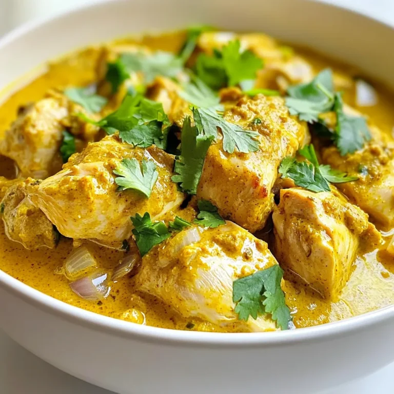 For this easy chicken korma, you will need: - 500g boneless chicken thighs, cut into bite-sized pieces - 1 onion, finely sliced - 2 cloves garlic, minced - 1 tablespoon ginger, grated - 3 tablespoons plain yogurt - 1 cup coconut milk - 2 tablespoons vegetable oil - 2 tablespoons ground almonds - 1 tablespoon garam masala - 1 teaspoon ground cumin - 1 teaspoon ground coriander - ½ teaspoon turmeric - Salt to taste - Fresh cilantro, for garnish These ingredients create a rich and creamy dish. The chicken thighs soak up all the flavors. You can add optional ingredients if you want to change the flavor. Here are some ideas: - Chili powder: for heat, or use fresh chilies for a spicy kick. - Peas: add them for color and texture. - Cashew cream: use it for a nutty taste instead of coconut milk. - Spinach: mix in fresh spinach for extra nutrients. If you don't have an ingredient, substitutes work well. For example, swap yogurt with sour cream. Choosing fresh ingredients makes a big difference. Here are some tips: - Chicken: Look for bright color and no bad smell. Choose thighs for tenderness. - Onion: Pick firm onions without soft spots or blemishes. - Spices: Check the expiration date. Fresh spices enhance the flavor. - Cilantro: Choose vibrant green leaves. Avoid yellow or wilting leaves. When you select fresh ingredients, your chicken korma will taste even better. Enjoy cooking! {{ingredient_image_1}} Start by cutting 500g of boneless chicken thighs into bite-sized pieces. In a bowl, mix the chicken with 3 tablespoons of plain yogurt, ½ teaspoon of turmeric, and salt to taste. This will help tenderize the meat. Make sure to coat the chicken well. Let it marinate for at least 30 minutes. This step is key for flavor. Heat 2 tablespoons of vegetable oil in a large skillet over medium heat. Once hot, add 1 finely sliced onion. Cook until it turns golden brown, which should take about 5-7 minutes. This gives the base a sweet flavor. Next, stir in 2 cloves of minced garlic and 1 tablespoon of grated ginger. Cook these for 1-2 minutes until they smell great. Now, add your marinated chicken to the skillet. Cook it until it turns white, which takes about 5 minutes. This helps lock in the juices. Sprinkle 1 tablespoon of garam masala, 1 teaspoon of ground cumin, and 1 teaspoon of ground coriander over the chicken. Cook for another 2 minutes to toast the spices. This step boosts the aroma and flavor of the dish. Pour in 1 cup of coconut milk and add 2 tablespoons of ground almonds. Stir everything together and bring it to a gentle simmer. Reduce the heat to low. Cover the skillet and let it cook for 20 minutes. This allows the chicken to become tender. Before serving, check the seasoning and add more salt if needed. For a fresh touch, garnish with chopped cilantro. Enjoy your meal! To make your chicken korma truly shine, start with marinating the chicken. Use yogurt, turmeric, and salt. This step adds depth and flavor. Let it marinate for at least 30 minutes. For more punch, add extra spices like garam masala while cooking. Don't rush when cooking the garlic and ginger. They should be fragrant and lightly browned. Lastly, adjust the salt before serving to enhance all the flavors. One common mistake is skipping the marination. This step is key for tender meat. Another mistake is using low-quality spices. Fresh spices give your korma a vibrant taste. Be careful not to overcook the chicken. It should be tender but not dry. Lastly, avoid adding too much coconut milk at once. Gradually mix it in for a creamy texture. Serve your chicken korma with fluffy basmati rice or warm naan. Rice soaks up the sauce well. For drinks, try a mild mango lassi or a light beer. They balance the spices in the dish. Fresh cilantro as a garnish adds color and freshness. You can also add a side salad for crunch. This makes your meal more balanced and fun! Pro Tips Marinate for Flavor: Allow the chicken to marinate for at least 1 hour, or preferably overnight, for deeper flavor absorption. Adjust Spice Levels: Feel free to adjust the amount of garam masala and other spices to suit your taste preferences. Thicken the Sauce: If you prefer a thicker sauce, let it simmer uncovered for the last 10 minutes of cooking. Fresh Herbs Enhance Flavor: Use fresh cilantro not only as a garnish but also as an ingredient during cooking for a burst of freshness. {{image_2}} You can easily make a vegetarian version of chicken korma. Simply swap the chicken for vegetables. I love using chickpeas, potatoes, or cauliflower. These add great texture and flavor. You can also use tofu or tempeh for protein. Just follow the same steps in the recipe, and enjoy! Do you want less spice? Start with less garam masala, cumin, and coriander. You can also leave out the ginger and garlic if you prefer milder flavors. If you love heat, add a pinch of red chili powder or fresh green chilies. Taste as you go to find the right balance for you. Feel free to get creative with your korma! You can replace coconut milk with cream for a richer taste. Almonds can be swapped out for cashews if you prefer. Adding dried fruits like raisins or apricots can give a sweet twist. Fresh herbs like mint or basil can brighten the dish, too! To store your Easy Chicken Korma, let it cool first. This helps keep the dish fresh. Use an airtight container to keep out air. You can store it in the fridge for up to three days. Make sure to label the container with the date. This way, you know how long it has been there. When you are ready to eat your leftovers, reheat the Chicken Korma gently. You can use a microwave or a stovetop. If using a microwave, place it in a bowl and cover it. Heat it for about two minutes. Stir halfway through to make sure it warms evenly. On the stovetop, heat it in a pan over low heat. Stir often to avoid sticking. If you want to keep Chicken Korma longer, freezing is a great option. Place it in a freezer-safe container or a zip-top bag. Remove as much air as possible before sealing. It can last up to three months in the freezer. When you are ready to eat, thaw it in the fridge overnight. Reheat it on the stove or in the microwave as mentioned above. Enjoy your tasty Chicken Korma again! Chicken Korma is a rich and creamy dish from India. It features tender chicken cooked in a sauce made with yogurt, spices, and coconut milk. This dish often includes nuts like ground almonds, which add a nice texture. Korma is known for its warm, aromatic flavors. It is perfect for a cozy dinner. Yes, you can make Chicken Korma in advance. Prepare the dish and let it cool. Store it in the fridge for up to three days. When ready to eat, heat it gently on the stove. This allows the flavors to meld nicely. It’s a great option for busy days. Easy Chicken Korma is mild to medium in spice. The main spices are garam masala, cumin, and coriander, which add warmth without too much heat. If you prefer more spice, you can add chili powder. Taste the dish as you cook to find your perfect level. You can serve Chicken Korma with various sides. Here are some great options: - Basmati rice - Naan bread - Roti - A fresh salad - Steamed vegetables These sides balance the rich sauce and create a full meal. Enjoy your dinner! You now have all the tools to make a tasty Chicken Korma. We covered key ingredients, step-by-step cooking, and helpful tips. Remember to choose fresh ingredients for the best flavors. Don’t forget to avoid common mistakes and try different variations. Proper storing and reheating can keep your dish enjoyable longer. With these steps, you can impress everyone at your table. Enjoy creating your delicious Chicken Korma and share your yummy results!