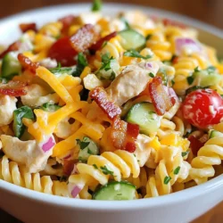 - Rotini pasta: This is the star of our dish. Rotini's twisted shape holds the creamy dressing well. It gives each bite a good mix of flavors. You want to cook it until it's al dente for the best texture. - Protein choices: You can use cooked chicken breast for a hearty option or turkey bacon for a lighter choice. Both add great flavor. Chicken is juicy, while turkey bacon has a nice crunch. - Fresh vegetables: Adding cherry tomatoes, cucumber, and red onion brings a fresh crunch to the salad. The tomatoes add sweetness. The cucumber gives a cool bite, and the onion adds sharpness. - The creamy dressing needs just a few simple items. You will mix mayonnaise, Dijon mustard, and lemon juice. This combo makes the dressing smooth and tangy. - Seasoning is key. Salt and pepper balance the flavors. The lemon juice brightens everything up, making each bite pop. - Fresh herbs like parsley are perfect for adding flavor. They also make the dish look fresh and colorful. - To present your salad nicely, try serving it in a large bowl. You can also use mason jars for a fun touch. A slice of tomato or a sprinkle of parsley on top makes it look appealing. {{ingredient_image_1}} To cook rotini pasta perfectly, bring a large pot of salted water to a boil. Add the rotini and cook according to the package instructions until it is al dente. This means the pasta should be firm to the bite. Once done, drain the pasta in a colander. Rinse it under cold water to stop the cooking process quickly. This cooling step helps keep the pasta from getting mushy. Start mixing your salad by adding the cooled pasta to a large mixing bowl. Then, add the cooked chicken, bacon bits, cherry tomatoes, cucumber, cheddar cheese, and red onion. It’s best to add these ingredients in this order for even distribution. Next, in a separate bowl, whisk together the mayonnaise, Dijon mustard, lemon juice, salt, and pepper. Pour this dressing over the pasta mixture. Toss everything gently until all the ingredients are well-coated with the dressing. Refrigerating the salad is key for flavor development. This helps all the tastes blend together. Cover the salad and chill it for at least 30 minutes. For the best results, you can chill it longer. The longer it sits, the better the flavors become. Before serving, sprinkle fresh chopped parsley on top for a nice touch. To make your dressing just right, taste it as you mix. Add more lemon juice for a zesty kick. If you want it creamier, add more mayonnaise. You can also mix in Greek yogurt for a lighter touch. To boost flavor without adding calories, consider using fresh herbs. Chopped basil or dill adds a fresh twist. You can also use spices like garlic powder or smoked paprika for depth. Serving Club Sandwich Pasta Salad can be fun! You can use a large bowl for a family meal. For gatherings, try individual mason jars. This makes it easy for guests to grab a serving. You can also serve it on a bed of lettuce for a crisp bite. A sprinkle of extra cheese on top can make it pop. One big mistake is overcooking your pasta. Cook it until it's al dente, so it stays firm. This helps the pasta hold up in the salad. Another mistake is not getting the dressing right. If it’s too thick, it won’t coat the pasta well. Add a splash of water or extra lemon juice to thin it out. Keeping these tips in mind will make your pasta salad shine! Pro Tips Cook Pasta Al Dente: Be sure to cook the rotini pasta until it’s al dente for the best texture in your salad. Use Fresh Ingredients: Opt for fresh vegetables and herbs to enhance the flavor and appearance of your pasta salad. Chill Before Serving: Allow the pasta salad to chill for at least 30 minutes to let the flavors meld together beautifully. Experiment with Dressings: Feel free to experiment with different dressings like ranch or vinaigrette for a unique twist. {{image_2}} You can easily change the proteins in this dish. If you prefer turkey, swap the chicken for diced turkey breast. For a vegetarian option, use chickpeas or tofu. These swaps keep the flavor while catering to your needs. Mixing in different veggies also adds variety. Try bell peppers or snap peas for crunch. You can even add corn for a sweet touch. Feel free to experiment with what you have on hand. For a fun twist, change the dressing. Use ranch or Italian dressing for a different flavor. You can even add pesto for a fresh taste. These changes can make simple meals more exciting. This pasta salad also works great for meal prep. Make a big batch and store it in jars. You'll have easy lunches for the week. Just grab a jar and enjoy! Using seasonal vegetables can make this dish even better. In spring, add asparagus or peas for freshness. In fall, consider roasted squash or Brussels sprouts. These ingredients bring new flavors and colors. You can also adjust the protein based on what you find. Fresh, local options often taste best. This keeps the meal exciting and helps you use what's in season. To keep your Club Sandwich Pasta Salad fresh, store it in the refrigerator. Use an airtight container. This helps keep the salad from drying out. Always let it cool before sealing. This prevents condensation from making it soggy. Can You Freeze Club Sandwich Pasta Salad? You can freeze this salad, but it's not ideal. The texture of the ingredients may change. If you want to freeze it, do so right after making it. Tips for thawing and reviving flavors When you thaw the salad, do it in the fridge overnight. This keeps the flavors intact. After thawing, check the texture. You may want to add fresh ingredients like tomatoes or parsley for extra freshness. How long does it stay fresh? In the fridge, the pasta salad will stay fresh for about 3 to 5 days. If you freeze it, it can last up to 2 months. Signs of spoilage to watch for Look for changes in color or smell. If it smells off or has a slimy texture, it's best to throw it away. Always trust your senses when checking for freshness. If you want a lighter option, try using Greek yogurt. It gives a creamy texture and adds protein. You can also mix sour cream and mustard for a tangy twist. Another choice is avocado. It adds healthy fats and a nice green color. Yes, you can prepare this pasta salad a day before serving. Just mix all the ingredients and store it in the fridge. This helps the flavors blend well. When you are ready to serve, give it a quick stir. If it seems dry, add a splash of dressing. Yes, you can make this pasta salad gluten-free. Just use gluten-free rotini pasta. Many brands offer great options made from rice or corn. They taste good and hold the dressing well, giving you the same yummy experience. In this blog post, we explored the key ingredients and steps to make a delicious Club Sandwich Pasta Salad. We discussed the importance of rotini pasta, protein choices like chicken and turkey bacon, and fresh veggies for texture. I shared tips for cooking, mixing, and chilling your salad for the best flavor. Remember, you can customize your dish with different proteins, dressings, and seasonal veggies. By storing it properly, you’ll keep it fresh longer. Enjoy making your pasta salad—it’s easy and tasty!
