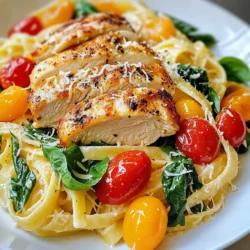 To make Easy Marry Me Chicken Pasta, gather these items: - 2 boneless, skinless chicken breasts - 8 oz fettuccine pasta - 1 tablespoon olive oil - 3 cloves garlic, minced - 1 cup cherry tomatoes, halved - 1 cup heavy cream - 1 cup spinach leaves - 1/2 cup grated Parmesan cheese - 1 teaspoon Italian seasoning - Salt and pepper to taste - Fresh basil leaves for garnish If you need to swap some ingredients, here are a few ideas: - Use chicken thighs instead of chicken breasts for more flavor. - Swap fettuccine with any pasta shape you like, such as penne or spaghetti. - Replace heavy cream with half-and-half for a lighter option. - Use sun-dried tomatoes instead of fresh cherry tomatoes for a different taste. - Spinach can be replaced with kale or arugula if you prefer. Choosing fresh ingredients makes your dish taste great. Here are some tips: - Chicken: Look for bright pink chicken with no smell. Avoid any that looks gray. - Pasta: Check the package for a date. Choose pasta that is fresh and not broken. - Garlic: Pick firm garlic bulbs with no sprouts. They should feel heavy for their size. - Cherry Tomatoes: Choose tomatoes that are bright and firm. Avoid any with wrinkles or spots. - Spinach: Fresh spinach should have vibrant green leaves with no yellowing. - Parmesan Cheese: Select cheese that is hard and has a strong smell. Grate it fresh for the best taste. Using these tips ensures your Easy Marry Me Chicken Pasta stands out with flavor and freshness! {{ingredient_image_1}} Start by boiling water in a large pot. Add a pinch of salt. Once the water boils, add 8 ounces of fettuccine pasta. Cook it according to the package instructions, usually about 10 minutes. Stir occasionally to keep it from sticking. When done, drain the pasta and set it aside. In a large skillet, heat 1 tablespoon of olive oil over medium heat. While it heats, season 2 boneless, skinless chicken breasts with salt, pepper, and 1 teaspoon of Italian seasoning. Place the chicken in the skillet when the oil shimmers. Cook for 6-7 minutes on each side. The chicken should be golden brown and cooked through. Remove it from the skillet and let it rest. In the same skillet, add 3 minced garlic cloves. Sauté for 1 minute, stirring to avoid burning. Next, add 1 cup of halved cherry tomatoes. Let them cook for about 3-4 minutes until they soften. Pour in 1 cup of heavy cream and stir well. Allow the sauce to simmer for 2-3 minutes until it thickens slightly. Add 1 cup of spinach leaves, stirring until they wilt. Mix in 1/2 cup of grated Parmesan cheese until it melts and becomes smooth. Slice the cooked chicken and return it to the skillet. Toss it in the creamy sauce. Add the drained fettuccine pasta and gently stir until the pasta is well coated. Serve immediately and add fresh basil leaves on top for a burst of flavor and color. To cook chicken well, start with even thickness. Use a meat mallet if needed. Season with salt, pepper, and Italian seasoning. Heat olive oil in a skillet. When the oil shimmers, add the chicken. Cook for 6-7 minutes on each side. Look for a golden color. Use a meat thermometer to check the internal temp. It should reach 165°F. Rest the chicken before slicing. This keeps it juicy. To change the flavor, think about your taste. Add more garlic for a bolder taste. If you like heat, add red pepper flakes. Fresh herbs like thyme or oregano can brighten the dish. You can swap the cherry tomatoes for sun-dried ones for a richer flavor. Taste the sauce before serving, and adjust salt and pepper as needed. For a creamier sauce, use more heavy cream. You can also add cream cheese or mascarpone cheese for richness. Stir in cheese slowly to avoid lumps. If you want a hint of tang, add a splash of lemon juice. This will lift the flavors and make it smooth. Always stir well for even consistency. Pro Tips Perfectly Cooked Chicken: Make sure the chicken breasts are of even thickness; you can use a meat mallet to pound them if necessary. This ensures even cooking and prevents dryness. Enhance the Flavor: For an extra depth of flavor, consider marinating the chicken in olive oil, garlic, and Italian herbs for 30 minutes before cooking. Cream Sauce Consistency: If your sauce is too thick, add a splash of pasta water to achieve the desired creaminess. The starch in the water helps bind the sauce to the pasta. Garnishing with Fresh Herbs: Fresh basil not only adds a beautiful touch but also brightens the dish. Tear the leaves rather than chopping them to release more flavor and aroma. {{image_2}} You can easily switch this dish to a vegetarian version. Instead of chicken, use chickpeas or tofu. They add protein and texture. For the sauce, keep the heavy cream or swap it for a plant-based cream. You can also add more veggies like mushrooms or bell peppers for extra flavor. If you need a gluten-free meal, choose gluten-free pasta. Many brands offer great options that taste just as good. For the sauce, make sure your heavy cream is gluten-free. Most are, but always check the label. You can add gluten-free flour to thicken the sauce if needed. Feel free to get creative with vegetables. You can toss in zucchini, asparagus, or broccoli. Just add them to the skillet with the garlic. Cook until they are tender, then mix them into the sauce. This not only boosts nutrition but also adds great color and flavor to your dish. To store your leftover Easy Marry Me Chicken Pasta, let it cool first. Place it in an airtight container. This keeps the pasta fresh and tasty. You can store it in the fridge for up to three days. Make sure to label the container with the date. This helps you keep track of freshness. When you're ready to enjoy the leftovers, reheating is easy. You can use a microwave or stovetop. If using a microwave, place the pasta in a bowl. Add a splash of water or cream to keep it moist. Heat in short bursts, stirring in between, until warm. If you prefer the stovetop, add the pasta to a skillet over medium heat. Stir often, adding a little cream if needed. This will help revive the creamy sauce. If you want to save some for later, freezing works well too. First, let the pasta cool completely. Then, transfer it to a freezer-safe container. You can also use freezer bags. Squeeze out as much air as you can. Label the container with the date. The pasta can be frozen for up to three months. To eat, thaw it in the fridge overnight before reheating. This keeps the flavors intact, making it taste almost fresh! Marry Me Chicken is a creamy chicken dish. It features tender chicken breasts in a rich sauce. The sauce includes garlic, cherry tomatoes, and spinach. This dish is named for its delicious flavor. Many say it's so good, it could win a heart! Yes, you can make this recipe ahead of time. Cook the chicken and sauce, then store them separately. Keep the pasta in the fridge as well. When ready to serve, just reheat everything. This makes dinner prep easy and quick! The chicken is fully cooked at 165°F (75°C). Use a meat thermometer to check the center. It should not be pink inside. The chicken should feel firm to the touch and juices should run clear. You can serve Marry Me Chicken Pasta with a simple salad. Garlic bread pairs well too. For a light side, try steamed vegetables. Any of these options will balance the meal nicely! We covered the key ingredients, cooking steps, and helpful tips for Marry Me Chicken Pasta. You can customize this dish with many variations, like vegetarian and gluten-free options. Storing and reheating leftovers is easy, ensuring you enjoy this meal later. Remember, the secret to great recipes starts with fresh ingredients. Try these tips and make this dish your own. Enjoy cooking and sharing this delightful meal!