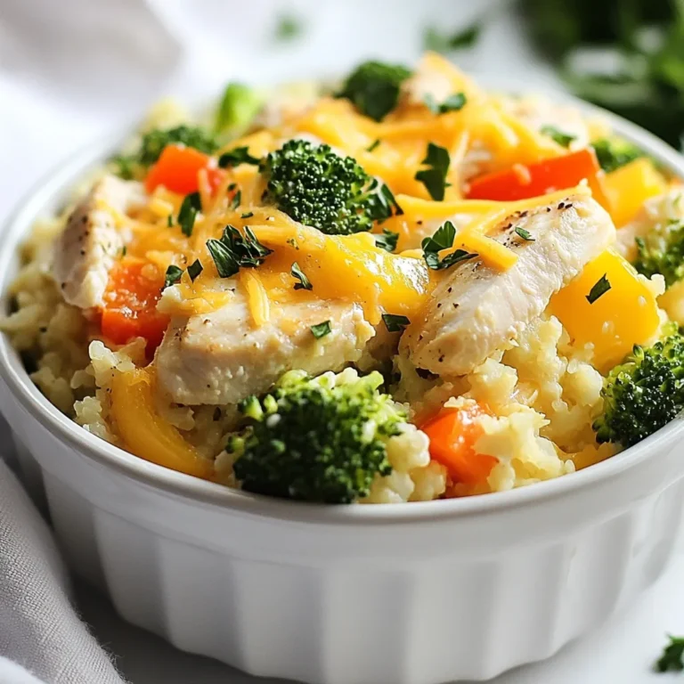 To make a Healthy Chicken Cauliflower Rice Casserole, you will need a few key ingredients. Here’s what you need: - 2 cups cauliflower rice (fresh or frozen) - 1 pound boneless, skinless chicken breast, cubed - 1 cup broccoli florets - 1 cup bell peppers, diced (any color) - 1 small onion, chopped - 2 cloves garlic, minced - 1 cup low-sodium chicken broth - 1 cup Greek yogurt - 1 teaspoon dried oregano - 1 teaspoon paprika - Salt and pepper to taste - 1 cup shredded low-fat cheese (optional) - 2 tablespoons olive oil Each ingredient adds flavor and nutrition. Cauliflower rice serves as a low-carb base. Chicken breast provides protein. Broccoli and bell peppers add color and vitamins. Onion and garlic bring depth to the dish. Chicken broth keeps it moist. Greek yogurt adds creaminess. Seasonings like oregano and paprika enhance taste. You can top it with cheese for extra richness. Gather these ingredients before you start cooking. This makes the process smooth and fun. Enjoy cooking this healthy dish! {{ingredient_image_1}} - Pre-heating the Oven Start by setting your oven to 375°F (190°C). This helps the casserole cook evenly. - Sautéing Onions and Garlic In a large skillet, heat 2 tablespoons of olive oil over medium heat. Add 1 chopped onion and 2 minced garlic cloves. Cook until the onion turns translucent, about 3-4 minutes. - Cooking the Chicken Next, add 1 pound of cubed boneless, skinless chicken breast to the skillet. Season with 1 teaspoon of dried oregano, 1 teaspoon of paprika, and salt and pepper to taste. Cook the chicken until it turns brown and is fully cooked, about 5-7 minutes. - Adding Vegetables and Broth Now, stir in 2 cups of cauliflower rice, 1 cup of broccoli florets, and 1 cup of diced bell peppers. Pour in 1 cup of low-sodium chicken broth and mix well. Cook this mixture for an additional 5 minutes until the veggies are tender. - Incorporating Greek Yogurt In a separate bowl, mix 1 cup of Greek yogurt with a pinch of salt and pepper. After the skillet mixture is done cooking, remove it from heat. Stir in the yogurt until everything is well combined. - Assembling in Baking Dish Transfer the mixture to a baking dish. If you want extra creaminess, sprinkle 1 cup of shredded low-fat cheese on top. - Baking Duration and Temperature Place the dish in the oven and bake for 20-25 minutes. Look for the casserole to be heated through and the cheese melted and bubbly, if you used it. - Ensuring Chicken is Properly Cooked: To make sure your chicken is cooked well, use a meat thermometer. The chicken should reach 165°F (75°C). This step keeps it safe and juicy. Be mindful not to overcook it, or it will become dry. - How to Perfect Cauliflower Rice: If you use fresh cauliflower, pulse it in a food processor until it looks like grains of rice. For frozen, just thaw and drain any excess water. This helps the casserole stay firm and not watery. - Timing for Adding Vegetables: Add the broccoli and bell peppers after the chicken is browned. This timing keeps them crisp and colorful. Cooking them too long makes them mushy and less tasty. - Garnishing Ideas: Add fresh parsley or chives on top of the casserole for bright color. This also adds a fresh taste that lifts the dish. - Pairing with Sides: Serve with a green salad or steamed veggies. Both add nutrition and balance to your meal. Try a light vinaigrette to complement the flavors. - Optimal Storage Practices: Store leftovers in airtight containers. This keeps the casserole fresh for up to three days in the fridge. For long-term storage, freeze portions in freezer bags for up to three months. Pro Tips Use Fresh Cauliflower Rice: For the best texture and flavor, try using fresh cauliflower rice instead of frozen. It tends to hold up better in casseroles and adds a nice crunch. Customize Your Vegetables: Feel free to swap in your favorite vegetables or whatever you have on hand. Zucchini, spinach, or mushrooms can be great additions. Make Ahead: This casserole can be prepared in advance. Assemble it, cover, and refrigerate for up to 24 hours before baking. Just add a few extra minutes to the baking time. Check for Doneness: Ensure the chicken is fully cooked by checking that it reaches an internal temperature of 165°F (74°C) before serving. {{image_2}} Alternative Protein Options You can swap chicken for turkey or tofu. Both provide great protein. If you want a meat-free option, try chickpeas or lentils. They add texture and flavor. Dairy-Free Versions For a dairy-free dish, replace Greek yogurt with cashew cream or coconut yogurt. These substitutes keep the casserole creamy without dairy. You can also skip the cheese or use a dairy-free cheese alternative. Vegetables Swap Ideas Feel free to mix in different veggies. Zucchini, carrots, or spinach work well. They add color and nutrition. Just ensure they are cut small enough to cook through in time. Spices and Herbs Get creative with spices! Try cumin, thyme, or even a pinch of chili powder. Fresh herbs like basil or parsley can also add a burst of flavor. Experiment to find your favorite mix. Adding Crunch For added texture, top your casserole with crushed nuts or seeds. Almonds or sunflower seeds bring a nice crunch. You can also use panko breadcrumbs mixed with olive oil for a crispy topping. Sauce Variations Mix in your favorite sauce for extra flavor. A splash of soy sauce or hot sauce can change the whole dish. You could also use a barbecue sauce for a smoky twist. To keep your chicken cauliflower rice casserole fresh, follow these tips: - Refrigerating Tips: Place any leftovers in an airtight container. Store them in the fridge. They will stay good for up to 3 days. Make sure the casserole cools before sealing to avoid condensation. - Freezing Instructions: You can freeze the casserole for later. Use a freezer-safe container or wrap it tightly in plastic wrap. It will last for about 2 months in the freezer. For best results, freeze it before baking. When it’s time to enjoy your leftovers, use these methods: - Best Methods for Reheating: The oven is the best way to reheat the casserole. Preheat it to 350°F (175°C). Place the casserole in a baking dish, cover it with foil, and heat for about 20 minutes. You can also use a microwave for quick reheating. Heat in short bursts to avoid overcooking. - Ensuring Optimal Texture: To keep the texture nice, cover the dish while reheating. This prevents the top from drying out. If you like it crispy, uncover it for the last few minutes. Enjoy your warm and tasty meal! Can I use frozen cauliflower rice? Yes, you can use frozen cauliflower rice. It makes prep easy and quick. Just add it straight from the bag. No need to thaw it first. How do I make it dairy-free? To make the casserole dairy-free, swap Greek yogurt with a dairy-free yogurt. You can also skip the cheese or use a dairy-free option. What is the nutritional information per serving? Each serving has about 280 calories. This includes 30 grams of protein, 10 grams of carbs, and 10 grams of fat. It's a healthy choice for a meal. Why is my casserole watery? Your casserole may be watery if you add too much broth. Use just one cup, and let the veggies cook down. This helps to keep it thick. How do I ensure the chicken is tender? To keep chicken tender, cook it until it is just done. Use a meat thermometer to check that it reaches 165°F. Can I prepare this casserole in advance? Yes, you can prepare this casserole ahead of time. Assemble it and cover it with foil. Store it in the fridge for up to two days before baking. How long does it stay fresh in the fridge? The casserole stays fresh in the fridge for about 3 to 4 days. Just reheat it in the oven when you are ready to enjoy it again. This blog post covered a tasty chicken casserole recipe using simple ingredients like cauliflower rice and broccoli. I shared step-by-step instructions, helpful tips, and serving ideas. Remember to check cooking times and ensure your chicken is cooked well. You can also customize the recipe with different proteins and flavors. Store your leftovers properly to enjoy them later. Cooking can be fun, and this dish proves it. Dive in, get creative, and enjoy your meal!
