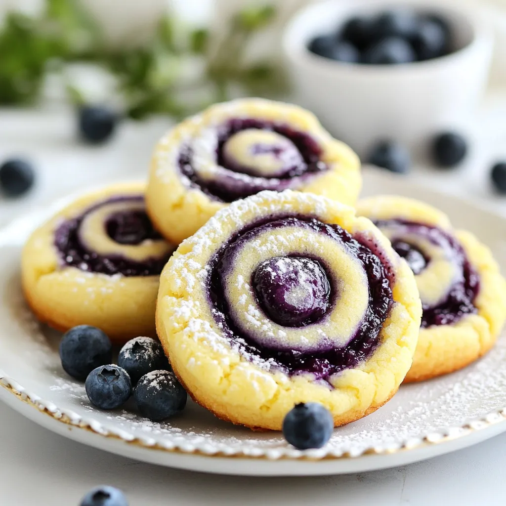 To make Blueberry Cheesecake Swirl Cookies, you will need a few simple ingredients. Each one plays a key role in making these cookies tasty and fun. Here’s what you need: - 1 cup all-purpose flour - 1/2 teaspoon baking soda - 1/4 teaspoon salt - 1/4 cup unsalted butter, softened - 1/4 cup cream cheese, softened - 1/2 cup granulated sugar - 1/2 teaspoon vanilla extract - 1 egg - 1/2 cup fresh blueberries - 1 tablespoon lemon juice - 2 tablespoons powdered sugar (for blueberry swirl) Each ingredient adds flavor and texture. The flour gives the cookies structure. Baking soda helps them rise and become fluffy. Salt enhances the sweetness of the sugar. Softened butter and cream cheese create a rich, creamy base. They make the cookies taste like cheesecake. Sugar adds sweetness, while vanilla gives a warm, inviting flavor. The egg binds all the ingredients together. Fresh blueberries are the stars of the show. Their juice creates a beautiful swirl. Lemon juice brightens the flavor, making it zesty. Finally, powdered sugar mixes with the blueberries for a lovely swirl topping. Gather these ingredients, and you are ready to bake a delightful treat! {{ingredient_image_1}} 1. Preheat Oven and Prepare Baking Sheet Set your oven to 350°F (175°C). Line a baking sheet with parchment paper. This helps the cookies not stick. 2. Whisk Dry Ingredients Together In a medium bowl, mix 1 cup of all-purpose flour, 1/2 teaspoon of baking soda, and 1/4 teaspoon of salt. This blend makes sure the cookies rise well. 3. Cream Butter, Cream Cheese, and Sugar In a large bowl, beat together 1/4 cup of softened butter, 1/4 cup of softened cream cheese, and 1/2 cup of granulated sugar. Mix until it is smooth and fluffy. This step adds rich flavor. 1. Incorporate Egg and Vanilla Extract Add 1 egg and 1/2 teaspoon of vanilla extract to the buttery mix. Stir until everything is mixed well. 2. Combine Dry and Wet Mixtures Slowly add the dry mix to the wet mixture. Stir gently until just combined. Don’t overmix to keep the cookies soft. 1. Prepare the Blueberry Mixture In a small bowl, mash 1/2 cup of fresh blueberries with 1 tablespoon of lemon juice and 2 tablespoons of powdered sugar. This creates a fruity swirl. 2. Fold in Blueberries Gently fold half of the blueberry mix into the dough. Make sure it’s swirled, not fully mixed in. 3. Swirl Blueberry Mixture into Dough Use the rest of the blueberry mix to dollop onto the dough. Use a toothpick to create a marbled effect. This step makes each cookie unique. 1. Drop Cookie Dough on Baking Sheet Use tablespoons to drop the dough onto the prepared baking sheet. Leave space between each mound for spreading. 2. Add Blueberry Swirl Add the remaining blueberry swirl on top of each cookie. Swirl it gently with a toothpick. 3. Bake and Cool Bake the cookies for 10-12 minutes until the edges turn lightly golden. Let them cool on the sheet for a few minutes. Then, move them to a wire rack to cool completely. This cooling step helps them firm up. How to Avoid Overmixing To keep that beautiful swirl, mix gently. When you fold in the blueberry sauce, only stir until you see swirls. Too much mixing makes it one color. That takes away the fun of the blueberry swirl! Techniques for Marbling Use a toothpick or small spatula to swirl the blueberry mix. Start from the edge and move to the center. Make sure to keep the swirl light. This creates a lovely marble look that is eye-catching and tasty. Baking Time and Temperature Bake your cookies at 350°F (175°C) for 10-12 minutes. Look for light golden edges to know they are ready. This gives a soft inside and a slight crunch outside. Preventing Overbaking Keep an eye on your cookies as they bake. If you see the edges turning dark, take them out. Cookies continue to cook a bit after you remove them. This keeps them soft and chewy. Serving Suggestions Serve your cookies on a nice plate. Add a few fresh blueberries for color. This makes your cookies look special and inviting. Dusting with Powdered Sugar Sprinkle a little powdered sugar on top of the cookies. This adds sweetness and looks pretty. It’s a simple way to impress your guests! Pro Tips Use Fresh Blueberries: For the best flavor and texture, always opt for fresh blueberries instead of frozen ones. They will provide a burst of juice that enhances the cookie's overall taste. Don’t Overmix: When folding in the blueberry mixture, be careful not to overmix the dough. This will help maintain the beautiful swirl effect and keep the cookies tender. Chill the Dough: If you have time, chill the cookie dough for about 30 minutes before baking. This helps the cookies hold their shape and prevents them from spreading too much in the oven. Watch the Baking Time: Every oven is different, so keep an eye on the cookies as they bake. Remove them from the oven when the edges are lightly golden for the best texture. {{image_2}} Other Fruit Options You can switch up the blueberries for other fruits. Raspberries, strawberries, or blackberries work great too. Each fruit will bring its own taste twist. For example, raspberries add a nice tartness. Strawberries give a sweet flavor, making your cookies unique. Adding Chocolate Chips If you love chocolate, try adding chocolate chips. Mix in half a cup of chips with the dough. This adds a rich taste and a fun texture. The chocolate pairs well with the creamy cheesecake flavor. You can even use white chocolate for a sweeter treat. Gluten-Free Substitutions If you need gluten-free cookies, use gluten-free flour. Almond flour or a gluten-free blend works well. Just make sure to check the package for the right amount. This way, everyone can enjoy these tasty cookies. Vegan Modifications To make vegan cookies, swap the butter for coconut oil. Use a flax egg instead of a regular egg. Mix one tablespoon of flaxseed meal with two and a half tablespoons of water. Let it sit for a few minutes until it thickens. This will help bind the cookies without using eggs. - Best Storage Containers: I recommend using an airtight container for your cookies. This keeps them fresh. Glass or plastic containers work well. You can also use a zip-top bag if you don’t have other options. - Keeping Cookies Fresh: To keep your blueberry cheesecake swirl cookies fresh, store them at room temperature. They stay good for about five days. If you want them to last longer, consider freezing them. - Freezing Instructions: To freeze your cookies, let them cool completely first. Place them in a single layer on a baking sheet. Once frozen, transfer them to an airtight container or a zip-top bag. They can last for up to three months in the freezer. - Thawing Tips: When you’re ready to enjoy your cookies, take them out of the freezer. Let them sit at room temperature for about 30 minutes. If you want them warm, pop them in the oven at a low temp for a few minutes. Enjoy the fresh taste! You can check cookies by looking for a few signs. The edges should be lightly golden. The center should look set but still soft. If the cookies are too golden, they may be overbaked. Adjust baking time if needed. If your oven runs hot, reduce the time by a minute or two. If your cookies look too soft, give them an extra minute. Yes, you can use frozen blueberries. They may change the texture a bit. Frozen blueberries often have more juice, which can make the cookies wetter. You might end up with a softer cookie. To use frozen blueberries, add them straight from the freezer. Do not thaw them first. This will help keep the color and flavor more vibrant. To keep your cookies soft, use a few simple tips. First, don't overmix the dough. Overmixing can make them tough. Make sure to cream the butter and cream cheese well. This adds air and makes the cookies fluffy. Another tip is to store the cookies in an airtight container. This keeps moisture in and helps them stay soft longer. You can create delicious blueberry swirl cookies with simple steps and fresh ingredients. We covered essential ingredients, prep work, and mixing for the perfect dough. You learned tips to swirl without overmixing and bake them to perfection. We also discussed variations and storage tips to keep them fresh. Enjoy baking and sharing these cookies. They will impress anyone who tries them. Your creations can always adapt to new flavors or diets. So grab those blueberries and start baking!