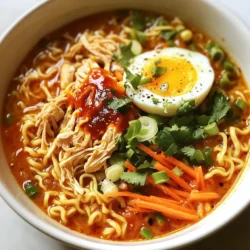 - 2 boneless, skinless chicken thighs - 4 cups chicken broth - 2 packets of instant ramen noodles (discard seasoning packets) - 2 tablespoons sesame oil - 1 tablespoon gochujang (Korean chili paste) - 1 tablespoon soy sauce - 1 tablespoon fresh ginger, minced - 3 cloves garlic, minced - 1 medium carrot, julienned - 2 green onions, chopped (for garnish) - 1 soft-boiled egg (optional) - 1 tablespoon sriracha (adjust to taste) - Salt and pepper to taste - Fresh cilantro leaves (for garnish) When I make Fiery Chicken Ramen, I love the bold flavors and warmth it brings. The chicken thighs give a nice juicy texture. The gochujang adds heat, while sesame oil gives a rich flavor. I use instant ramen for quick cooking, but you can use fresh noodles if you prefer. As for the veggies, I add carrots for crunch and color. The green onions and cilantro bring a fresh taste. You can also top with a soft-boiled egg for creaminess. Each ingredient plays a role in creating a comforting bowl of ramen. - Prep Time: 10 minutes - Cook Time: 30 minutes - Servings: 2 This recipe is quick. In just 10 minutes, you can prep your ingredients. Cooking takes about 30 minutes. This means you can enjoy your ramen in less than an hour. It serves two, so it’s perfect for a dinner date or a cozy night in. {{ingredient_image_1}} 1. Sautéing garlic and ginger: Start by heating sesame oil in a pot over medium heat. Add minced garlic and ginger. Sauté them for about one minute. They should smell great. 2. Searing the chicken thighs: Next, add the chicken thighs to the pot. Sprinkle some salt and pepper on them. Sear each side for three to four minutes until they turn golden brown. This step gives the chicken a nice flavor. 3. Adding broth, gochujang, and soy sauce: Now, pour in four cups of chicken broth. Add the gochujang and soy sauce. Stir well. Bring this mix to a boil. Then, lower the heat and let it simmer for about 15 minutes. This will cook the chicken fully and blend the flavors. 1. Shredding the chicken: Once the chicken is cooked, take it out of the pot. Use two forks to shred the chicken into bite-sized pieces. Set it aside for later. 2. Cooking ramen noodles: Add the julienned carrot and the ramen noodles to the broth. Cook them according to the package instructions. This usually takes about three to four minutes. Make sure the noodles are tender. 3. Combining ingredients in bowls: When the noodles are ready, ladle the ramen and broth into bowls. Top each bowl with the shredded chicken. If you like, add a soft-boiled egg. Drizzle some sriracha on top for extra spice. 1. Adding toppings and garnishes: For a pop of color, sprinkle chopped green onions and fresh cilantro leaves on top. These add flavor and make the dish look pretty. 2. Presentation tips for a beautiful dish: Serve the ramen in deep bowls. Arrange the toppings neatly on top. Add extra slices of green onion and cilantro for a nice touch. You can also drizzle a bit of sesame oil over the dish before serving. This makes it look and taste even better. To boost the taste of your fiery chicken ramen, focus on seasoning adjustments. I like to add a touch more gochujang for heat. If you want less spice, use a smaller amount. A splash of soy sauce can deepen the umami flavor. You might also try adding a bit of sesame oil at the end for richness. Recommended spices include: - Crushed red pepper - Black pepper - A pinch of sugar to balance heat Perfect ramen noodles need attention. Follow the package instructions, but cook them just until tender. Overcooking makes them mushy. Rinse them under cold water after cooking to stop the cooking process. For tender chicken, sear it well. This gives it a nice crust and flavor. Cook it until golden brown, then simmer in broth. This helps keep the chicken juicy and flavorful. If you can't find gochujang, use sriracha as an alternative. It adds heat but is less complex. For a milder option, try miso paste mixed with chili flakes. For garnishing, consider using: - Chopped cilantro - Thinly sliced radishes - Shredded cabbage These can add color and crunch to your dish. Pro Tips Use Fresh Ingredients: Always opt for fresh chicken and vegetables to enhance the overall flavor of your ramen. Control the Heat: Adjust the amount of gochujang and sriracha based on your spice tolerance; you can always add more, but it's hard to take away! Perfect the Soft-Boiled Egg: For a creamy yolk, boil your egg for exactly 6-7 minutes, then plunge it into ice water to stop the cooking process. Layer Flavors: Consider adding other toppings like mushrooms or bok choy to create a more complex flavor profile and additional textures in your ramen. {{image_2}} You can change the heat of your Fiery Chicken Ramen easily. For a mild version, skip the sriracha and use less gochujang. You still get a rich taste without the burn. If you love spice, add more sriracha. You can also try using extra gochujang. This gives you a fiery kick that warms you up. Switching ingredients can create new flavors. You can use udon or soba noodles instead of instant ramen. These noodles add different textures. Adding more veggies boosts nutrition. Try spinach, bok choy, or bell peppers. These add color and crunch. Get creative with what you have! Want a quicker way? Use an Instant Pot. Cook the chicken and broth together on high for about 10 minutes. Then, add noodles and veggies for a fast meal. If you prefer a slow cooker, combine everything in it. Cook on low for 6-8 hours. This method makes the chicken super tender and flavorful. To keep your Fiery Chicken Ramen fresh, store it in the fridge. Use airtight containers to prevent air from spoiling the food. Glass or plastic containers work well. Avoid metal containers as they can react with the broth. Make sure the ramen cools first, then seal it tight. This helps lock in flavor. When it’s time to eat your leftovers, reheating is key. The best way to reheat ramen is on the stove. Pour the ramen and broth into a pot. Heat it over medium-low until warm. Stir gently to mix the flavors. You can also use the microwave, but be cautious. If using a microwave, place it in a bowl, cover it loosely, and heat in short bursts. This helps keep the noodles from getting soggy. Yes, you can freeze Fiery Chicken Ramen! To freeze, wait until it cools completely. Use freezer-safe containers or heavy-duty freezer bags. Portion out the ramen for easy meals later. Squeeze out excess air before sealing. When you want to eat it, move the container to the fridge overnight to thaw. Reheat it on the stove for the best taste. Yes, you can! For a vegetarian option, use tofu or mushrooms. Both add great texture. For a vegan version, swap chicken broth for vegetable broth. This keeps the dish rich and flavorful. A good broth is key. You can use homemade chicken broth for depth. Store-bought options work too, as long as they are low-sodium. This helps control salt levels and taste. Want more protein? Try adding edamame or chickpeas. Both are tasty and nutritious. You could also top with a soft-boiled egg for extra protein and richness. To reduce heat, add more broth or noodles. You can also skip the sriracha or use less gochujang. Adding coconut milk can mellow out the spice while keeping the flavor strong. This article guides you through making Fiery Chicken Ramen. You learned about key ingredients, cooking methods, and ways to enhance flavor. We explored tips for serving, storing leftovers, and variations to fit your taste. I hope this recipe sparks your creativity in the kitchen. Try it your way and share your results! Enjoy your cooking journey.