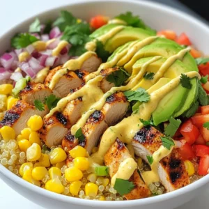 - 2 cups cooked quinoa - 1 pound grilled chicken breast, sliced - 1 cup corn kernels (fresh, frozen, or canned) - 1 red bell pepper, diced - 1/2 cup red onion, finely chopped - 1 avocado, sliced - 1/2 cup crumbled cotija cheese - 1/4 cup fresh cilantro, chopped - 2 tablespoons mayonnaise - 1 tablespoon lime juice - 1 teaspoon chili powder - Salt and pepper to taste When I plan a meal, I focus on balance. Each ingredient adds flavor and nutrition. Quinoa serves as the perfect base. It is high in protein and fiber. The grilled chicken brings in lean protein. Corn adds sweetness and crunch. I love using fresh corn, but frozen works well too. The red bell pepper gives color and a mild taste. Red onion adds a sharp bite. Avocado provides creaminess. Cotija cheese gives that salty punch. Fresh cilantro brightens the dish. The lime juice and mayo form a zesty dressing. Chili powder adds a touch of warmth. This bowl is not only tasty but also healthy. Each serving has about 450 calories. It includes: - Protein: 30 grams - Carbohydrates: 40 grams - Fats: 20 grams - Fiber: 10 grams These numbers show it has a good mix of nutrients. You get energy from carbs and protein for muscle. Healthy fats from avocado help you feel full. You can switch up ingredients based on preference. For grains, try brown rice or farro. These grains keep the meal hearty. For proteins, swap chicken with grilled shrimp or tofu. Both options add unique flavors. Use feta cheese instead of cotija for a different taste. If you want more crunch, add radishes or cucumber. These add freshness and texture. You can also try lime zest for a stronger lime flavor. {{ingredient_image_1}} Start by cooking the quinoa. Follow the package instructions carefully. Once cooked, use a fork to fluff it. Let it cool for a few minutes. This step ensures your quinoa is light and fluffy. Grab a skillet and heat it over medium. Add the corn, diced red bell pepper, and chopped red onion. Saut&eacute; these for about 5 to 7 minutes. Look for a slight char and tenderness in the veggies. Season with salt, pepper, and chili powder. This adds depth and flavor. Once cooked, remove the skillet from heat. Begin with a generous scoop of quinoa as the base. Layer the saut&eacute;ed corn and veggies evenly over the quinoa. Next, add the sliced grilled chicken on top. Then, place avocado slices and sprinkle cotija cheese. Finish by drizzling the creamy lime mayo over everything. Garnish with fresh cilantro to brighten the dish. To make your Street Corn Chicken Bowl shine, pay attention to the quinoa. Cook it with a little salt to add flavor. Fluff it gently with a fork once it's ready. This makes a nice base. For the corn and veggies, use medium heat. Saut&eacute; them until they get a bit charred. This adds a smoky taste. Don't rush; let them cook for about 5-7 minutes. Adjust the seasoning with salt, pepper, and chili powder. This really brings out their flavors. The creamy lime dressing is key. Start with mayonnaise and lime juice. If you want a twist, add a pinch of garlic powder or some hot sauce for heat. Taste it as you mix. You can always adjust the salt and pepper. Make it your own! If you prefer a lighter option, Greek yogurt is a great substitute for mayo. It keeps the creaminess but adds a tangy kick. Presentation is important for any dish. Serve the Street Corn Chicken Bowl in deep, wide bowls. This allows you to layer the ingredients nicely. Start with a generous scoop of quinoa. Then, add the saut&eacute;ed veggies next. Top it with sliced chicken and avocado. Finish with a sprinkle of cotija cheese and cilantro. For a zesty touch, place lime wedges on the side. This makes your dish look inviting and delicious. Pro Tips Use Fresh Ingredients: Fresh corn and ripe avocados will enhance the flavor and texture of your bowl, making it more vibrant and delicious. Customize Your Protein: Feel free to substitute grilled chicken with shrimp, tofu, or even beans to cater to different dietary preferences. Make It Spicy: Add diced jalape&ntilde;os or a splash of hot sauce to the vegetable mixture for a spicy kick that complements the sweetness of the corn. Storage Tips: Store the components separately in airtight containers to keep them fresh for meal prep, and assemble the bowls just before serving. {{image_2}} To make a tasty vegetarian version, skip the chicken. Use black beans instead. They add protein and flavor. Toss in some extra grilled veggies, like zucchini or mushrooms. You can keep the corn and the creamy dressing. The result is just as filling and delicious! For a spicy kick, add jalape&ntilde;os to the saut&eacute;ed veggies. Mix in extra chili powder or cayenne pepper to the corn mixture. You can also use spicy mayo instead of regular. This brings heat to every bite. Don&rsquo;t forget to adjust the lime juice to balance the spice! You can swap chicken with shrimp or tofu. Grilled shrimp gives a nice touch. Tofu works well if you want a plant-based protein. Just make sure to marinate it for more flavor. This way, everyone can enjoy their bowl, no matter their diet. To store your Street Corn Chicken Bowl, first let it cool. Place it in an airtight container. Keep it in the fridge for up to three days. If you want to keep it longer, consider freezing. When you are ready to eat, take the bowl out of the fridge. You can use a microwave or a skillet. If using a microwave, heat it for one to two minutes. Stir halfway through to ensure even heating. If using a skillet, add a splash of water and cover. Cook over low heat until warmed through. To freeze, separate the ingredients. Store the quinoa, chicken, and veggies in different containers. This helps keep textures nice. Use freezer-safe bags or containers. When you are ready to enjoy, thaw in the fridge overnight. Then reheat as mentioned above. Some great sides for this bowl include: - Black beans - A simple green salad - Tortilla chips with salsa - Grilled vegetables - Cornbread These sides add flavor and texture. They also balance the meal. Black beans bring protein, while salsa adds a zesty kick. Pairing with a salad keeps it light and fresh. Yes, you can use various grains! Here are some options: - Brown rice - Farro - Barley - Couscous Each grain has its own taste and texture. Brown rice is hearty and nutty. Farro adds a chewy bite. Barley is great for a rustic feel, while couscous cooks fast and is light. Pick what you enjoy most! Here are some easy tips to make this bowl a bit healthier: - Use low-fat mayo or Greek yogurt for the dressing. - Add more veggies, like spinach or zucchini. - Use grilled chicken thighs for more flavor. - Limit the cheese or use a lighter cheese option. These swaps keep the dish tasty while cutting calories. More veggies boost fiber, making it filling and nutritious. This article covered how to make a Street Corn Chicken Bowl. We looked at ingredients, cooking steps, and tips for great results. You can customize the dish with different flavors and options, like vegetarian or spicy versions. Storing and reheating the leftovers is easy, too. With these steps, you can whip up a tasty meal that is fun to make and share. Enjoy your cooking and get creative with your bowls!