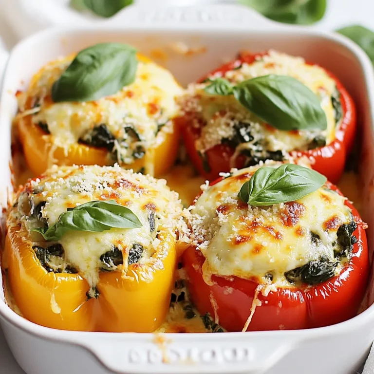 - 4 large bell peppers (any color) - 2 cups fresh spinach, chopped - 1 cup ricotta cheese - 1 cup shredded mozzarella cheese - 1/2 cup grated Parmesan cheese - 1/2 teaspoon garlic powder - 1/2 teaspoon onion powder - Salt and pepper to taste - 1 tablespoon olive oil - 1/4 teaspoon crushed red pepper flakes (optional) - Fresh basil leaves for garnish For those who need substitutions, there are great options. - You can use dairy-free ricotta made from nuts or tofu. - For mozzarella, try a plant-based cheese that melts well. - If you prefer low-carb, swap bell peppers for zucchini boats. These choices help everyone enjoy this dish without missing out. Always remember to adjust the seasoning based on what you choose! {{ingredient_image_1}} Prepping the bell peppers Start by preheating your oven to 375°F (190°C). Take your large bell peppers and slice the tops off. Be careful to remove the seeds and membranes inside. This step lets the flavors mix well. Set the cleaned peppers aside for now. Cooking the spinach mixture In a large skillet, pour in a tablespoon of olive oil and heat it over medium heat. Add the chopped spinach and sauté it for about 2-3 minutes. You want the spinach to wilt down. Once it looks nice and soft, take it off the heat. Stuffing the peppers Grab a mixing bowl and combine the sautéed spinach with ricotta cheese, half of the mozzarella cheese, and grated Parmesan cheese. Sprinkle in the garlic powder, onion powder, salt, and pepper. If you like a little heat, add crushed red pepper flakes too. Mix everything well until it's creamy and smooth. Now it’s time to stuff! Fill each bell pepper generously with the spinach and cheese mixture. Place the stuffed peppers upright in a baking dish. Top each pepper with the rest of the mozzarella cheese for that gooey finish. Covering and baking the dish Cover the baking dish with foil. This helps the peppers cook evenly. Bake in the preheated oven for 25 minutes. After that, remove the foil and bake for an extra 10-15 minutes. You want the cheese to melt and bubble nicely. Tips for checking doneness To check if they are done, look for the cheese to be golden and bubbly. You can also insert a fork into the peppers. If it goes in easily, they are ready. If not, give them a few more minutes. Let them cool for a few minutes before serving. Garnish with fresh basil leaves for a pop of color and flavor! To get the best stuffing consistency, mix the ricotta cheese well with the spinach. You want it to be creamy, not too wet. If it feels too thick, add a bit more olive oil or a splash of water. When baking stuffed peppers, cover the dish with foil for the first part of cooking. This helps the peppers cook evenly. Remove the foil later to let the cheese get nice and bubbly. Check the peppers after 25 minutes. They should be soft but not mushy. Pair your stuffed peppers with a light salad. A fresh green salad or a simple tomato salad works well. You can also serve them with crusty bread to soak up any extra sauce. For a beautiful dish, garnish the peppers with fresh basil leaves. A sprinkle of extra Parmesan cheese on top adds a nice touch. Use a colorful plate to make the dish pop. Pro Tips Choose Colorful Peppers: Using a mix of bell pepper colors not only adds visual appeal but also provides a variety of flavors. Make Ahead: Prepare the stuffed peppers a day in advance, cover them, and store in the refrigerator. Just pop them in the oven when you're ready to bake! Extra Flavor: Add some herbs like oregano or thyme to the cheese mixture for an extra layer of flavor. Check Doneness: Ensure the peppers are tender by piercing them with a fork before removing from the oven; they should be soft but not mushy. {{image_2}} You can change the cheeses in this recipe to fit your taste. Instead of ricotta, try cottage cheese for a lighter option. Feta cheese adds a tangy flavor and works well too. Mozzarella gives a nice melt, but you can use gouda for a smokier taste. If you want to add protein, consider cooked chicken or ground turkey. Both options work great and make the dish more filling. Just cook the meat first, then mix it with the spinach and cheese. This way, you get a hearty meal that satisfies. Herbs and spices can change the flavor in fun ways. Try adding basil or oregano for an Italian twist. Cumin gives a warm taste, while smoked paprika adds depth. Experimenting with these can make the dish feel brand new. You can also add other vegetables to the stuffing. Chopped mushrooms, zucchini, or even corn add great flavor and texture. Just sauté them with the spinach before mixing. This boosts the nutrition and makes each bite more exciting. To keep your stuffed peppers fresh, use airtight containers. Glass or plastic containers work well. Make sure they are tightly sealed. Store the peppers in the fridge. They stay good for up to four days. If you need longer storage, freeze them. They can last up to three months in the freezer. For the best taste, reheat your peppers in the oven. Preheat the oven to 350°F (175°C). Place the peppers in a baking dish and cover with foil. This keeps the moisture in. Heat for about 20 minutes or until warm. You can also use a microwave for quick reheating. Just be careful not to overcook them. To keep the cheese soft, reheat at lower power settings. Enjoy them warm for a delicious meal! Can I use frozen spinach instead of fresh? Yes, you can use frozen spinach. Just make sure to thaw it first. Squeeze out excess water. This step keeps your filling from getting too wet. Frozen spinach can work well in this recipe. How do I make these peppers ahead of time? You can prep these peppers a day in advance. Prepare the filling and stuff the peppers. Then cover and store them in the fridge. When you are ready, bake them as directed. This saves time on busy nights. Can I grill these instead of baking? Yes, you can grill stuffed peppers. Just wrap them in foil to keep the filling intact. Grill on medium heat for about 20-25 minutes. This method adds a nice smoky flavor to the peppers. What is the best way to serve these stuffed peppers? Serve these peppers hot, topped with fresh basil. Pair them with a simple salad or crusty bread. This combination balances the dish and makes it feel complete. Enjoy the comfort of this tasty meal! This blog post covered the key aspects of making stuffed peppers. We went through ingredient details, offering choices for diets. You learned step-by-step how to prepare and bake them. I shared tips for perfect consistency and serving ideas to impress. Stuffed peppers are easy to customize and delicious. With the right recipes, you can enjoy these meals all week. Remember, experiment with flavors and enjoy cooking!