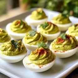 - 6 large eggs - 1 ripe avocado - 2 tablespoons Greek yogurt - 1 tablespoon Dijon mustard - 1 teaspoon lime juice - 1/4 teaspoon garlic powder - 1/4 teaspoon smoked paprika - Salt and pepper to taste - Fresh cilantro When I make avocado deviled eggs, I focus on fresh, simple ingredients. The large eggs form the base and provide protein. I love using ripe avocados for smoothness and flavor. Greek yogurt adds creaminess and a bit of tang. For seasoning, Dijon mustard gives a nice kick. Lime juice brightens the dish. Garlic powder adds depth, and smoked paprika brings warmth. Salt and pepper enhance all the flavors. Finally, fresh cilantro makes a beautiful garnish. It adds color and a hint of herbiness. This combination creates a tasty and healthy snack that everyone loves. {{ingredient_image_1}} Start by placing your eggs in a saucepan. Cover them with cold water. Make sure the water is about an inch above the eggs. Turn the heat to medium and bring it to a boil. Once boiling, cover the saucepan and turn off the heat. Let the eggs sit for 10-12 minutes. After the time is up, carefully move the eggs to a bowl of ice water. Let them cool for about 5 minutes. This step helps make peeling easier. Once cooled, gently tap each egg on the counter. Peel the eggs carefully, removing the shell completely. Slice each egg in half lengthwise. Place the yolks into a mixing bowl and set the egg whites aside on a serving platter. To the bowl, add one ripe avocado, Greek yogurt, Dijon mustard, lime juice, salt, pepper, garlic powder, and smoked paprika. Mash everything together until it is smooth and creamy. You can use a fork or a potato masher for this. Now, it's time to fill the egg whites with your creamy avocado mixture. You can use a piping bag for a fancy look or a spoon for a quick fill. Finally, garnish with a sprinkle of smoked paprika and a small sprig of fresh cilantro for a nice touch. Enjoy your delicious avocado deviled eggs! To make perfect hard-boiled eggs, time is key. Start by placing the eggs in a pot. Cover them with cold water, about an inch above the eggs. Heat the pot over medium. Once the water boils, cover the pot and turn off the heat. Let the eggs sit for 10 to 12 minutes. This method prevents overcooking and keeps the yolks bright yellow. Next, cooling is crucial. After the time is up, move the eggs into a bowl of ice water. Let them chill for about 5 minutes. This step makes peeling easier. It also stops the cooking process, ensuring a creamy yolk. To make a creamy filling, Greek yogurt adds richness. If you don’t have Greek yogurt, you can use sour cream or even mayonnaise. Both will work well and add their own flavor. For the best texture, mash the yolks and avocado together. Use a fork to break them apart first. Then, mix in the yogurt and other ingredients until smooth. Ensure there are no lumps. A smooth filling will look better and taste great. Garnishing your deviled eggs adds flair. Try a sprinkle of smoked paprika for color and flavor. You can also add a tiny sprig of fresh cilantro on top. It adds a fresh touch. If you want to mix it up, consider using other herbs. Chives or dill can offer different flavors. Get creative with your presentation to impress your guests! Pro Tips Use Fresh Avocado: Ensure your avocado is perfectly ripe for the creamiest filling. A ripe avocado will be slightly soft to the touch but not mushy. Chill the Eggs: After boiling, cooling the eggs in ice water not only makes peeling easier but also helps to prevent the yolks from turning gray. Experiment with Flavors: Feel free to customize your filling by adding ingredients like sriracha for heat or finely chopped pickles for a tangy twist. Presentation Matters: For a stunning presentation, use a piping bag to fill the egg whites and garnish with additional herbs or spices. {{image_2}} To add a kick to your avocado deviled eggs, you can make them spicy. Diced jalapeños bring heat and flavor. You can also use hot sauce for an extra zing. Just mix in a teaspoon or two, and taste as you go. This adds a fun twist to the dish and wakes up your taste buds. For a Mediterranean flair, try adding feta cheese or olives. Crumbled feta gives a creamy, salty taste. Chop up some olives for a briny punch. Mix these ingredients with your avocado filling. This twist combines rich flavors and makes the dish more exciting. If you want a vegan version, it’s simple! Use plant-based yogurt instead of Greek yogurt. This keeps the creaminess without the dairy. You can even replace the eggs entirely! Just make a filling using mashed avocado and yogurt. This option is great for anyone avoiding animal products. To keep your avocado deviled eggs fresh, store them right. Place any leftovers in an airtight container. If you have leftovers, cover them well to prevent drying out. It’s best to eat them within two days for the best flavor and texture. You cannot freeze avocado deviled eggs. Freezing changes the texture of the avocado and eggs. This makes them watery and unappetizing. It’s best to enjoy them fresh. Eat your avocado deviled eggs within three days for peak freshness. After that, they may lose their creamy texture. If they look or smell off, it’s best to toss them out. Freshness is key for this tasty snack. To hard-boil eggs, place them in a saucepan. Cover them with cold water. Bring the water to a boil over medium heat. Once it boils, cover the saucepan and turn off the heat. Let the eggs sit for 10 to 12 minutes. This method gives you firm yolks without a green ring. After cooking, cool the eggs quickly in ice water for easy peeling. Yes, you can use any type of avocado. Hass avocados are popular due to their creamy texture. Other varieties, like Fuerte, also work well. Just ensure they are ripe. Ripe avocados blend smoothly, giving you the best flavor and texture. Avocado deviled eggs last about three days in the fridge if stored properly. Keep them in an airtight container to maintain freshness. However, they taste best when eaten fresh. The longer they sit, the more the avocado may brown. Absolutely, you can make this recipe in advance. Prepare the filling and store it in an airtight container. Keep the egg whites separate. When ready to serve, fill the egg whites with the avocado mixture. This keeps them fresh and prevents the eggs from getting soggy. This article covered how to make tasty avocado deviled eggs. We explored key ingredients like eggs, avocado, and Greek yogurt. I shared tips for boiling eggs effortlessly and making a smooth, creamy filling. You can also try fun variations, like adding spice or going vegan. Remember, you can store these eggs for later enjoyment. With these recipes and tips, you can impress your friends and family with easy, delicious snacks. Enjoy your cooking journey!