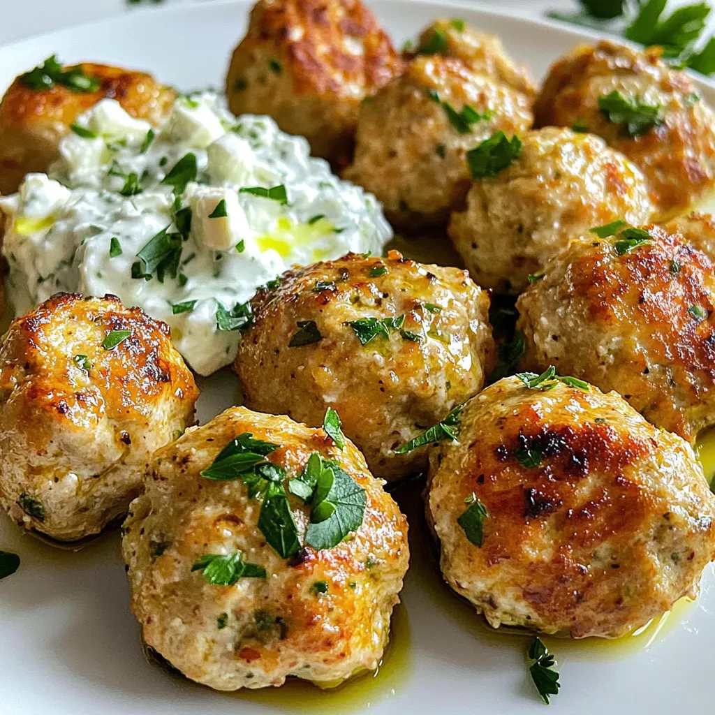 - 1 lb ground chicken - 1/2 cup breadcrumbs - 1/4 cup feta cheese, crumbled - 1/4 cup tzatziki sauce - 1/4 cup fresh parsley, finely chopped - 2 cloves garlic, minced - 1 teaspoon dried oregano - 1 teaspoon lemon zest - Salt and pepper to taste Ground chicken is the star of this dish. It is lean and tender. Fresh herbs and spices give these meatballs their Greek flair. Feta cheese adds a creamy bite, while breadcrumbs help bind the meatballs. Tzatziki sauce, a cool yogurt dip, adds flavor and moisture. Garlic, oregano, and lemon zest bring a fresh taste. Be sure to season with salt and pepper for balance. - 1 tablespoon olive oil - Tzatziki sauce (for serving) Olive oil is crucial for cooking these meatballs. It prevents sticking and adds richness. Tzatziki sauce is perfect for dipping. It enhances the flavor and makes each bite special. - Alternative meats or vegetables - Gluten-free options for breadcrumbs You can swap ground chicken for turkey or beef if you want. For a veggie option, try mashed chickpeas or lentils. If gluten is a concern, use gluten-free breadcrumbs. This way, everyone can enjoy these tasty meatballs. {{ingredient_image_1}} To make Greek chicken meatballs, start by mixing the meatball mixture. In a large bowl, combine: - 1 lb ground chicken - 1/2 cup breadcrumbs - 1/4 cup feta cheese, crumbled - 1/4 cup tzatziki sauce - 1/4 cup fresh parsley, finely chopped - 2 cloves garlic, minced - 1 teaspoon dried oregano - 1 teaspoon lemon zest - Salt and pepper to taste Mix everything well. Be gentle while mixing. Overmixing can make the meatballs tough. Next, shape the mixture into 1-inch meatballs. Make sure they are even in size for even cooking. Now, let’s move on to the cooking process. Preheat a large skillet over medium heat. Add 1 tablespoon of olive oil. Once the skillet is hot, add the meatballs. Do not overcrowd the skillet. Cook in batches if necessary. Sear the meatballs for about 5-7 minutes. Turn them occasionally. You want them golden brown on all sides. After searing, reduce the heat to low. Cover the skillet and let the meatballs cook for another 5-10 minutes. They should reach an internal temperature of 165°F. This ensures they are fully cooked and safe to eat. Once cooked, remove the meatballs from the skillet. Let them rest for a couple of minutes. This step keeps them juicy. Serve the meatballs drizzled with additional tzatziki sauce. You can also garnish with extra parsley for a fresh touch. Enjoy your flavorful Greek chicken meatballs! To make your meatballs tender, avoid overmixing the meat. When you mix the ingredients, combine them just until they come together. If you mix too much, the meatballs can become tough. The cooking temperature is key. Start with medium heat to get a nice sear on the outside. After that, lower the heat to let them cook through. The inside should reach 165°F for safety. Want more flavor? Consider adding spices like paprika or cumin. These spices add warmth and depth. You can also try fresh mint or dill for a more vibrant taste. For Greek flair, add more lemon zest or a splash of lemon juice. This brightens the dish and brings out the other flavors. Pair your Greek chicken meatballs with a fresh Greek salad. The crisp veggies and tangy dressing balance the meatballs well. For drinks, consider serving a crisp white wine or a light beer. These drinks complement the flavors without overpowering them. Pro Tips Don’t Overmix: Mix the ingredients until just combined to keep the meatballs tender and avoid a dense texture. Use Fresh Ingredients: Fresh parsley and garlic enhance the flavor significantly, making your meatballs more aromatic and delicious. Cook in Batches: Avoid overcrowding the skillet to ensure even cooking and browning of the meatballs. Check Doneness: Always use a meat thermometer to confirm the internal temperature reaches 165°F for safe consumption. {{image_2}} For these Greek chicken meatballs, you can mix things up with different meats. If you want a leaner option, try ground turkey. For a richer taste, ground beef works well too. If you prefer plant-based meals, use lentils or chickpeas. These substitutes keep the meatballs tasty and satisfying. You can change the flavor of your meatballs by using different herbs. Try fresh dill or mint for a bright twist. You can also add veggies like grated zucchini or chopped spinach to the mix. This boosts nutrition and adds moisture, making your meatballs even better. There are many fun ways to serve your meatballs. Wrap them in a warm pita with fresh veggies and tzatziki for a flavorful meal on the go. You can also create a meatball bowl. Place the meatballs over rice or quinoa, and top with tzatziki and a sprinkle of herbs. This makes for a hearty, satisfying dish. To store leftovers, let the meatballs cool first. Place them in an airtight container. You can keep them in the fridge for 3 to 4 days. Make sure to label the container with the date. This way, you know when to use them. For freezing, wrap the meatballs in plastic wrap or foil. Then, place them in a freezer-safe bag. They can stay frozen for up to 3 months. When you want to eat them, thaw them in the fridge overnight. Reheat them in a skillet over low heat until hot. You can also microwave them for a quick option. You can make the meatballs ahead of time. Prepare them and store them in the fridge for up to 24 hours before cooking. For quick reheating, use the microwave or a skillet. Just heat until warmed through. This makes it easy to enjoy a tasty meal on a busy day! You can cook chicken meatballs in two main ways: in the oven or on the skillet. - Oven: Baking meatballs in the oven gives them a nice, even cook. Preheat your oven to 400°F. Place the meatballs on a baking sheet lined with parchment paper. Bake for about 20 minutes or until golden brown. - Skillet: Cooking meatballs on the skillet allows for a great sear. Heat olive oil in a skillet over medium heat. Sear the meatballs for 5-7 minutes until they turn golden. Then, lower the heat, cover, and cook for another 5-10 minutes. Both methods work well, but I prefer the skillet for extra flavor from the searing. Yes, you can make Greek chicken meatballs ahead of time. Here are some options for meal prep: - Cook and Store: Prepare and cook the meatballs. Once cooled, place them in an airtight container. They can stay in the fridge for about 3-4 days. - Raw and Freeze: Shape the meatballs but do not cook them. Place them on a baking sheet to freeze for a couple of hours. After they are firm, transfer them to a freezer bag. You can freeze them for up to 3 months. Making them ahead saves time and is great for busy days. To check if meatballs are fully cooked, here are two methods: - Checking Internal Temperature: Use a meat thermometer. The internal temperature needs to reach 165°F for safety. - Visual Cues: Look for a nice golden brown color on the outside. The juices should run clear when you cut one open. If the meat is still pink, cook it a bit longer. These steps help ensure your meatballs are safe to eat and delicious! In this post, we explored the art of making Greek chicken meatballs. We discussed the key ingredients, like ground chicken, fresh herbs, and spices. I showed you how to prepare and cook the meatballs, plus tips for perfect tenderness and flavor. Remember, you can customize these meatballs to suit your tastes. Try different meats or add veggies. Store leftovers properly for later enjoyment. With these steps, you’ll create tasty meatballs your family will love. Enjoy cooking!