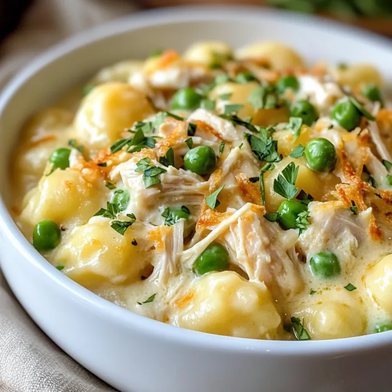 For Crack Chicken Gnocchi, you will need: - 1 pound chicken breast, cooked and shredded - 1 package (16 oz) potato gnocchi - 2 cups low-sodium chicken broth - 1 cup cream cheese, softened - 1 cup shredded cheddar cheese - 1 packet ranch seasoning mix - 2 cloves garlic, minced - 1 tablespoon olive oil - 1 cup frozen peas - 1 teaspoon cracked black pepper - Fresh parsley for garnish (optional) These ingredients create a creamy and flavorful dish, perfect for comfort food lovers. The chicken, cheese, and ranch seasoning blend well to make each bite rich and satisfying. Using quality ingredients makes a big difference. Here are some brands I trust: - Chicken: Look for organic or free-range chicken for better flavor. - Gnocchi: De Cecco is my go-to for potato gnocchi. It holds its shape well. - Cream Cheese: Philadelphia cream cheese is creamy and smooth. - Cheddar Cheese: Tillamook offers a sharp cheddar that melts beautifully. - Ranch Seasoning: Hidden Valley Ranch is classic and flavorful. These brands help ensure that your Crack Chicken Gnocchi tastes fantastic. They add depth and richness to the dish. If you have dietary needs, here are some easy swaps: - Chicken: Use tofu or tempeh for a vegetarian version. - Gnocchi: Cauliflower gnocchi is a great low-carb option. - Cream Cheese: Vegan cream cheese works well for dairy-free diets. - Cheddar Cheese: Nutritional yeast can add a cheesy flavor for vegans. - Ranch Seasoning: Make your own mix with dried herbs and spices. These substitutes keep the essence of the dish while catering to different diets. Enjoy making this meal your own! {{ingredient_image_1}} 1. Start by bringing 2 cups of low-sodium chicken broth to a gentle boil in a large pot. 2. Next, add 1 package of potato gnocchi to the boiling broth. Cook them for 2-3 minutes or until they float. 3. While the gnocchi cook, heat 1 tablespoon of olive oil in a large skillet over medium heat. 4. Add 2 cloves of minced garlic to the skillet. Sauté for about 1 minute, just until it smells nice. 5. Now, stir in 1 pound of cooked and shredded chicken along with 1 packet of ranch seasoning mix. Heat this for 2-3 minutes. 6. Lower the heat, then add 1 cup of softened cream cheese and 1 cup of shredded cheddar cheese. Stir until everything melts together. 7. Once the gnocchi are done, drain any extra broth and add the gnocchi to the chicken mixture. 8. Gently fold in 1 cup of frozen peas and sprinkle with 1 teaspoon of cracked black pepper. Heat for another minute. 9. After that, remove the skillet from the heat and let it sit for a minute before serving. - Use pre-cooked chicken to save time. Rotisserie chicken works great! - Chop the garlic and shred the chicken the night before. This speeds up cooking. - Cook the gnocchi while you prepare the chicken mixture. This saves time. - Use frozen peas directly from the bag. They thaw quickly in the warm dish. - Avoid boiling the gnocchi too long. Overcooked gnocchi can become mushy. - Don’t skip draining excess broth before adding the gnocchi. Too much liquid makes it soupy. - Stir gently when mixing in the gnocchi to keep them whole. - Ensure the cream cheese is well-softened. Cold cream cheese does not mix well. To cook gnocchi well, use plenty of boiling water. This helps them float. Follow package instructions for cooking times. Usually, it takes about 2-3 minutes. Once they rise to the top, they are ready. Drain them gently to avoid breaking. To boost the taste, add fresh herbs like basil or thyme. A squeeze of lemon juice brightens the dish. For extra creaminess, mix in more cream cheese or cheddar. You can also try adding sautéed mushrooms or spinach for more depth. Store any leftover Crack Chicken Gnocchi in an airtight container. Keep it in the fridge for up to three days. When reheating, add a splash of chicken broth to restore creaminess. Heat gently on the stove or in the microwave for best results. Pro Tips Use Rotisserie Chicken: For a quicker prep time, consider using store-bought rotisserie chicken instead of cooking your own. It saves time and adds great flavor! Customize Your Cheese: Feel free to mix different types of cheese like Monterey Jack or Pepper Jack for a unique flavor twist! Add Veggies: Incorporate other vegetables such as spinach or bell peppers for added nutrition and color. Make It Ahead: This dish can be made ahead of time and stored in the fridge for up to three days. Just reheat before serving! {{image_2}} You can make Crack Chicken Gnocchi lighter without losing flavor. Use low-fat cream cheese to cut calories. Swap regular cheese for low-fat cheddar. You can also replace chicken broth with vegetable broth. If you want, use whole wheat gnocchi. This adds fiber and keeps it filling. To make this dish vegetarian, skip the chicken. Use mushrooms for a meaty texture. Replace chicken broth with vegetable broth for a rich flavor. For a vegan version, use vegan cream cheese and cheese alternatives. You can add extra veggies like bell peppers or zucchini for more nutrients. Seasonal ingredients can boost flavor and nutrition. In fall, add roasted butternut squash for sweetness. In spring, toss in fresh spinach or asparagus for brightness. You can also mix in sautéed mushrooms and garlic for earthiness. These ingredients enhance the dish and make it more colorful. To keep your Crack Chicken Gnocchi fresh, store it in an airtight container. Allow the dish to cool to room temperature first. This step helps prevent condensation, which can lead to soggy gnocchi. Place the container in the fridge. It will last for 3 to 4 days. When you're ready to enjoy the leftovers, reheating is key. I recommend using a skillet for the best flavor. Heat the skillet over medium heat. Add a splash of chicken broth or water to keep it creamy. Stir the gnocchi until heated through, about 5 to 7 minutes. This method keeps the taste and texture intact. You can also use the microwave if you’re in a rush. Freezing Crack Chicken Gnocchi is simple and smart. First, let it cool completely. Then, portion out servings into freezer-safe bags. Squeeze out any excess air before sealing. This helps prevent freezer burn. You can freeze it for up to 3 months. To reheat, thaw overnight in the fridge and follow the reheating method above. Crack Chicken Gnocchi is a rich and creamy dish. It combines tender chicken, fluffy potato gnocchi, and creamy cheese. I use ranch seasoning to add a burst of flavor. This dish is warm and comforting, perfect for any day. Yes, you can use other meats. Cooked turkey or shredded pork works well. You can even use cooked sausage for a twist. Just make sure the meat is chopped or shredded for easy mixing. Crack Chicken Gnocchi lasts about three to four days in the fridge. Store it in an airtight container to keep it fresh. Reheat it gently on the stove or in the microwave. Absolutely! Kids love the creamy texture and cheesy flavors. The gnocchi is fun to eat, and the dish is easy to chew. It’s a great way to introduce new flavors to young eaters. Yes, you can make it ahead. Just cook it and let it cool. Store it in the fridge until you’re ready to serve. Reheat it gently, adding a little broth if needed for creaminess. In this guide, I covered everything you need for Crack Chicken Gnocchi, from ingredients to storage. You learned about the best brands, helpful cooking steps, and tasty variations. I shared tips to enhance flavors and ways to store extras. This dish is both fun to make and eat. Remember, don't hesitate to explore different ingredients and variations. Enjoy making this delightful meal with confidence. Your kitchen adventures await!
