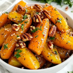 - 1 pound medium carrots, peeled and sliced into sticks - 1/4 cup pecans, roughly chopped - 3 tablespoons pure maple syrup - 2 tablespoons olive oil - 1 teaspoon ground cinnamon - Salt and black pepper to taste - Fresh parsley, chopped for garnish The ingredients for Maple Pecan Roasted Carrots are simple yet full of flavor. Start with fresh, medium carrots. These carrots should be peeled and sliced into sticks. You want them to be even for cooking. Next, grab your pecans. Roughly chop them so they add a nice crunch. The pecans pair well with the sweetness of the maple syrup. Use pure maple syrup for the best taste. Olive oil is key for roasting. It helps the carrots cook evenly and adds richness. Ground cinnamon gives warmth and depth to the dish. Don&rsquo;t forget salt and black pepper. They enhance all the flavors. Finally, fresh parsley adds a pop of color and freshness when you serve the dish. This mix of ingredients creates a delightful side dish. Each bite blends sweet, nutty, and earthy notes. Perfect for any meal! {{ingredient_image_1}} Preheating your oven is key for good roasting. The right temperature helps carrots cook evenly. Set your oven to 400&deg;F (200&deg;C). This heat brings out the best flavors in the carrots and pecans. In a large mixing bowl, combine the carrots, chopped pecans, maple syrup, olive oil, ground cinnamon, salt, and black pepper. Toss everything well. Make sure each carrot stick gets a nice coat of the mixture. This helps the flavors mix and stick during roasting. Spread the carrot mixture in a single layer on a baking sheet. Use parchment paper to help with cleanup. Roast the carrots in your preheated oven for about 25 to 30 minutes. Stir the carrots halfway through to help them cook evenly. You&rsquo;ll know they are done when they are tender and slightly caramelized. Enjoy the sweet aroma as they cook! To make your maple pecan roasted carrots pop, try adding extra spices. Nutmeg and ginger add warmth. Thyme or rosemary also work well for a fresh touch. You want to balance the sweet maple syrup with some salt. A pinch of salt brings out the natural sweetness of the carrots. For great caramelization, spread your carrots in a single layer. This allows hot air to circulate. Stir them halfway through for even cooking. To avoid soggy carrots, don&rsquo;t overcrowd the baking sheet. Make sure your oven is at 400&deg;F (200&deg;C). This temperature helps achieve that lovely brown color. Maple pecan roasted carrots pair well with many main dishes. Try them with roast chicken or pork. They also go great with quinoa or rice for a vegetarian meal. For creative serving, sprinkle some feta cheese on top. You can also add a squeeze of lemon juice for a fresh twist. Pro Tips Choose the Right Carrots: Select medium-sized, fresh carrots for the best texture and flavor. Look for ones that are firm and vibrant in color. Maple Syrup Quality Matters: Use pure maple syrup for the best taste. Avoid imitation syrups as they can contain artificial flavors and sugars. Don&rsquo;t Skip the Stir: Stir the carrots halfway through roasting to ensure they cook evenly and develop a nice caramelization on all sides. Garnish for Freshness: Adding freshly chopped parsley not only enhances the presentation but also adds a pop of freshness to the dish. {{image_2}} If you need a nut-free dish, you can swap out the pecans. Try using sunflower seeds or pumpkin seeds. Both options add a nice crunch. To keep the texture, chop them to a similar size as pecans. You want a good bite in each forkful. To change up the flavor, adding citrus zest is a great idea. A bit of lemon or orange zest brightens the dish. It adds freshness that pairs well with the sweet maple. You can also mix in other root vegetables. Sweet potatoes or parsnips work great. They cook similarly and add different flavors. For a vegan version, make sure all your ingredients are plant-based. The maple syrup and olive oil are already vegan. Use a sweetener like agave if needed. You can also play with spices. Try adding nutmeg or ginger for a unique twist. These small changes can make your dish stand out even more. To store your maple pecan roasted carrots, let them cool first. Place them in a container with a tight lid. Keep them in the fridge for up to five days. Glass or plastic containers with a seal work best. This keeps them fresh and tasty. When you want to eat the leftovers, reheating is key. Use an oven or microwave for the best results. If using the oven, heat it to 350&deg;F (175&deg;C). Place the carrots on a baking sheet. Heat for about 10-15 minutes. This keeps the texture crisp. In the microwave, heat on high for 1-2 minutes. Stir halfway to warm evenly. You can freeze maple pecan roasted carrots. This is great for meal prep! Start by cooling the carrots completely. Then, place them in a freezer-safe bag. Squeeze out the air before sealing. They can last for up to three months. To thaw, move them to the fridge overnight. Reheat as mentioned earlier for the best flavor and texture. You will know your carrots are done when they are tender and lightly caramelized. They should be easy to pierce with a fork. You may also see a golden color on the edges. This means the natural sugars have caramelized and added great flavor. Yes, you can use baby carrots. Keep in mind that baby carrots cook faster than medium ones. Reduce the roasting time to about 20-25 minutes. Check for tenderness often to avoid overcooking them. Maple pecan roasted carrots pair well with many dishes. You can serve them with roasted chicken or grilled fish. They also go nicely with quinoa or wild rice. For drinks, try a light white wine or sparkling water with lemon. This blog shared a simple recipe for maple pecan roasted carrots. We covered the ingredients, cooking steps, and tips to enhance the flavor. You learned how to achieve perfect roasting and even possible variations. These roasted carrots can fit into many meals, adding taste and fun. Trying new recipes helps you grow as a cook. I hope you enjoy making these tasty carrots for your family and friends!