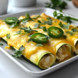 For these tasty enchiladas, you need: - 2 cups cooked chicken, shredded - 1 cup cream cheese, softened - 1 cup shredded Monterey Jack cheese - 1 cup Greek yogurt - 1 packet taco seasoning (low-sodium) - 6 large zucchini (for tortillas) - 1 tablespoon olive oil - 1 small onion, finely chopped - 2 cloves garlic, minced - 1 cup chicken broth - Salt and pepper to taste These ingredients work together to create a filling and creamy dish. The zucchini acts as your low-carb tortillas, giving a great texture. Cream cheese and Greek yogurt add a rich creaminess that makes these enchiladas stand out. You can enhance your enchiladas with: - Fresh cilantro, for garnish - Sliced jalapeños, optional for serving Fresh cilantro adds a nice pop of flavor, while jalapeños give a spicy kick. These toppings make your meal even more exciting! Each serving offers a balanced meal that is low in carbs. Here’s a rough estimate: - Calories: 350 - Protein: 30g - Fat: 20g - Carbohydrates: 10g - Fiber: 3g This meal is great for those watching their carbs but still wanting something hearty. Enjoying these enchiladas keeps you satisfied without the extra carbs! {{ingredient_image_1}} To make the zucchini tortillas, start by washing six large zucchinis. Use a vegetable peeler to slice them into thin strips, about 1/4 inch thick. Each strip should be long enough to roll around the filling. Set these zucchini strips aside. They will serve as the perfect low-carb wrap for your enchiladas. In a large skillet, heat one tablespoon of olive oil over medium heat. Add one small chopped onion and two minced garlic cloves. Sauté these for about 3 to 4 minutes until the onions are soft and clear. In a mixing bowl, combine two cups of shredded cooked chicken, one cup of softened cream cheese, half of the Monterey Jack cheese, one cup of Greek yogurt, and one packet of low-sodium taco seasoning. Mix well until it’s smooth. Add salt and pepper to taste. This rich filling will pack a tasty punch in each bite. Now, take a zucchini strip and place a generous spoonful of the chicken mixture at one end. Carefully roll it up tightly. Repeat this step with all the zucchini strips until you use all the filling. Place the rolled enchiladas seam-side down in a greased baking dish. In a small saucepan, warm one cup of chicken broth. Stir in the remaining Monterey Jack cheese until it melts into a creamy sauce. Pour this cheese sauce over the enchiladas. Cover the dish with foil and bake at 350°F (175°C) for 25 minutes. After that, remove the foil and bake for another 10 minutes until it’s bubbly and golden. Let it cool for a few minutes before serving. Enjoy the delicious flavors! To get the best taste from your Low Carb White Chicken Enchiladas, use fresh ingredients. Fresh garlic and onions add great depth. I also recommend using high-quality chicken. The taco seasoning gives a nice kick, so choose one you love. You can add extra spices like cumin or chili powder for more flavor. Cooking chicken can be quick and easy. I suggest using rotisserie chicken for speed. It’s already cooked and full of flavor. If you prefer to cook it, poach the chicken in chicken broth. This keeps the chicken moist and adds extra taste. Cook it until it’s fully done, then shred it for the enchiladas. Avoid overcooking the zucchini strips. If they are too soft, they won’t hold the filling well. Also, be careful not to skip the cheese sauce. It adds creaminess and binds the enchiladas together. Lastly, don’t forget to let the dish cool a bit before serving. This helps the flavors meld and makes it easier to eat. Pro Tips Use Fresh Zucchini: Ensure your zucchini is fresh and firm for the best texture. Older, softer zucchini can become mushy during baking. Customize the Filling: Feel free to add other ingredients such as black beans, corn, or diced peppers to the chicken mixture for extra flavor and nutrition. Control the Spice Level: Adjust the amount of taco seasoning according to your taste. For a milder dish, use less seasoning or opt for a mild variety. Let it Rest: After baking, let the enchiladas sit for a few minutes before serving. This helps the filling set and makes them easier to serve. {{image_2}} If you're on a keto diet, you can swap Greek yogurt with sour cream. This keeps the creamy texture while lowering carbs. In addition, you can use cauliflower tortillas instead of zucchini if you want a different taste. For a dairy-free option, use coconut cream and a dairy-free cheese blend. This keeps the dish friendly for those with lactose intolerance. The cheese sauce is delicious, but you can explore other flavors too. Try a green salsa or a red enchilada sauce if you want a punchy twist. You can even mix in some chipotle sauce for a smoky flavor. Just pour it over the enchiladas before baking to add depth. When serving, fresh toppings make a big difference. Consider adding chopped tomatoes or diced avocado for a fresh touch. Lime wedges add a zesty kick that brightens the dish. If you like spice, sliced jalapeños on top offer heat and crunch. Pair with a simple salad for a balanced meal. To store your leftovers, let the enchiladas cool completely. Then, place them in an airtight container. Keep them in the fridge for up to three days. Make sure to label your container with the date. This helps you use them before they go bad. When you’re ready to enjoy your leftovers, preheat your oven to 350°F (175°C). Place the enchiladas in a baking dish. Cover the dish with foil to keep them moist. Heat for about 15 to 20 minutes. You can also microwave them. Just cover them with a damp paper towel to keep them from drying out. Heat for one to two minutes, checking every 30 seconds. If you want to make these enchiladas ahead of time, freezing is a great option. Prepare the enchiladas as usual but do not bake them. Wrap each one tightly in plastic wrap. Place them in a freezer-safe bag or container. You can freeze them for up to three months. To cook, thaw in the fridge overnight, then bake as directed. Enjoy fresh flavors anytime! Yes, you can. I suggest using eggplant or bell peppers. Both work well. Slice them thinly, just like zucchini. You may need to adjust cooking times. Eggplant may need a bit more time to soften. Bell peppers add a nice crunch and color. Absolutely! These enchiladas are great for meal prep. You can make them ahead and store them. Just keep them in an airtight container. They last about three to four days in the fridge. You can also freeze them for longer storage. Just thaw and reheat when ready to eat. To lower sodium, choose low-sodium broth and seasoning. Use fresh herbs instead of seasoning packets. You can also omit added salt. This keeps the flavors fresh without extra sodium. Always taste as you go to balance flavors. Adjust to your liking while keeping it healthy. Low carb white chicken enchiladas offer a tasty twist on a classic dish. We explored key ingredients, step-by-step preparation, and helpful tips. You can easily adapt this recipe for different diets or load it with your favorite toppings. Remember to store leftovers properly and choose sauces that fit your taste. Embrace these enchiladas as a healthy choice. They fit well into meal prep, too. Enjoy making them your own and sharing with friends!