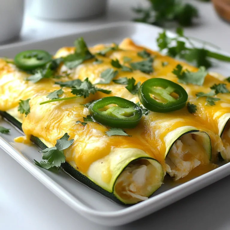 For these tasty enchiladas, you need: - 2 cups cooked chicken, shredded - 1 cup cream cheese, softened - 1 cup shredded Monterey Jack cheese - 1 cup Greek yogurt - 1 packet taco seasoning (low-sodium) - 6 large zucchini (for tortillas) - 1 tablespoon olive oil - 1 small onion, finely chopped - 2 cloves garlic, minced - 1 cup chicken broth - Salt and pepper to taste These ingredients work together to create a filling and creamy dish. The zucchini acts as your low-carb tortillas, giving a great texture. Cream cheese and Greek yogurt add a rich creaminess that makes these enchiladas stand out. You can enhance your enchiladas with: - Fresh cilantro, for garnish - Sliced jalapeños, optional for serving Fresh cilantro adds a nice pop of flavor, while jalapeños give a spicy kick. These toppings make your meal even more exciting! Each serving offers a balanced meal that is low in carbs. Here’s a rough estimate: - Calories: 350 - Protein: 30g - Fat: 20g - Carbohydrates: 10g - Fiber: 3g This meal is great for those watching their carbs but still wanting something hearty. Enjoying these enchiladas keeps you satisfied without the extra carbs! {{ingredient_image_1}} To make the zucchini tortillas, start by washing six large zucchinis. Use a vegetable peeler to slice them into thin strips, about 1/4 inch thick. Each strip should be long enough to roll around the filling. Set these zucchini strips aside. They will serve as the perfect low-carb wrap for your enchiladas. In a large skillet, heat one tablespoon of olive oil over medium heat. Add one small chopped onion and two minced garlic cloves. Sauté these for about 3 to 4 minutes until the onions are soft and clear. In a mixing bowl, combine two cups of shredded cooked chicken, one cup of softened cream cheese, half of the Monterey Jack cheese, one cup of Greek yogurt, and one packet of low-sodium taco seasoning. Mix well until it’s smooth. Add salt and pepper to taste. This rich filling will pack a tasty punch in each bite. Now, take a zucchini strip and place a generous spoonful of the chicken mixture at one end. Carefully roll it up tightly. Repeat this step with all the zucchini strips until you use all the filling. Place the rolled enchiladas seam-side down in a greased baking dish. In a small saucepan, warm one cup of chicken broth. Stir in the remaining Monterey Jack cheese until it melts into a creamy sauce. Pour this cheese sauce over the enchiladas. Cover the dish with foil and bake at 350°F (175°C) for 25 minutes. After that, remove the foil and bake for another 10 minutes until it’s bubbly and golden. Let it cool for a few minutes before serving. Enjoy the delicious flavors! To get the best taste from your Low Carb White Chicken Enchiladas, use fresh ingredients. Fresh garlic and onions add great depth. I also recommend using high-quality chicken. The taco seasoning gives a nice kick, so choose one you love. You can add extra spices like cumin or chili powder for more flavor. Cooking chicken can be quick and easy. I suggest using rotisserie chicken for speed. It’s already cooked and full of flavor. If you prefer to cook it, poach the chicken in chicken broth. This keeps the chicken moist and adds extra taste. Cook it until it’s fully done, then shred it for the enchiladas. Avoid overcooking the zucchini strips. If they are too soft, they won’t hold the filling well. Also, be careful not to skip the cheese sauce. It adds creaminess and binds the enchiladas together. Lastly, don’t forget to let the dish cool a bit before serving. This helps the flavors meld and makes it easier to eat. Pro Tips Use Fresh Zucchini: Ensure your zucchini is fresh and firm for the best texture. Older, softer zucchini can become mushy during baking. Customize the Filling: Feel free to add other ingredients such as black beans, corn, or diced peppers to the chicken mixture for extra flavor and nutrition. Control the Spice Level: Adjust the amount of taco seasoning according to your taste. For a milder dish, use less seasoning or opt for a mild variety. Let it Rest: After baking, let the enchiladas sit for a few minutes before serving. This helps the filling set and makes them easier to serve. {{image_2}} If you're on a keto diet, you can swap Greek yogurt with sour cream. This keeps the creamy texture while lowering carbs. In addition, you can use cauliflower tortillas instead of zucchini if you want a different taste. For a dairy-free option, use coconut cream and a dairy-free cheese blend. This keeps the dish friendly for those with lactose intolerance. The cheese sauce is delicious, but you can explore other flavors too. Try a green salsa or a red enchilada sauce if you want a punchy twist. You can even mix in some chipotle sauce for a smoky flavor. Just pour it over the enchiladas before baking to add depth. When serving, fresh toppings make a big difference. Consider adding chopped tomatoes or diced avocado for a fresh touch. Lime wedges add a zesty kick that brightens the dish. If you like spice, sliced jalapeños on top offer heat and crunch. Pair with a simple salad for a balanced meal. To store your leftovers, let the enchiladas cool completely. Then, place them in an airtight container. Keep them in the fridge for up to three days. Make sure to label your container with the date. This helps you use them before they go bad. When you’re ready to enjoy your leftovers, preheat your oven to 350°F (175°C). Place the enchiladas in a baking dish. Cover the dish with foil to keep them moist. Heat for about 15 to 20 minutes. You can also microwave them. Just cover them with a damp paper towel to keep them from drying out. Heat for one to two minutes, checking every 30 seconds. If you want to make these enchiladas ahead of time, freezing is a great option. Prepare the enchiladas as usual but do not bake them. Wrap each one tightly in plastic wrap. Place them in a freezer-safe bag or container. You can freeze them for up to three months. To cook, thaw in the fridge overnight, then bake as directed. Enjoy fresh flavors anytime! Yes, you can. I suggest using eggplant or bell peppers. Both work well. Slice them thinly, just like zucchini. You may need to adjust cooking times. Eggplant may need a bit more time to soften. Bell peppers add a nice crunch and color. Absolutely! These enchiladas are great for meal prep. You can make them ahead and store them. Just keep them in an airtight container. They last about three to four days in the fridge. You can also freeze them for longer storage. Just thaw and reheat when ready to eat. To lower sodium, choose low-sodium broth and seasoning. Use fresh herbs instead of seasoning packets. You can also omit added salt. This keeps the flavors fresh without extra sodium. Always taste as you go to balance flavors. Adjust to your liking while keeping it healthy. Low carb white chicken enchiladas offer a tasty twist on a classic dish. We explored key ingredients, step-by-step preparation, and helpful tips. You can easily adapt this recipe for different diets or load it with your favorite toppings. Remember to store leftovers properly and choose sauces that fit your taste. Embrace these enchiladas as a healthy choice. They fit well into meal prep, too. Enjoy making them your own and sharing with friends!