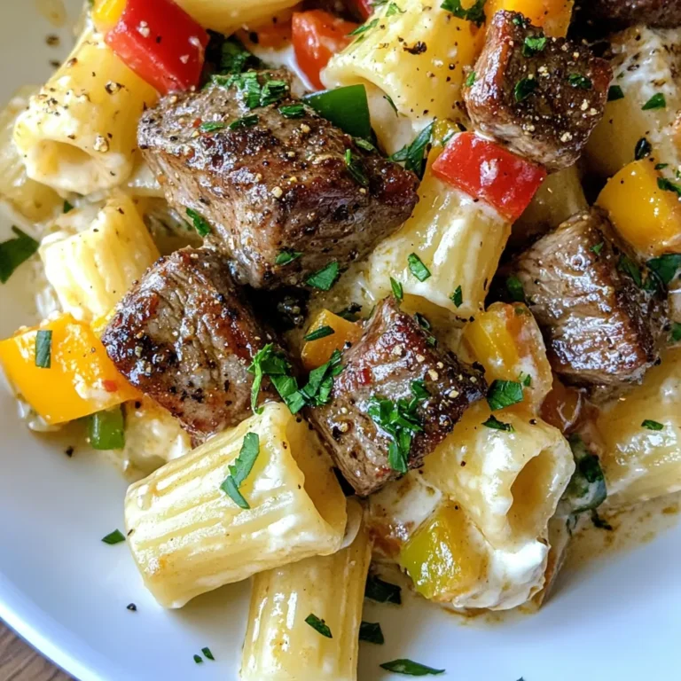To make Cajun Steak Tip Rigatoni, gather these simple ingredients: - 1 lb steak tips (sirloin or ribeye), cut into bite-sized pieces - 1 tablespoon Cajun seasoning - 2 tablespoons olive oil - 8 oz rigatoni pasta - 1 red bell pepper, sliced - 1 green bell pepper, sliced - 1 medium onion, sliced - 3 cloves garlic, minced - 1 cup heavy cream - 1 cup grated Parmesan cheese - Salt and pepper to taste - Fresh parsley, chopped (for garnish) These ingredients create a rich and bold dish. The steak tips provide great flavor and protein. Cajun seasoning adds a spicy kick that really stands out. Rigatoni pasta holds the sauce well. Fresh bell peppers and onion add crunch and color. Garlic enhances the overall taste. Heavy cream and Parmesan cheese create a creamy sauce that ties it all together. Make sure to have these ingredients ready before you start cooking. This helps to make the cooking process smooth and fun. Enjoy the vibrant colors and fresh smells as you gather your items! {{ingredient_image_1}} Start by tossing the steak tips in a bowl with Cajun seasoning. Make sure every piece gets a good coat. This gives the steak a nice kick of flavor. Cajun seasoning is key to that warm and spicy taste. In a big pot, bring salted water to a boil. Add the rigatoni and cook it until it’s al dente. This usually takes about 8 to 10 minutes. Once done, drain the pasta and set it aside. You want it firm, so it holds up in the sauce. Take a large skillet and heat 1 tablespoon of olive oil over medium-high heat. Add the seasoned steak tips and sear them for 4 to 5 minutes. You want the steak to turn a nice brown color. Make sure to turn the pieces for even cooking. Once browned, remove the steak from the skillet and set it aside. In the same skillet, add another tablespoon of olive oil. Toss in the sliced red and green bell peppers along with the onion. Sauté for about 5 minutes until they soften a bit. Then add in the minced garlic and cook it for one more minute. This will fill your kitchen with great smells! Lower the heat and pour in the heavy cream. Stir the mixture well, allowing it to simmer for about 3 to 4 minutes. Gradually add the grated Parmesan cheese. Keep stirring until it melts and the sauce thickens. This creamy sauce is what ties everything together. Now, return the seared steak tips to the skillet. Add the cooked rigatoni and gently mix everything together. You want the pasta to be well coated with the creamy sauce and steak. This step makes sure every bite is packed with flavor. Taste your dish and adjust the seasoning with salt and pepper if needed. Finally, garnish with fresh chopped parsley before serving. This adds a pop of color and a fresh taste. Enjoy your flavorful Cajun Steak Tip Rigatoni! To achieve a perfect sear, start with dry steak tips. Pat them with paper towels. This helps remove extra moisture. Next, use a hot skillet. Heat it on medium-high heat for a few minutes. Add oil when the skillet is hot. Use just enough oil to coat the bottom. Place the steak tips in the skillet without crowding them. This allows each piece to brown well. Sear them for 4-5 minutes, turning only once. This creates a nice crust and locks in flavor. For a creamy sauce, start with cold heavy cream. This prevents the sauce from curdling. Add it slowly to the skillet after sautéing the veggies. Stir gently to combine it well with the sautéed onions and peppers. As it simmers, add the grated Parmesan cheese. Stir constantly until the cheese melts. This keeps the sauce smooth. Adjust the heat to low to avoid boiling. A thick sauce coats the rigatoni beautifully. To store leftovers properly, let the dish cool down first. Place it in an airtight container. You can keep it in the fridge for about 3 days. If you want to store it longer, freezing works too. Use freezer-safe bags or containers. Label them with the date. To reheat, use a microwave or stovetop. Add a splash of cream to restore moisture. This helps keep the dish creamy and delicious. Pro Tips Choose the Right Steak: Opt for tender cuts like sirloin or ribeye for the best flavor and texture in your dish. Don't Overcook the Steak: Sear the steak tips quickly to keep them juicy and tender; they will continue to cook slightly when combined with the sauce. Make it Creamy: For an extra creamy sauce, you can add a bit more heavy cream or a splash of milk while simmering. Add Spice Gradually: Adjust the amount of Cajun seasoning based on your spice tolerance; start with less and add more to taste. {{image_2}} You can switch out steak tips for chicken or shrimp. Chicken breasts or thighs work well. Just cut them into bite-sized pieces. For shrimp, use large shrimp and peel them. Season them with Cajun spices like you do with steak. Cook the chicken until it is done and the shrimp until they turn pink. This gives you a new twist on the dish that is just as tasty. If you want a meat-free meal, try using mushrooms or tofu. Portobello or shiitake mushrooms give a rich flavor. Slice them and sauté them just like the steak. For tofu, press and cube it before cooking. Use firm or extra-firm tofu for the best texture. Season your mushrooms or tofu with Cajun spices to keep the flavor strong. This way, you will enjoy a hearty dish without meat. Want more heat? Add cayenne pepper or more Cajun seasoning. Just sprinkle a little at a time. Taste as you go to find the right spice level. If you prefer less heat, use less seasoning or skip the cayenne. You can also add a dollop of sour cream or yogurt to cool things down. This way, you can make this dish fit your taste perfectly. You can store Cajun Steak Tip Rigatoni in the fridge for up to three days. Make sure to place it in an airtight container to keep it fresh. This dish tastes great even after a day or two, as the flavors meld together. For longer storage, freeze your Cajun Steak Tip Rigatoni. Use a freezer-safe container. It’s best to freeze it without the fresh parsley garnish. You can keep it in the freezer for up to three months. To make sure it stays tasty, try to remove as much air from the container as possible. To reheat, place the rigatoni in a skillet over medium heat. Add a splash of heavy cream or broth to keep it moist. Stir gently until warmed through. You can also reheat it in the microwave. Use a microwave-safe bowl and cover it with a lid or wrap. Heat in short bursts, stirring in between, until hot. Enjoy it as if it was just made! You can use several spices to replace Cajun seasoning. Some great options include: - Paprika - Garlic powder - Onion powder - Oregano - Black pepper - Cayenne pepper for heat Mix these spices to get a similar flavor. Use what you have on hand. This allows you to enjoy the dish even if you lack Cajun seasoning. Yes, you can prepare Cajun Steak Tip Rigatoni ahead of time. Follow these tips for meal prep: - Cook the steak and pasta. Cool them down. - Store them in separate airtight containers. - Keep the sauce in another container. When ready to eat, reheat everything. Add a splash of cream to freshen the sauce. This method saves time and ensures a delicious meal. Cajun Steak Tip Rigatoni tastes great with several side dishes. Here are some ideas: - Garlic bread to soak up sauce - Steamed broccoli for crunch - Caesar salad for freshness - Grilled corn for sweetness These sides enhance the meal and balance the rich flavors of the pasta. To check if your steak is done, try these methods: - Use a meat thermometer. Aim for 130°F for medium-rare. - Cut a small piece. Look for a warm, pink center. - Press the steak with your finger. A firmer feel means it’s more done. These tips help you achieve the perfect doneness every time. Enjoy your delicious meal! Cajun Steak Tip Rigatoni is a tasty dish full of flavor and fun. You learned how to season the steak, cook the pasta, and make a creamy sauce. Using fresh veggies brightens the meal, and tips for storage help keep leftovers tasty. You can even switch proteins or spice levels for your taste. Enjoy this dish with sides that complement it well. Dive in and make cooking easy and delicious!