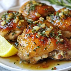 - 4 bone-in, skin-on chicken thighs - 4 tablespoons unsalted butter - 4 cloves garlic, minced - 2 tablespoons fresh rosemary, chopped - 1 tablespoon olive oil - Salt and pepper to taste - Fresh lemon wedges (for serving) - Optional: Fresh parsley for garnish For this recipe, use standard kitchen measuring tools. Each tablespoon holds about 15 milliliters. A cup has 240 milliliters. The chicken thighs are best bone-in and skin-on. This helps keep them juicy. When measuring butter, stick to the tablespoons for accuracy. Fresh herbs like rosemary should be chopped finely for the best flavor. If you lack chicken thighs, use chicken breasts. They will cook faster and still taste great. Instead of unsalted butter, you can use salted butter. Just adjust the salt you add. For garlic, jarred minced garlic works too. If fresh rosemary is not available, dried rosemary can work. Use one teaspoon of dried for every tablespoon of fresh. Lemon is key for brightness, but you can skip it if needed. A sprinkle of dried parsley can replace fresh parsley for garnish. {{ingredient_image_1}} Preheat your oven to 400°F (200°C). This step is key for crispy skin. Pat the chicken thighs dry with paper towels. It helps the skin get crispy. Season with salt and pepper on both sides. Use enough to really flavor the meat. In a medium skillet over medium heat, melt 4 tablespoons of unsalted butter. Once melted, add 4 cloves of minced garlic and 2 tablespoons of chopped rosemary. Sauté this mix for about 1-2 minutes until it smells great. Be careful not to burn the garlic, as it can turn bitter. In a large oven-safe skillet, heat 1 tablespoon of olive oil over medium-high heat. Place the chicken thighs in the skillet, skin side down. Sear them for about 5-6 minutes until golden brown. Flip the thighs and cook for another 3-4 minutes. This step seals in the juices. Pour the garlic rosemary butter mixture over the chicken thighs while they are still in the skillet. This adds rich flavor to the chicken. Carefully place the skillet in the preheated oven. Roast the chicken for 25-30 minutes. Check that the internal temperature reaches 165°F (74°C) and the skin is crispy. Remove the skillet from the oven. Let the chicken rest for about 5 minutes before serving. Drizzle the remaining butter mixture over the chicken for extra flavor. Serve with fresh lemon wedges for a bright finish. If you like, sprinkle fresh parsley on top for color. To get that golden, crispy skin, start by drying the chicken thighs well. Pat them with paper towels. This step helps the skin crisp up in the oven. Season both sides with salt and pepper. When you sear them in the skillet, place them skin side down. Let them cook without moving them for 5-6 minutes. This way, the skin gets nice and crispy. You can add more flavor to your chicken. Try using fresh thyme or oregano along with rosemary. A splash of lemon juice brightens the dish. You can also add red pepper flakes for a little heat. Mix these herbs into the garlic butter for a tasty twist. Don't forget to drizzle any leftover butter over the chicken before serving. Cooking time may vary based on your oven. Always check the internal temperature. Chicken should reach 165°F (74°C) for safe eating. If using smaller thighs, they may cook faster. Larger thighs may need extra time. Just keep an eye on them to avoid overcooking. Let the chicken rest for about 5 minutes before serving. This helps keep it juicy. Pro Tips Use Room Temperature Chicken: Allow the chicken thighs to sit at room temperature for about 30 minutes before cooking. This ensures even cooking and helps achieve a crispy skin. Don't Skip the Resting Time: After roasting, let the chicken rest for at least 5 minutes. This allows the juices to redistribute, ensuring a moist and flavorful bite. Customize Your Herbs: Feel free to experiment with different herbs like thyme or oregano in place of rosemary for a unique flavor profile. Serve with Sides: Pair the chicken with roasted vegetables or a fresh salad for a balanced meal that's both delicious and visually appealing. {{image_2}} You can change the flavor of your chicken by using different herbs. Consider thyme or oregano for a fresh twist. Basil adds a sweet touch, while sage gives a warm flavor. These herbs work well with the garlic and butter base. You can mix and match to find your favorite. Grilling the chicken gives it a nice smoky flavor. Cook it over medium heat for about 20-25 minutes. Make sure to turn it often for even cooking. Slow cooking is another great option. Cook the chicken in a slow cooker with the butter, garlic, and herbs for 4-6 hours on low. This method makes the chicken super tender. Serve the chicken with fresh lemon wedges for a zesty kick. Pair it with roasted vegetables or a simple salad for balance. Mashed potatoes or rice soak up the delicious butter sauce. You can also add crusty bread to enjoy every drop of flavor. For a pop of color, sprinkle fresh parsley on top before serving. To store your leftover chicken thighs, let them cool first. Place the chicken in an airtight container. Make sure to add any extra butter sauce for flavor. Seal it tightly and store it in the fridge. It will stay fresh for up to three days. If you want to keep it longer, consider freezing. To freeze the chicken, wrap each thigh in plastic wrap. Then place the wrapped thighs in a freezer bag. Squeeze out as much air as you can. Label the bag with the date. The chicken can last in the freezer for up to three months. When you’re ready to use it, thaw it in the fridge overnight. When reheating, keep the chicken juicy. You can use the oven or microwave. For the oven, heat it to 350°F (175°C). Place the chicken in a baking dish and cover it with foil. Heat for about 15-20 minutes, or until warm. If using the microwave, place the chicken on a plate. Cover it with a damp paper towel. Heat in short bursts of 1 minute, checking often. This keeps the chicken moist and tasty. Yes, you can use boneless chicken thighs. They will cook faster than bone-in thighs. Adjust the cooking time to about 20 minutes in the oven. Keep an eye on the internal temperature, aiming for 165°F (74°C). Many sides go well with this dish. Here are some great options: - Roasted vegetables - Garlic mashed potatoes - Steamed green beans - A fresh garden salad These sides will balance the rich flavors of the chicken. To check if the chicken is done, use a meat thermometer. Insert it into the thickest part of the thigh. The chicken is fully cooked when it reaches 165°F (74°C). The juices should run clear, not pink. Yes, you can prep the chicken and the butter mix ahead of time. Season the chicken and store it in the fridge for up to 24 hours. Just pop it in the oven when you’re ready to cook. While dried rosemary can work, fresh rosemary gives the best flavor. It adds a bright, fragrant taste that dried herbs can’t match. If fresh is not available, use dried but in smaller amounts. This blog covers how to make delicious Rosemary Garlic Butter Chicken Thighs. We explored the key ingredients and their measurements, plus substitutions if needed. I provided step-by-step instructions for preparing and cooking the chicken. You learned tips for crispy skin and flavor boosts. We also discussed different cooking methods and how to store leftovers. In the end, enjoy making this tasty dish your own. Keep experimenting with flavors to find what you love!