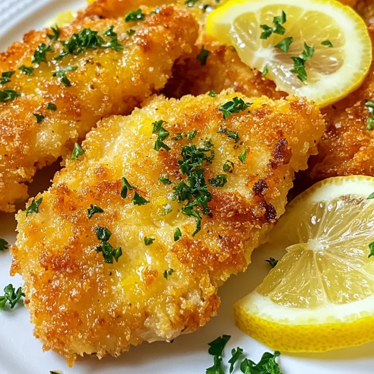- 4 boneless, skinless chicken breasts - 1 cup all-purpose flour - 2 large eggs - 1 cup grated Romano cheese - 1 cup breadcrumbs (preferably panko for crunch) - 1/2 cup fresh lemon juice (about 2 lemons) - Zest of 1 lemon - 1/4 cup fresh parsley, chopped - 3 cloves garlic, minced - 1/4 teaspoon red pepper flakes (optional) - Salt and pepper - Olive oil for frying Lemon Chicken Romano shines with its simple yet flavorful ingredients. The star of this dish is the chicken, which is tender and juicy. I love using boneless, skinless chicken breasts for this recipe because they cook evenly and soak up all the flavors. Next, we add all-purpose flour for a nice coating. It helps the egg and breadcrumbs stick well. Speaking of breadcrumbs, I recommend panko for that extra crunch. It gives the chicken a delightful texture. Grated Romano cheese adds a rich, savory taste. It melts slightly during cooking, making every bite delightful. Now, let's talk about flavor enhancers. Fresh lemon juice is a must. It brightens the dish and adds a zesty kick. I also use lemon zest for an extra layer of lemon flavor. Garlic brings warmth and depth, while fresh parsley adds a pop of color and freshness. If you like a bit of heat, add red pepper flakes. They are optional, but they can make the dish exciting. Lastly, don't forget salt and pepper to enhance all the flavors. A little olive oil for frying ensures the chicken gets that golden, crispy crust. With these ingredients, you will create a delicious, flavorful dinner that everyone will love. {{ingredient_image_1}} Start by pounding the chicken breasts. This gets them to an even thickness. Use plastic wrap to cover them. A meat mallet works great for this task. Aim for about 1/2 inch thickness. Next, season your flour. Take a large plate and mix in a pinch of salt and pepper. This simple step adds flavor to your chicken. Now, let’s move to the dredging process. First, coat each chicken breast in the seasoned flour. Shake off any excess flour. Then, dip the chicken into the beaten eggs. Make sure to let any extra egg drip off. Finally, coat the chicken in the breadcrumb and cheese mixture. Press down firmly to make sure it sticks well. Heat olive oil in your skillet. You want about 1/4 inch of oil over medium heat. When the oil is hot, carefully add the breaded chicken. Cook in batches to avoid crowding. Fry each piece for about 4-5 minutes on each side. You want the chicken to be golden brown and fully cooked. Cut into the thickest part to check for doneness. It should not be pink inside. To get your chicken just right, focus on frying. Use a wide skillet and heat olive oil to the right temperature. Test the oil by dropping in a small piece of bread. If it sizzles, you're ready. Fry in batches to avoid sogginess. If too many pieces cook at once, they won't get crispy. For the perfect crunch, use panko breadcrumbs. They give a light and airy texture to the chicken. Warming the lemon-garlic sauce is key. Use low heat in a small saucepan. Stir occasionally to prevent burning. If the sauce is too sour, add a pinch of sugar. This will balance the flavors. You can also adjust the garlic to your taste. Add more for a stronger flavor or less for a milder touch. Garnishing adds a nice touch. Use fresh parsley to brighten the dish. Chop it finely and sprinkle it on top. For serving, place the chicken on a bright plate. Drizzle the warm sauce over the chicken. Arrange lemon wedges on the side for a pop of color. This makes your meal look as good as it tastes! Pro Tips Even Thickness: Ensure your chicken breasts are pounded to an even thickness to promote uniform cooking and avoid dryness. Panko for Crunch: Using panko breadcrumbs instead of regular breadcrumbs gives a delightful crunch to the chicken, enhancing the texture. Warm Sauce for Flavor: Heating the lemon-garlic sauce gently before serving helps to release the flavors and ensures it clings better to the chicken. Resting the Chicken: Letting the fried chicken rest for a few minutes on paper towels helps to retain its juiciness by allowing the moisture to redistribute. {{image_2}} You can change the cheese in this recipe. If you can't find Romano cheese, try Parmesan or Pecorino. Both add a nice salty flavor. For gluten-free options, use almond flour or gluten-free breadcrumbs. They work well and keep the dish tasty. To boost flavor, add fresh herbs like thyme or basil. These herbs pair well with lemon and chicken. You can also try spices like paprika or oregano. They add depth to the dish. For a twist, experiment with different citrus juices. Lime or orange juice can make it brighter. This dish pairs nicely with many sides. Try serving it with roasted vegetables or a fresh salad. Seasonal vegetables like zucchini or asparagus add color and taste. You can also serve it with pasta or rice for a hearty meal. These sides complement the lemony chicken well. To store your Lemon Chicken Romano, cool it down first. Place it in the fridge within two hours to keep it safe. Use airtight containers to keep the chicken fresh. Glass or plastic containers work well. Label them with the date before storing. When reheating, avoid the microwave if you can. It can make the chicken soggy. Instead, use the oven. Preheat it to 350°F (175°C). Place the chicken in a dish, cover it with foil, and heat for about 15-20 minutes. This helps keep the texture nice. Always check that the chicken reaches an internal temperature of 165°F (74°C) for safety. To freeze your Lemon Chicken Romano, wrap each piece tightly in plastic wrap. Place them in a freezer-safe bag or container. Try to remove as much air as possible. This keeps the chicken from getting freezer burn. When ready to use, thaw the chicken in the fridge overnight. This method helps maintain its flavor and texture. Lemon Chicken Romano is a bright and tasty dish. It features breaded chicken breasts, cooked to golden perfection. The dish gets its name from the Romano cheese, which adds a rich, salty flavor. This recipe draws influence from Italian cuisine, where lemon and cheese pair well with meats. The use of fresh lemon juice and zest gives it a zing that brightens the chicken. Over time, this dish has become a favorite in many homes and restaurants. Yes, you can prep Lemon Chicken Romano ahead of time. You can bread the chicken and store it in the fridge for up to a day. This makes cooking easier when you are ready to eat. You can also prepare the sauce in advance and keep it in the fridge. Just reheat it gently when you are ready to serve. If you can't find Romano cheese, you have several options. Pecorino Romano works well since it has a similar flavor. Parmesan cheese is another good choice, adding a nutty, salty taste. You can also use a mix of mozzarella and Parmesan for a milder flavor. Each option will still give your dish a tasty twist. Leftover Lemon Chicken Romano lasts about three to four days in the fridge. Store it in an airtight container for best results. If you want to keep it longer, you can freeze it. When frozen properly, it lasts up to three months. Always reheat leftovers until they reach a safe temperature before eating. This article covered the key steps in making Lemon Chicken Romano. We discussed the main ingredients, like chicken and Romano cheese, and how to prepare and cook the dish flawlessly. I shared tips for perfect breading and sauce prep, plus ideas for serving and storing leftovers. With these insights, you can make a delicious meal that impresses everyone. Enjoy your cooking journey!