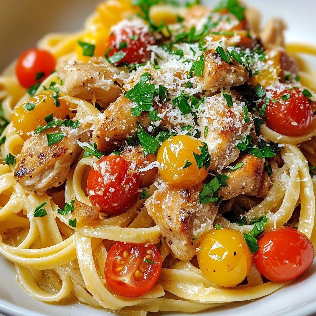 - Linguine Pasta: You will need 400g of this long, thin pasta. It holds the sauce well. - Chicken and Butter: Use 2 boneless, skinless chicken breasts. Cut them into bite-sized pieces. The key is 1 cup of melted unsalted butter for rich flavor. - Seasonings and Flavorings: - 4 cloves of minced garlic - 1 tablespoon of Worcestershire sauce - 1 teaspoon of smoked paprika - 1/2 teaspoon of cayenne pepper (adjust for your spice level) - 1 tablespoon of fresh lemon juice - 1/2 cup of chicken broth - Optional Garnishes: - 1 cup of halved cherry tomatoes - 1/4 cup of chopped fresh parsley - Grated Parmesan cheese (for serving, optional) Each ingredient adds unique flavors. The butter and spices create a rich sauce. The chicken adds protein, and the tomatoes provide freshness. You can adjust the spice level to suit your taste. Enjoy the balance of flavors in this dish! {{ingredient_image_1}} - Boiling Water Method: Start by filling a large pot with water. Add a good amount of salt. Bring the water to a rolling boil. - Timing for Perfect Al Dente: Add the linguine to the boiling water. Cook it according to the package instructions, usually about 8-10 minutes. The pasta should be firm yet tender. - Setting Aside Reserved Pasta Water: Before draining the pasta, save about a cup of the starchy water. This will help adjust the sauce later. - Seasoning Tips: Take the chicken breasts and cut them into bite-sized pieces. Sprinkle salt and pepper on them. This will enhance the flavor. - Cooking Method and Timing: Heat 2 tablespoons of butter in a large skillet over medium-high heat. Add the chicken pieces. Cook for about 5-7 minutes, until golden brown and cooked through. Remove and set aside. - Combining Ingredients in the Skillet: In the same skillet, pour in the remaining melted butter. Add minced garlic, Worcestershire sauce, smoked paprika, cayenne pepper, lemon juice, and chicken broth. - Simmering for Flavor Development: Stir well and let the sauce simmer for 2-3 minutes. This step allows all the flavors to mix together. - Proper Tossing Techniques: Add the cooked linguine and chicken back to the skillet. Use tongs to toss everything together. Ensure the pasta is coated well with the sauce. - Adjusting Consistency with Pasta Water: If the mixture feels dry, add a splash of the reserved pasta water. This will help create a smooth, creamy sauce. - How to Incorporate Cherry Tomatoes: Gently fold in the halved cherry tomatoes. They bring a burst of freshness. - Importance of Fresh Parsley: Add the chopped parsley for color and flavor. It makes the dish more vibrant and tasty. - Plating Tips: Serve the Cowboy Butter Chicken Linguine hot. Use a large spoon to twirl the pasta on the plate. - Best Practices for Garnishing: Top with more fresh parsley and a sprinkle of grated Parmesan cheese if you like. This adds a nice touch to your dish. - Recommended Spice Adjustments: If you like heat, add more cayenne. For a smoky taste, increase the smoked paprika. - Alternative Ingredients for Variety: Swap chicken for shrimp or use zucchini noodles for a veggie twist. Fresh herbs like basil can brighten the dish. - Skillet vs. Oven Baking Options: Skillet cooking gives great flavor. Oven baking works if you want less hands-on time. - Tips for Perfectly Cooked Chicken: Cut chicken into even pieces for uniform cooking. Cook until golden brown, about 5-7 minutes. - Plating Styles: Twirl the linguine in the center of the plate for a nice look. Use a large spoon or fork to help. - Garnishing with Cheese: Sprinkle grated Parmesan on top just before serving. Fresh parsley adds a pop of color and flavor. Pro Tips Perfectly Cooked Pasta: Always cook your linguine just until al dente, which means it should still have a slight bite to it. This helps it hold up better when tossed with the sauce and prevents it from becoming mushy. Butter Quality Matters: Use high-quality unsalted butter for the Cowboy Butter Sauce. The flavor of the butter is prominent, so a good-quality butter can elevate the overall taste of the dish. Adjusting Spice Levels: Feel free to adjust the cayenne pepper to your taste preference. If you're unsure about spice levels, start with less and add more as needed to avoid overwhelming the dish. Fresh Ingredients: Opt for fresh parsley and ripe cherry tomatoes for the best flavor. Fresh herbs brighten the dish, while fresh tomatoes add a juicy sweetness that complements the richness of the sauce. {{image_2}} - Substituting Chicken: Swap chicken for firm tofu or chickpeas. Both options soak up the sauce well and add protein. - Alternative Sauces: Use a rich mushroom sauce or a creamy cashew sauce. These can bring depth to your dish without meat. - Increasing Heat with Peppers: Add jalapeños or crushed red pepper flakes. Adjust the amount based on your heat preference. - Adding Different Spices: Consider using chili powder, cumin, or cayenne. This can create a bold flavor and kick. - Incorporating Cream or Cheese: Stir in heavy cream or cream cheese. This will add a luscious texture to your sauce. - Balancing Creaminess with Other Flavors: Add lemon juice or more garlic for freshness. This helps cut through the richness and keeps the dish vibrant. - Refrigeration Tips: Store leftover Cowboy Butter Chicken Linguine in an airtight container. Keep it in the fridge for up to three days. Make sure it cools before sealing. This helps maintain flavor and texture. - Freezing Guide: You can freeze the dish, but it's best to freeze the pasta and sauce separately. Use freezer-safe bags or containers. It can last up to three months. Thaw in the fridge before reheating. - Best Methods for Leftovers: The best way to reheat is on the stove. Add a splash of chicken broth or water to the pan. Heat over medium heat, stirring often. This keeps the pasta moist. - Avoiding Dryness: To avoid dry pasta, don’t rush the reheating. Slow and steady keeps the flavors intact. You can also cover the pan to trap steam, which helps keep the dish juicy. Cowboy butter is a rich sauce made from melted butter, garlic, and spices. It gives dishes a bold flavor. Think of it as a buttery sauce with a kick! It includes Worcestershire sauce, smoked paprika, and cayenne pepper. You will love how it makes everything taste better. Yes, you can! While linguine is the star here, other pasta shapes work too. Some great options include fettuccine, penne, or spaghetti. Just remember to cook them according to the package instructions. Each type brings its own texture and taste to the dish. Not exactly. You use a pot for the pasta and a skillet for the chicken and sauce. However, it's easy to clean up. You can cook the chicken in the same skillet after the pasta. This keeps the flavors in one place, saving you time and effort. The total time for Cowboy Butter Chicken Linguine is about 30 minutes. You need around 10 minutes to prep and 20 minutes to cook. This makes it a quick option for dinner. It’s perfect for busy nights when you want something tasty! Yes, you can prepare some parts in advance. You can cook the chicken and make the cowboy butter sauce ahead. Just store them in the fridge. When you're ready to eat, cook the pasta and mix everything together. This way, dinner is ready in no time! This dish pairs well with a simple salad or garlic bread. A crisp green salad adds freshness. Garlic bread brings a nice crunch and extra flavor. You could also serve it with steamed veggies for a healthy touch. These sides complement the rich flavors of the linguine perfectly. This blog post covered all you need to make Cowboy Butter Chicken Linguine. We discussed the ingredients, from the linguine to the chicken and flavorful sauce. You learned step-by-step instructions for cooking and combining these elements. We explored tips, variations, and storage options too. In the end, you can create a tasty dish that fits your style. Enjoy experimenting with flavors and sharing it with loved ones. Happy cooking!