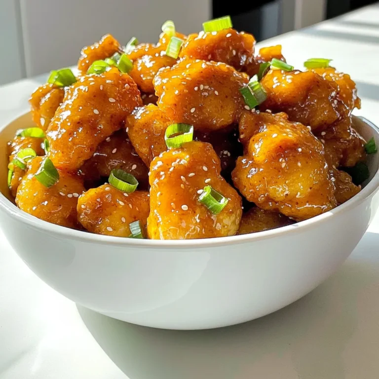 To make this tasty dish, you need a few key items: - 1 lb (450g) boneless, skinless chicken thighs, cut into bite-sized pieces - 1/2 cup all-purpose flour - 1/2 cup cornstarch - 1 teaspoon baking powder - 1 teaspoon salt - 1/2 teaspoon black pepper - 1 teaspoon garlic powder - 1 teaspoon onion powder - 2 eggs, beaten - 1/4 cup orange juice - 1/4 cup honey - Zest of 1 orange - 1 tablespoon soy sauce - 2 tablespoons sesame oil These ingredients come together to create a dish that is both crispy and flavorful. You will also need some common pantry staples for this recipe: - Salt - Black pepper - Baking powder - Garlic powder - Onion powder - Soy sauce These ingredients help enhance the taste of your orange chicken. To make your dish look even better, consider adding these garnishes: - 2 green onions, sliced - Sesame seeds These add a nice crunch and extra flavor. Feel free to use them for a lovely presentation! Start by cutting 1 pound of boneless, skinless chicken thighs into small pieces. This size helps the chicken cook evenly. Place the chicken in a large bowl. In another bowl, mix these dry ingredients: - 1/2 cup all-purpose flour - 1/2 cup cornstarch - 1 teaspoon baking powder - 1 teaspoon salt - 1/2 teaspoon black pepper - 1 teaspoon garlic powder - 1 teaspoon onion powder In a separate bowl, beat 2 eggs. Then add: - 1/4 cup orange juice - 1/4 cup honey - Zest of 1 orange - 1 tablespoon soy sauce - 2 tablespoons sesame oil Mix well until combined. Dip each chicken piece into the egg mixture, letting the extra drip off. Next, roll the chicken in the flour mix. Make sure each piece is fully coated. Preheat your air fryer to 400°F (200°C) for about 5 minutes. Then, place the coated chicken in a single layer in the basket. Cook for 10 to 12 minutes. Shake the basket halfway through cooking. This helps the chicken get crispy and golden brown. While the chicken cooks, prepare the orange sauce. In a small saucepan, mix: - 1/4 cup orange juice - 1/4 cup honey - 1 tablespoon soy sauce - 2 tablespoons sesame oil Cook over medium heat until the sauce thickens slightly, about 3 to 4 minutes. Once the chicken is done, toss it in a bowl with the orange sauce. Serve right away, topped with sliced green onions and sesame seeds. Enjoy your meal! For extra crispiness, use cornstarch in your coating mix. It keeps the chicken light and crunchy. Make sure to shake off any excess batter before cooking. This helps the hot air circulate. Another tip is to spray a light coat of oil on the chicken. This will help it brown evenly in the air fryer. One common mistake is overcrowding the air fryer basket. This can lead to uneven cooking. Always arrange the chicken in a single layer. Another mistake is not preheating the air fryer. Preheating helps get that crispy texture right away. Finally, don’t skip the halfway shake. This ensures all sides get that golden look. Cooking times vary by air fryer brand and model. If your air fryer runs hot, check the chicken a minute or two early. For less powerful models, you might need to add a minute or two. A good rule is to start with 10 minutes, then check for doneness. Chicken should be golden brown and reach an internal temperature of 165°F (74°C). Always trust your air fryer’s results! {{image_2}} You can use chicken breasts or thighs for this dish. Chicken thighs offer more flavor and moisture. They also stay tender and juicy during cooking. On the other hand, chicken breasts are leaner. They cook quickly and can be healthier. Choose breasts for a lighter meal. Choose thighs for rich taste and softness. Both options work well with the orange sauce. To make this dish gluten-free, swap regular flour for gluten-free flour. Use cornstarch to keep that crispy texture. Ensure your soy sauce is gluten-free too. Many brands offer tamari, a great gluten-free option. With these swaps, you get the same tasty dish without gluten. You can change the sauce for a new twist. Try teriyaki sauce for sweetness and umami. Alternatively, use sweet chili sauce for heat. Add fresh ginger or chili flakes for extra flavor. These changes keep the dish exciting and unique. Feel free to experiment and find your favorite! To store your Air Fryer Orange Chicken, let it cool first. Place the chicken in an airtight container. Make sure the lid is tight to keep it fresh. Store it in the fridge for up to three days. If you need to keep it longer, freeze it. To reheat, use the air fryer for best results. Set it to 350°F (175°C). Heat the chicken for about 5-7 minutes. This keeps it crispy and tasty. You can also use a microwave. However, it may become soggy. For freezing, place the chicken in a freezer-safe bag. Squeeze out as much air as possible. Label the bag with the date and type. You can freeze it for up to three months. When you are ready to eat, thaw it overnight in the fridge before reheating. Yes, you can make Air Fryer Orange Chicken ahead of time. Cook the chicken and let it cool. Store it in an airtight container in the fridge. When you are ready to eat, reheat it in the air fryer for about 5 minutes at 400°F (200°C). This keeps the chicken crispy and tasty. Many sides go well with Air Fryer Orange Chicken. Here are some great options: - Steamed rice - Fried rice - Broccoli - Green beans - Side salad These sides balance the sweet and tangy flavors of the dish. Yes, Air Fryer Orange Chicken is healthier than the traditional fried version. Air frying uses less oil, cutting down on fat. The chicken stays crispy without soaking in oil. You still get all the flavor with fewer calories. Enjoying this dish can be guilt-free! You learned how to make tasty Air Fryer Orange Chicken. We covered important steps, from choosing the right chicken and coatings to cooking and serving tips. Remember, using pantry staples makes it easy, and the right garnishes boost flavor. Exploring variations helps you create new meals your way. Store extras well for future enjoyment. Enjoy this dish for a quick meal or impress guests. With these tips, you’ll cook like a pro. Now, get cooking and have fun!