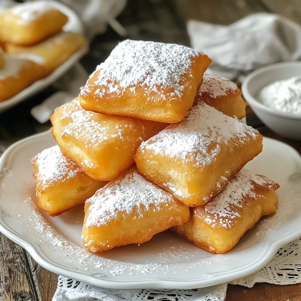 - 2 cups all-purpose flour - 1/4 cup granulated sugar - 1 tablespoon baking powder - 1/2 teaspoon salt - 2 large eggs - 3/4 cup whole milk - 1 teaspoon vanilla extract - Vegetable oil for frying - Powdered sugar for dusting What can I use instead of flour? You can use gluten-free flour blends. They work well in recipes. Look for a mix that has xanthan gum for better texture. What if I need dairy-free milk? Almond milk or oat milk are great choices. They add a nice flavor without the dairy. Can I use a different sweetener? Yes! You can try using coconut sugar or honey. Adjust the amount to taste, as they are sweeter. {{ingredient_image_1}} Mixing dry ingredients Start by grabbing a large mixing bowl. Add 2 cups of all-purpose flour, 1/4 cup of granulated sugar, 1 tablespoon of baking powder, and 1/2 teaspoon of salt. Use a whisk to blend them well. This mix forms the base for your beignets. Combining wet ingredients In another bowl, crack open 2 large eggs. Beat them well. Add 3/4 cup of whole milk and 1 teaspoon of vanilla extract. Stir until everything is mixed smoothly. This will add flavor and moisture to your dough. Transferring and kneading the dough Pour the wet mixture into the dry ingredients. Stir gently until just combined. The dough will feel a bit sticky, and that's okay! Lightly flour a clean surface. Transfer your dough onto it. Knead the dough for about 1 minute until it feels smoother. Rolling out the dough and cutting squares Roll the dough out to about 1/4 inch thick. Use a sharp knife or a pizza cutter to cut it into squares, about 2x2 inches. Make sure your cuts are clean. This will help the beignets puff up nicely when frying. Frying temperature and timing Heat vegetable oil in a deep pot or fryer to 350°F (175°C). Test the oil by dropping in a small piece of dough. It should sizzle right away. Carefully drop a few squares of dough into the hot oil, but don't overcrowd the pot. Fry them for about 2-3 minutes on each side. Watch for that golden brown color! Draining and dusting beignets Once they are golden, use a slotted spoon to remove them. Place the beignets on a plate lined with paper towels. This will help soak up the extra oil. While they are still warm, dust them generously with powdered sugar. This step makes them look and taste amazing! To make perfect beignets, you need to fry them right. First, heat your oil to 350°F (175°C). Use a kitchen thermometer to check the temperature. If the oil is too cool, the beignets will soak up too much oil and become greasy. If it's too hot, they will burn on the outside while staying raw inside. - Keep a close eye on the oil: Adjust the heat as needed to maintain the right temperature. - Don’t overcrowd the pot: Fry just a few at a time. This helps them cook evenly. Presentation makes your beignets even more fun! Try stacking them in a tower on a nice plate. Add a small bowl of powdered sugar next to them. It gives a lovely look and lets guests dust more sugar on their beignets as they wish. - Serve warm: They taste best right out of the fryer. - Pair with drinks: Coffee or hot chocolate works great with these treats. Even simple recipes have pitfalls. One common mistake is overmixing the dough. This can make your beignets tough. Mix until just combined to keep them light and airy. - Let the dough rest: If it feels too sticky, let it sit for a few minutes. - Check your oil again: Not letting the oil heat enough can lead to flat, soggy beignets. Always test a small piece of dough first. Pro Tips Use Cold Ingredients: For a fluffier texture, use cold eggs and milk straight from the fridge. Monitor Oil Temperature: Always use a thermometer to ensure your oil stays at 350°F (175°C) for even frying. Don’t Overcrowd the Pot: Fry beignets in small batches to prevent the oil temperature from dropping and ensure even cooking. Dust with Powdered Sugar While Warm: This helps the sugar stick better, creating a delightful sweetness in every bite. {{image_2}} You can easily change up the flavor of your beignets. Adding spices like cinnamon or nutmeg gives them a warm kick. Just mix in a teaspoon of either spice when you combine the dry ingredients. If you love chocolate, try adding cocoa powder for a rich taste. You can also fold in small chocolate chips or pieces of fruit into the dough. Those will melt and create tasty, gooey pockets. If you follow a vegan diet, you can still enjoy these beignets. Replace the eggs with 1/4 cup of unsweetened applesauce or a flax egg. Use almond milk or coconut milk instead of whole milk. This keeps the flavor while making it plant-based. For those on low-carb or keto diets, swap the flour for almond flour or coconut flour. Adjust the sugar to a low-carb sweetener like erythritol for a guilt-free treat. Beignets are fun to dress up! Serve them with different toppings to please everyone. You can offer fruit preserves like raspberry or strawberry for a fruity twist. Drizzling chocolate sauce over the warm beignets adds a rich, sweet touch. For a classic look, dust them with extra powdered sugar. This gives them that beautiful, snowy look perfect for sharing! Store beignets at room temperature for the best taste. Place them in an airtight container. This keeps them soft and fluffy. If you want, you can refrigerate them. Wrap them well in plastic wrap or foil. This helps prevent them from drying out. To reheat beignets, use an oven or air fryer. Preheat the oven to 350°F (175°C). Place the beignets on a baking sheet. Heat for about 5 minutes. This keeps them crispy. If using an air fryer, heat at 350°F (175°C) for 3 minutes. Avoid using a microwave. It makes beignets chewy. When stored properly, beignets last about 2 to 3 days. If you keep them in the fridge, they may last up to a week. However, they taste best fresh. For longer storage, you can freeze them. Wrap them tightly in plastic wrap and then in foil. They can last up to 2 months in the freezer. Beignets are warm, fluffy dough squares. They come from France, especially from New Orleans. These treats are deep-fried and coated in powdered sugar. They often pair well with coffee. Beignets are a fun and tasty snack for any time. You can make beignets ahead, but they taste best fresh. Store them in an airtight container at room temperature. If you need to reheat, use an oven or air fryer. This keeps them crispy. Avoid microwaving, as it makes them soggy. Dense beignets may come from a few common issues. First, check the baking powder; it should be fresh. If the dough is overmixed, it may get tough. Also, ensure the oil is hot enough for frying. If the oil is too cool, the beignets absorb more oil and lose fluffiness. In this blog post, we explored how to make perfect beignets. We listed all the key ingredients and provided helpful substitutes. The step-by-step instructions guide you from mixing to frying. I shared tips on achieving the right texture and flavor. Variations let you be creative with spices and toppings. Remember, storing and reheating them properly keeps your beignets fresh. Making beignets can be fun and rewarding. Enjoy your tasty creations!