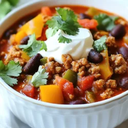 - 1 pound ground turkey - 1 medium onion, chopped - 2 cloves garlic, minced - 1 bell pepper (any color), chopped - 1 can (15 oz) black beans, drained and rinsed - 1 can (15 oz) kidney beans, drained and rinsed - 1 can (28 oz) crushed tomatoes - 2 tablespoons tomato paste - 2 tablespoons chili powder - 1 teaspoon cumin - 1 teaspoon smoked paprika - 1/2 teaspoon cayenne pepper (adjust to taste) - Salt and pepper to taste - 1 cup corn (fresh, frozen, or canned) - 1 tablespoon olive oil - Fresh cilantro, for garnish - Optional toppings: sour cream, shredded cheese, diced green onions This chili packs a healthy punch. Each serving offers: - Calories: 300 - Protein: 24g - Carbohydrates: 34g - Fiber: 10g - Fat: 10g This dish is high in protein from the turkey and beans. Plus, it has fiber from the beans and corn, making it filling. You can swap ingredients for a twist: - Use ground chicken instead of turkey for a lighter option. - Replace black beans with pinto beans for a different taste. - If you can’t find crushed tomatoes, diced tomatoes work well too. - Fresh herbs like parsley can replace cilantro for a milder flavor. These changes keep the chili tasty while catering to your pantry. {{ingredient_image_1}} First, gather all your ingredients. You will need: - 1 pound ground turkey - 1 medium onion, chopped - 2 cloves garlic, minced - 1 bell pepper, chopped - 1 can (15 oz) black beans, drained and rinsed - 1 can (15 oz) kidney beans, drained and rinsed - 1 can (28 oz) crushed tomatoes - 2 tablespoons tomato paste - 2 tablespoons chili powder - 1 teaspoon cumin - 1 teaspoon smoked paprika - 1/2 teaspoon cayenne pepper - Salt and pepper to taste - 1 cup corn - 1 tablespoon olive oil - Fresh cilantro, for garnish Chop the onion, garlic, and bell pepper. This will add texture and flavor. Drain and rinse the beans to remove excess sodium. Heat a skillet on medium. Add the olive oil. Sauté the onion and bell pepper for about five minutes. Then, add the minced garlic and cook for one more minute. Transfer these veggies to the slow cooker. In the same skillet, brown the ground turkey until fully cooked. This should take about 7 to 10 minutes. Add the turkey to the slow cooker. Now, add the black beans, kidney beans, crushed tomatoes, tomato paste, chili powder, cumin, smoked paprika, cayenne pepper, and corn. Stir everything until mixed well. This step is key for even flavor. Season with salt and pepper to taste. Cover the slow cooker with its lid. Cook on low for 6 to 8 hours. If you’re short on time, you can cook on high for 3 to 4 hours. The chili is done when it’s heated through and the flavors meld together. Serve hot and garnish with fresh cilantro. You can also offer toppings like sour cream or cheese for extra flavor. Enjoy your meal! To boost the flavor of your slow cooker turkey chili, think layers. Start with sautéing the onion and bell pepper in olive oil. This step brings out their natural sweetness. Add garlic at the end to keep its punch. Try using fresh herbs like cilantro or parsley. They add brightness at the end. If you want more heat, adjust the cayenne pepper. Add lime juice for a fresh twist. You can also add a splash of soy sauce or Worcestershire sauce for depth. These small tweaks make a big difference in taste. If your chili turns out too watery, try adding more beans or corn. You can also mix in a little cornmeal to thicken it. If it tastes bland, add more chili powder, cumin, or salt. Taste as you go! If your chili is too spicy, balance it with a dollop of sour cream. It cools down the heat nicely. Don’t worry if the beans are hard. They just need more time to cook. For best results, choose a good slow cooker. Make sure it holds heat well. Always chop your veggies into even pieces. This helps them cook evenly. Layer your ingredients for a richer taste. Start with meat and spices at the bottom, then add veggies and beans. This method keeps flavors strong. Avoid lifting the lid while cooking. Every time you peek, you let heat escape. Lastly, let your chili rest for a few minutes before serving. This allows the flavors to meld beautifully. Pro Tips Use Lean Turkey: Opt for lean ground turkey to keep the chili healthy without sacrificing flavor. Customize the Heat: Adjust the cayenne pepper to your spice preference; start with less and add more if desired. Add Extra Veggies: Enhance nutrition and flavor by adding extra vegetables like zucchini or spinach. Let It Rest: For the best flavor, let the chili sit for 30 minutes after cooking before serving, allowing the flavors to meld. {{image_2}} You can easily make a vegetarian version of slow cooker chili. Start with the same base. Replace the ground turkey with a mix of beans. Use more black beans, kidney beans, or even chickpeas. Add extra veggies like zucchini or mushrooms for texture. You can also add lentils for a hearty feel. Adjust the spices to keep the flavor punchy. You can control the heat level of your chili. For a spicy chili, add more cayenne pepper or diced jalapeños. You could also use hotter chili powder. If you prefer mild, cut the cayenne completely. You can even leave out the chili powder. Always taste as you go to find your perfect balance. Chili is a great dish for using up veggies. Feel free to mix in corn, carrots, or even sweet potatoes. Bell peppers add color and sweetness, but you can try others, too. Green beans or spinach stir in nicely right before serving. Experimenting with veggies keeps each pot unique and delicious. After cooking your chili, let it cool first. Place it in an airtight container. Store it in the fridge for up to five days. Make sure to label the container with the date. This will help you keep track of how long it has been stored. You can freeze chili for longer storage. Use freezer-safe containers or bags. Chili can last up to three months in the freezer. When you're ready to eat it, thaw it in the fridge overnight. Reheat in the microwave or on the stove until it's hot. Stir well to ensure even heating. Always store leftovers within two hours of cooking. This keeps your food safe to eat. If you leave it out longer, bacteria can grow. Divide large amounts into smaller containers. This helps cool the chili faster and keeps it fresh. Enjoy your tasty leftovers! To add more heat, use more cayenne pepper. Start with one teaspoon. Taste it. If you want more spice, add more. You can also add chopped jalapeños or hot sauce. Both will boost the heat and flavor. Adjust to fit your taste! Yes, you can use ground beef, chicken, or turkey. Each meat gives a different flavor. If you use beef, choose lean cuts to keep it healthy. For chicken, use ground or diced breast. Each option will still taste great in the chili. Turkey chili pairs well with many sides. Try serving it with cornbread or rice. You can also serve it with tortilla chips for a nice crunch. A fresh salad is a great side too. Top your chili with cheese or sour cream for extra flavor! Turkey chili lasts about 3 to 4 days in the fridge. Store it in an airtight container. Make sure it cools down first before you store it. If you can’t eat it in time, freeze it! It will last 2 to 3 months in the freezer. In this blog post, we explored how to make delicious slow cooker turkey chili. We covered all the key ingredients, helpful cooking steps, and gave specific tips to enhance flavor. You learned about tasty variations and safe storage methods. Slow cooking is a fun way to create tasty meals easily. With the right tips, you’ll impress your family and friends with your chili skills. Enjoy your cooking adventure!