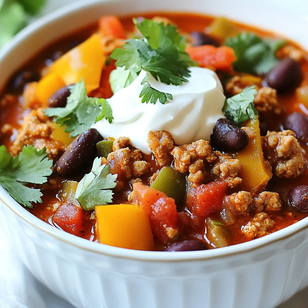 - 1 pound ground turkey - 1 medium onion, chopped - 2 cloves garlic, minced - 1 bell pepper (any color), chopped - 1 can (15 oz) black beans, drained and rinsed - 1 can (15 oz) kidney beans, drained and rinsed - 1 can (28 oz) crushed tomatoes - 2 tablespoons tomato paste - 2 tablespoons chili powder - 1 teaspoon cumin - 1 teaspoon smoked paprika - 1/2 teaspoon cayenne pepper (adjust to taste) - Salt and pepper to taste - 1 cup corn (fresh, frozen, or canned) - 1 tablespoon olive oil - Fresh cilantro, for garnish - Optional toppings: sour cream, shredded cheese, diced green onions This chili packs a healthy punch. Each serving offers: - Calories: 300 - Protein: 24g - Carbohydrates: 34g - Fiber: 10g - Fat: 10g This dish is high in protein from the turkey and beans. Plus, it has fiber from the beans and corn, making it filling. You can swap ingredients for a twist: - Use ground chicken instead of turkey for a lighter option. - Replace black beans with pinto beans for a different taste. - If you can’t find crushed tomatoes, diced tomatoes work well too. - Fresh herbs like parsley can replace cilantro for a milder flavor. These changes keep the chili tasty while catering to your pantry. {{ingredient_image_1}} First, gather all your ingredients. You will need: - 1 pound ground turkey - 1 medium onion, chopped - 2 cloves garlic, minced - 1 bell pepper, chopped - 1 can (15 oz) black beans, drained and rinsed - 1 can (15 oz) kidney beans, drained and rinsed - 1 can (28 oz) crushed tomatoes - 2 tablespoons tomato paste - 2 tablespoons chili powder - 1 teaspoon cumin - 1 teaspoon smoked paprika - 1/2 teaspoon cayenne pepper - Salt and pepper to taste - 1 cup corn - 1 tablespoon olive oil - Fresh cilantro, for garnish Chop the onion, garlic, and bell pepper. This will add texture and flavor. Drain and rinse the beans to remove excess sodium. Heat a skillet on medium. Add the olive oil. Sauté the onion and bell pepper for about five minutes. Then, add the minced garlic and cook for one more minute. Transfer these veggies to the slow cooker. In the same skillet, brown the ground turkey until fully cooked. This should take about 7 to 10 minutes. Add the turkey to the slow cooker. Now, add the black beans, kidney beans, crushed tomatoes, tomato paste, chili powder, cumin, smoked paprika, cayenne pepper, and corn. Stir everything until mixed well. This step is key for even flavor. Season with salt and pepper to taste. Cover the slow cooker with its lid. Cook on low for 6 to 8 hours. If you’re short on time, you can cook on high for 3 to 4 hours. The chili is done when it’s heated through and the flavors meld together. Serve hot and garnish with fresh cilantro. You can also offer toppings like sour cream or cheese for extra flavor. Enjoy your meal! To boost the flavor of your slow cooker turkey chili, think layers. Start with sautéing the onion and bell pepper in olive oil. This step brings out their natural sweetness. Add garlic at the end to keep its punch. Try using fresh herbs like cilantro or parsley. They add brightness at the end. If you want more heat, adjust the cayenne pepper. Add lime juice for a fresh twist. You can also add a splash of soy sauce or Worcestershire sauce for depth. These small tweaks make a big difference in taste. If your chili turns out too watery, try adding more beans or corn. You can also mix in a little cornmeal to thicken it. If it tastes bland, add more chili powder, cumin, or salt. Taste as you go! If your chili is too spicy, balance it with a dollop of sour cream. It cools down the heat nicely. Don’t worry if the beans are hard. They just need more time to cook. For best results, choose a good slow cooker. Make sure it holds heat well. Always chop your veggies into even pieces. This helps them cook evenly. Layer your ingredients for a richer taste. Start with meat and spices at the bottom, then add veggies and beans. This method keeps flavors strong. Avoid lifting the lid while cooking. Every time you peek, you let heat escape. Lastly, let your chili rest for a few minutes before serving. This allows the flavors to meld beautifully. Pro Tips Use Lean Turkey: Opt for lean ground turkey to keep the chili healthy without sacrificing flavor. Customize the Heat: Adjust the cayenne pepper to your spice preference; start with less and add more if desired. Add Extra Veggies: Enhance nutrition and flavor by adding extra vegetables like zucchini or spinach. Let It Rest: For the best flavor, let the chili sit for 30 minutes after cooking before serving, allowing the flavors to meld. {{image_2}} You can easily make a vegetarian version of slow cooker chili. Start with the same base. Replace the ground turkey with a mix of beans. Use more black beans, kidney beans, or even chickpeas. Add extra veggies like zucchini or mushrooms for texture. You can also add lentils for a hearty feel. Adjust the spices to keep the flavor punchy. You can control the heat level of your chili. For a spicy chili, add more cayenne pepper or diced jalapeños. You could also use hotter chili powder. If you prefer mild, cut the cayenne completely. You can even leave out the chili powder. Always taste as you go to find your perfect balance. Chili is a great dish for using up veggies. Feel free to mix in corn, carrots, or even sweet potatoes. Bell peppers add color and sweetness, but you can try others, too. Green beans or spinach stir in nicely right before serving. Experimenting with veggies keeps each pot unique and delicious. After cooking your chili, let it cool first. Place it in an airtight container. Store it in the fridge for up to five days. Make sure to label the container with the date. This will help you keep track of how long it has been stored. You can freeze chili for longer storage. Use freezer-safe containers or bags. Chili can last up to three months in the freezer. When you're ready to eat it, thaw it in the fridge overnight. Reheat in the microwave or on the stove until it's hot. Stir well to ensure even heating. Always store leftovers within two hours of cooking. This keeps your food safe to eat. If you leave it out longer, bacteria can grow. Divide large amounts into smaller containers. This helps cool the chili faster and keeps it fresh. Enjoy your tasty leftovers! To add more heat, use more cayenne pepper. Start with one teaspoon. Taste it. If you want more spice, add more. You can also add chopped jalapeños or hot sauce. Both will boost the heat and flavor. Adjust to fit your taste! Yes, you can use ground beef, chicken, or turkey. Each meat gives a different flavor. If you use beef, choose lean cuts to keep it healthy. For chicken, use ground or diced breast. Each option will still taste great in the chili. Turkey chili pairs well with many sides. Try serving it with cornbread or rice. You can also serve it with tortilla chips for a nice crunch. A fresh salad is a great side too. Top your chili with cheese or sour cream for extra flavor! Turkey chili lasts about 3 to 4 days in the fridge. Store it in an airtight container. Make sure it cools down first before you store it. If you can’t eat it in time, freeze it! It will last 2 to 3 months in the freezer. In this blog post, we explored how to make delicious slow cooker turkey chili. We covered all the key ingredients, helpful cooking steps, and gave specific tips to enhance flavor. You learned about tasty variations and safe storage methods. Slow cooking is a fun way to create tasty meals easily. With the right tips, you’ll impress your family and friends with your chili skills. Enjoy your cooking adventure!