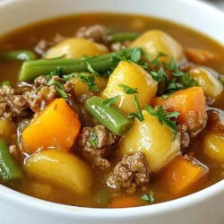 To make Hearty Hamburger Stew, gather these simple ingredients: - 1 pound ground beef - 1 medium onion, diced - 3 cloves garlic, minced - 3 carrots, sliced - 2 potatoes, diced - 1 cup green beans, trimmed and cut into 1-inch pieces - 1 can (14 oz) diced tomatoes - 4 cups beef broth - 2 tablespoons olive oil - 1 tablespoon Worcestershire sauce - 1 teaspoon dried thyme - 1 teaspoon dried oregano - Salt and pepper to taste - Fresh parsley for garnish These ingredients create a tasty and filling dish. Each one adds to the rich flavor. You can add some optional ingredients to boost flavor. Try these: - 1 cup corn for sweetness - 1 bell pepper, diced for crunch - 1-2 teaspoons hot sauce for heat - 1 teaspoon smoked paprika for depth These extras can make your stew more unique and fun. Feel free to be creative! If you have food allergies or preferences, there are easy swaps. Here are some ideas: - Use ground turkey or chicken instead of beef for a lighter option. - Swap beef broth for vegetable broth for a vegetarian version. - Replace olive oil with canola or avocado oil if needed. - For a gluten-free option, ensure the Worcestershire sauce is gluten-free. These substitutions keep the stew hearty while catering to dietary needs. Always check labels to ensure safety. {{ingredient_image_1}} Start by heating olive oil in a large pot over medium heat. Add the diced onions and minced garlic. Cook for about 3 to 4 minutes. You want the onions to become soft and clear. This step gives the stew a strong base of flavor. The smell of cooking onions and garlic makes you hungry! Next, add 1 pound of ground beef to the pot. Use a wooden spoon to break it apart. Cook the beef for about 5 to 6 minutes. Make sure it turns brown and no longer looks pink. If there is too much fat, drain some off. Browning the beef adds a rich taste to the stew. Now it&rsquo;s time to mix in the other ingredients. Add 1 can of diced tomatoes, Worcestershire sauce, dried thyme, oregano, salt, and pepper to the beef. Stir everything together well. Pour in 4 cups of beef broth. Bring the pot to a simmer. Then, add sliced carrots, diced potatoes, and green beans. Stir again and let it cook for 25 to 30 minutes. The vegetables will become tender and soak up flavor. Taste the stew and adjust the seasoning if needed. Serve hot, garnished with fresh parsley. Enjoy your warm bowl of comfort! Start with good beef. Use ground beef that is fresh and has some fat. Fat adds flavor and keeps the meat juicy. Heat your pot before adding oil. This helps sear the beef better. Break the meat apart with a wooden spoon. Cook it until it is brown and no longer pink. Drain any extra fat for a lighter stew. To boost the taste, use fresh herbs. Thyme and oregano work well in this stew. Add Worcestershire sauce for a savory kick. It brings depth to the beef flavor. Don&rsquo;t forget to season with salt and pepper. Taste as you go. This way, you can adjust the flavors to your liking. Cut your veggies into similar sizes. This helps them cook evenly. Start with the hardest veggies first. Carrots and potatoes need more time. Add them early in the cooking process. Stir the pot occasionally to mix flavors. Taste test the veggies after about 25 minutes. They should be soft but not mushy. This gives your stew a nice texture. Pro Tips Brown the Meat: For enhanced flavor, ensure the ground beef is well-browned before adding other ingredients. This caramelization adds depth to the stew. Customize Your Vegetables: Feel free to substitute or add vegetables based on seasonal availability or personal preference, such as peas, corn, or bell peppers. Thicken the Stew: If you prefer a thicker consistency, mix a tablespoon of cornstarch with cold water and stir it into the stew during the last few minutes of cooking. Let it Rest: Allowing the stew to sit for a few minutes after cooking can help the flavors meld together, resulting in a more robust taste. {{image_2}} You can still enjoy this stew without meat. Try using plant-based proteins like lentils or chickpeas. These options offer great texture and flavor. Cook the lentils or chickpeas before adding them to the pot. This change keeps the stew hearty and satisfying. You can also use meat substitutes like tempeh or tofu. They absorb flavors well and add extra protein. Feel free to get creative with your veggies. Besides carrots and potatoes, you can add mushrooms, peas, or corn. Sweet potatoes add a nice sweetness. Zucchini can provide a fresh crunch. Always cut your vegetables into even pieces to ensure they cook at the same rate. This way, every bite is delicious and tender. Spices can transform your stew into something new. For a warm flavor, try adding smoked paprika or cumin. If you want some heat, toss in crushed red pepper flakes. Fresh herbs like basil or cilantro can brighten the dish. Experimenting with different spices allows you to create a unique stew each time. Adjust the spices to match your taste. To keep your Hearty Hamburger Stew fresh, let it cool first. Use airtight containers to store the stew. It can last in the fridge for about 3 to 4 days. Always label the container with the date. This way, you know how long it has been in there. If you want to keep it longer, freezing is great. Pour the cooled stew into freezer-safe bags or containers. Leave some space at the top, as the stew will expand. It can stay good for up to 3 months in the freezer. When you&rsquo;re ready to eat, just thaw it in the fridge overnight. When reheating, you have a few options. The stove is best for even heating. Pour the stew into a pot and heat on low to medium. Stir often to avoid burning. You can also use the microwave. Just heat in short bursts, stirring in between. Make sure it is hot all the way through. Enjoy every spoonful! Yes, you can make Hearty Hamburger Stew in a slow cooker. Start by browning the ground beef in a pan. After that, add all the ingredients to the slow cooker. This includes the onions, garlic, carrots, potatoes, green beans, diced tomatoes, and beef broth. Set it on low for about 6 hours, or on high for about 3 hours. This method lets the flavors blend well and makes the beef very tender. To thicken your Hamburger Stew, you have a few simple options. One way is to mix 2 tablespoons of cornstarch with cold water. Stir this mixture into the stew during the last 10 minutes of cooking. Another method is to mash some of the potatoes in the stew. This will help thicken it naturally. You can also let the stew simmer longer to reduce the liquid. Hearty Hamburger Stew pairs well with many sides. Fresh bread or rolls are great for dipping. A simple green salad adds a nice crunch. You could also serve it with rice for extra filling. If you like, some people enjoy a side of mashed potatoes. This adds creaminess that complements the stew well. This blog post shared how to craft a tasty Hearty Hamburger Stew. We explored key ingredients and offered tips for special flavors. You learned handy ways to deal with allergens and substitute different items. Cooking steps included browning beef and simmering to blend flavors. You also found ways to keep vegetables tender. In the end, enjoy making this stew your own. It&rsquo;s warm, filling, and perfect for any meal. Happy cooking!