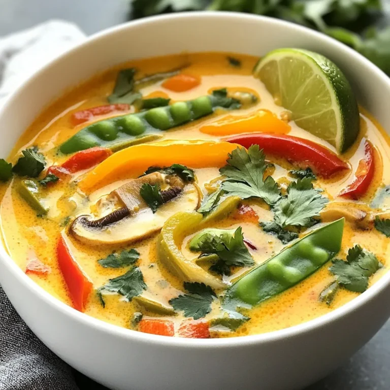 To make Spicy Thai Coconut Curry Soup, gather these main ingredients: - 1 tablespoon coconut oil - 1 onion, diced - 3 cloves garlic, minced - 1 tablespoon fresh ginger, grated - 2 tablespoons red curry paste - 1 can (400ml) coconut milk - 4 cups vegetable broth - 1 cup bell peppers, sliced (red, yellow, or green) - 1 cup snap peas - 1 cup mushrooms, sliced - 1 tablespoon soy sauce or tamari (for gluten-free) - 1 tablespoon lime juice - Fresh basil and cilantro for garnish - Salt to taste - Chili flakes (optional for extra heat) You can enhance the soup's flavor with these optional ingredients: - Sliced green onions for a fresh crunch - A dash of fish sauce for umami - Additional spices like coriander or turmeric - A touch of brown sugar to balance the heat If you have allergies, here are some substitutes: - Use olive oil instead of coconut oil if you prefer. - Replace soy sauce with coconut aminos for a soy-free option. - Use vegetable broth that is free from gluten. - Coconut milk can be swapped with almond or oat milk for a dairy-free alternative. {{ingredient_image_1}} 1. Start by heating one tablespoon of coconut oil in a large pot over medium heat. 2. Add diced onion and sauté it until it turns soft and clear, which takes about five minutes. 3. Next, mix in three cloves of minced garlic and one tablespoon of grated ginger. Cook for one more minute to let the aroma fill the air. 4. Now, add two tablespoons of red curry paste. Stir it well for two to three minutes to bring out the flavors. 5. Pour in one can of coconut milk and four cups of vegetable broth. Stir until everything blends together. Bring this mix to a gentle simmer. 6. Toss in one cup of sliced bell peppers, one cup of snap peas, and one cup of sliced mushrooms. Let them cook for about ten to fifteen minutes until they are nice and tender. 7. Finally, mix in one tablespoon of soy sauce or tamari and one tablespoon of lime juice. Adjust the taste with salt and chili flakes if you like it spicier. 8. Serve the soup in bowls. Top with fresh basil and cilantro for that perfect finish. To get the best flavor, always use fresh ingredients. Fresh herbs, garlic, and ginger will give your soup a vibrant taste. Taste as you cook. This way, you can adjust the flavors to your liking. If you want more heat, add extra chili flakes or a dash of hot sauce. A squeeze of lime juice adds brightness, balancing the rich coconut milk. - Large pot or Dutch oven: This is perfect for making soups. - Wooden spoon: Use this for stirring without scratching your pot. - Knife and cutting board: Essential for chopping veggies safely. - Measuring spoons: To ensure you use the right amount of each ingredient. - Ladle: Makes serving the soup easy and mess-free. To add more heat to your soup, use fresh chili peppers. Slice them and toss them in while cooking. You can also add more red curry paste. Start with a little, then taste. If you want more spice, keep adding until it’s just right. Another great option is to sprinkle chili flakes on top before serving. If you like a thicker soup, use a simple trick. Blend part of the soup after cooking. Just take out a cup or two and blend until smooth. Then, mix it back into the pot. You can also add a spoonful of cornstarch mixed with cold water. Stir it in slowly while the soup simmers until it thickens. To boost the aroma and taste, add fresh herbs. Basil and cilantro work great. Mix them in just before serving. A squeeze of lime juice also brightens the flavors. If you like a sweet touch, a bit of brown sugar or maple syrup can help balance the spice. Always taste and adjust as you go, so it fits your liking. Pro Tips Customize the Heat: Adjust the amount of red curry paste based on your spice tolerance, adding more for extra heat or reducing it for a milder flavor. Fresh vs. Dried Herbs: For the best flavor, use fresh basil and cilantro as a garnish. If unavailable, dried herbs can be used but will lack the same vibrancy. Veggie Variations: Feel free to swap in your favorite vegetables like zucchini, carrots, or even kale to customize the soup to your liking. Make it a Meal: For a heartier version, add cooked noodles or rice to the soup before serving, turning it into a filling meal. {{image_2}} You can easily make this soup vegetarian or vegan. Simply skip the meat and use vegetable broth. Add more veggies like carrots or zucchini for extra flavor. You might also use mushrooms for a hearty texture. Coconut milk already makes it creamy and rich. Adding proteins boosts the dish's heartiness. For chicken, use boneless, skinless pieces. Cook them in the pot before adding the other ingredients. If you want to add tofu, use firm tofu. Cut it into cubes and add it with the veggies to soak up the flavors. For fish, choose a white fish like tilapia. Add it towards the end to keep it tender. To make this soup gluten-free, use tamari instead of soy sauce. Check the labels on your broth and curry paste, as some contain gluten. Most fresh ingredients are naturally gluten-free. Enjoy the soup without worry! After enjoying your soup, let it cool to room temperature. Then, pour it into an airtight container. Make sure to leave some space at the top for expansion. You can store leftovers in the fridge for up to three days. This helps keep the flavors fresh and tasty. If you want to save your soup for later, freezing is a great option. Use freezer-safe containers or bags. Pour the soup in, leaving space for expansion. You can freeze it for up to three months. Label the bags with the date. This way, you’ll know when to use them. To reheat, take the soup from the fridge or freezer. If frozen, let it thaw in the fridge overnight. You can heat it on the stove over low heat. Stir often to avoid sticking. If using a microwave, heat in short bursts. Stir between each burst. This helps heat it evenly without overcooking. Enjoy your warm, tasty soup again! You can serve this soup with rice or noodles. Jasmine rice pairs well with the flavors. You can also add crusty bread on the side. This helps soak up the tasty broth. Some people enjoy fresh spring rolls too. They add a nice crunch. Yes, you can make this soup ahead of time. It tastes great when reheated. Just let it cool and store it in an airtight container. Keep it in the fridge for up to three days. If you want to freeze it, do so before adding fresh herbs. To adjust the spice level, use less red curry paste. Start with one tablespoon if you prefer mild flavors. You can also leave out the chili flakes. For more heat, add extra chili flakes or sliced jalapeños. Taste as you go to find the right balance. This soup is rich in vitamins and minerals. The vegetables provide fiber and nutrients. Coconut milk adds healthy fats, which can boost energy. Ginger and garlic help support your immune system. Plus, it is naturally dairy-free and gluten-free, making it a great choice for many diets. In this blog post, we explored the key ingredients needed for Spicy Thai Coconut Curry Soup. We detailed a step-by-step guide on cooking it perfectly. Tips and tricks helped enhance the flavor and aroma. We also covered delicious variations for different diets and provided storage tips for leftovers. As you create this soup, remember to adjust the spice to your taste. Enjoy experimenting with flavors and textures. This dish is not just a recipe; it’s a chance to express your cooking skills and enjoy a tasty meal.