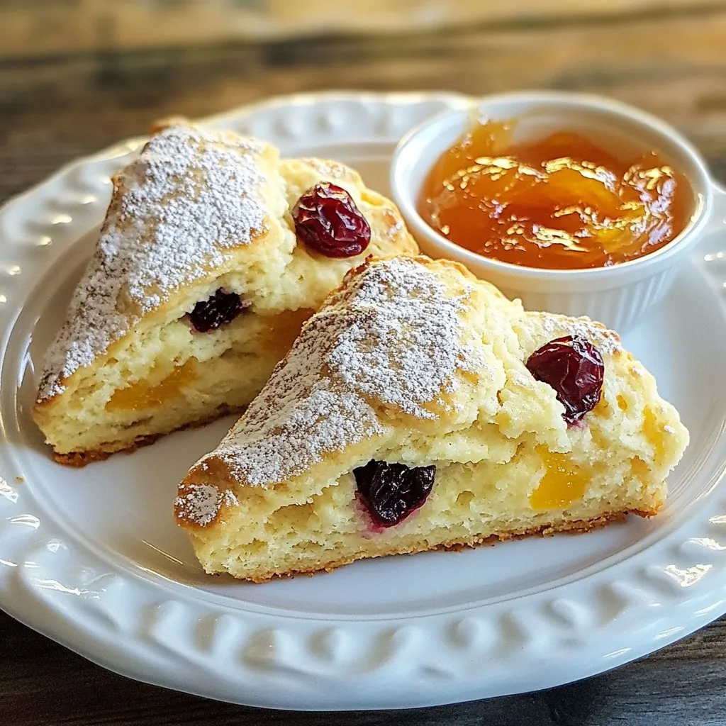 To make delicious cranberry orange scones, you'll need: - 2 cups all-purpose flour - 1/3 cup granulated sugar - 1 tablespoon baking powder - 1/2 teaspoon salt - 1/4 cup cold unsalted butter, cubed - 1/2 cup dried cranberries - Zest of 1 large orange - 1/2 cup heavy cream - 1 large egg - 1 teaspoon vanilla extract - 1/4 cup orange juice These ingredients create a perfect balance of sweet and tart flavors in every bite. You can easily swap some ingredients if needed: - Use whole wheat flour for a healthier option. - Coconut sugar can replace granulated sugar for a different taste. - For dairy-free scones, try almond milk instead of heavy cream. - Replace dried cranberries with raisins or blueberries if you prefer. These substitutions keep the scone's texture while offering new flavors. Fresh ingredients make a huge difference in taste. Fresh orange zest adds bright citrus notes. Cold butter creates a flaky texture, essential for scones. Dried cranberries should be plump and flavorful. Using fresh ingredients ensures your scones taste their best. Always choose the best quality to enhance your baking experience. {{ingredient_image_1}} Start by preheating your oven to 400°F (200°C). This step is key for even baking. Next, take a baking sheet and line it with parchment paper. This will help prevent sticking and make cleanup easy. In a large mixing bowl, whisk together 2 cups of all-purpose flour, 1/3 cup of granulated sugar, 1 tablespoon of baking powder, and 1/2 teaspoon of salt. Mix well until it looks uniform. Now, add 1/4 cup of cold unsalted butter. Cut the butter into the flour mix using a pastry cutter or your fingers. You want the mixture to look like coarse crumbs. In another bowl, whisk together 1/2 cup of heavy cream, 1 large egg, 1 teaspoon of vanilla extract, and 1/4 cup of orange juice. Pour this wet mixture into the dry ingredients. Gently stir until just combined; don’t overmix. The dough should feel a bit sticky. Dust a clean surface with flour and turn the dough out onto it. Knead it gently a few times to bring it all together. Form the dough into a disc about 1 inch thick. Use a sharp knife to cut this disc into 8 wedges. Place the wedges on your prepared baking sheet, leaving about 2 inches between each one. Now, it's time to bake! Place the baking sheet in your preheated oven. Bake for 15 to 18 minutes, or until the tops are lightly golden. Once done, let the scones cool for a few minutes on the baking sheet. Then, transfer them to a wire rack to cool completely. Enjoy your freshly baked cranberry orange scones! To get fluffy scones, start with cold butter. This keeps the scones light. Cut the butter into small pieces. Mix it with the flour until it looks like crumbs. Be gentle when adding the wet ingredients. Mix just until combined. Overmixing will make them tough. If the dough feels sticky, that’s normal. It will bake up nice and soft. One big mistake is using warm butter. Warm butter can lead to flat scones. Another mistake is not measuring ingredients correctly. Too much flour can make your scones dry. Also, avoid skipping the zest. The orange zest adds great flavor. Lastly, don’t forget to space out the scones on the baking sheet. They need room to rise. Serve your scones warm for the best taste. A sprinkle of powdered sugar looks nice too. Pair them with orange marmalade or butter. This adds extra flavor. You can also enjoy them with tea or coffee. For a fun twist, add a dollop of whipped cream on top. This makes each bite even more special. Pro Tips Use Cold Ingredients: Ensure your butter and cream are cold to create a flaky texture in the scones. Don’t Overmix: Mix until just combined to keep the scones tender and light. Experiment with Add-ins: Feel free to add nuts or other dried fruits to customize your scones. Serve Fresh: Enjoy the scones warm for the best flavor and texture; they can be reheated briefly in the oven. {{image_2}} You can change the flavor of your scones by adding other fruits or nuts. Try using chopped apples, juicy blueberries, or sweet cherries. You may also add nuts like walnuts or pecans for a crunch. Mix in 1/2 cup of your chosen fruit or nuts into the dough. This keeps the scones exciting and fun. A glaze can make your scones shine and taste even better. To make a simple glaze, mix powdered sugar with a bit of orange juice. Start with 1 cup of sugar and 2 tablespoons of juice. Drizzle it on top after baking. You can also use milk or cream for a creamy glaze. This adds flavor and makes the scones look fancy. If you like savory treats, try adding cheese or herbs. Sharp cheddar or feta makes a nice addition. You can mix in 1/2 cup of cheese into the dough. Adding herbs like rosemary or thyme gives a unique taste. Just use 1 to 2 tablespoons of fresh herbs. This way, you can enjoy a new twist on your cranberry orange scones. To keep your scones fresh, store them in an airtight container. Line the bottom with parchment paper to absorb moisture. Place the scones in a single layer. If you have more, add another layer of parchment paper between them. This helps prevent them from getting soggy. Keep them at room temperature for up to two days. For longer storage, move to the fridge. When you're ready to enjoy a scone, reheat it for the best taste. Preheat your oven to 350°F (175°C). Wrap the scone in aluminum foil. This keeps it moist while warming. Heat for about 10 minutes or until warm. If you're in a hurry, you can use a microwave. Heat on medium power for 15-20 seconds. Check to avoid overcooking, as this can make them tough. Freezing is great for long-term storage. Start by letting the scones cool completely. Wrap each one tightly in plastic wrap. Then place them in a freezer bag or airtight container. Label the bag with the date. You can freeze them for up to three months. When you're ready to eat, thaw them in the fridge overnight. Then reheat as mentioned above for the best flavor. You can make dairy-free scones by replacing the butter and heavy cream. Use coconut oil or a dairy-free butter for the butter. For the cream, try almond milk or coconut cream. These swaps keep the scones moist and tasty. Yes, you can use fresh cranberries! Fresh cranberries give a tart flavor. However, you may want to add a bit more sugar to balance the tartness. Chop the fresh cranberries into smaller pieces for even mixing in the dough. These scones pair well with many tasty options. Serve them warm with butter or orange marmalade for a sweet touch. You can also enjoy them with a cup of tea or coffee. Cream cheese or clotted cream adds a nice creamy flavor. Scones are done when they turn a light golden brown on top. You can also check by gently tapping the top. If it feels firm and sounds hollow, they are ready. Let them cool slightly before serving. Cranberry orange scones are easy and fun to make. We covered key ingredients, step-by-step baking, and helpful tips. Fresh ingredients truly boost flavor. Try different fruits or glazing for tasty variations. Store your scones well to keep them fresh. Remember, adjusting for dietary needs is simple. I hope you enjoy making and sharing these delightful treats!