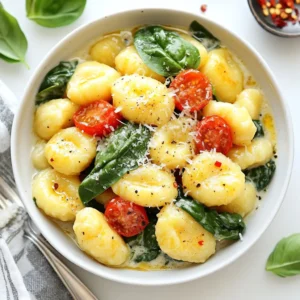 To make Marry Me Gnocchi, gather these ingredients: - 1 lb store-bought gnocchi - 1 tablespoon olive oil - 3 cloves garlic, minced - 1 cup cherry tomatoes, halved - 1 cup heavy cream - 1 cup fresh spinach - 1/2 cup grated Parmesan cheese - 1/4 teaspoon red pepper flakes (optional) - Salt and black pepper to taste - Fresh basil leaves for garnish When choosing your ingredients, freshness is key. Look for bright cherry tomatoes. They should feel firm and look shiny. Fresh spinach should be vibrant green and free of wilt. For the gnocchi, select a brand you trust. Look for those made with quality potatoes for the best texture. For the cheese, I recommend freshly grated Parmesan. This cheese melts well and adds a rich flavor. If you prefer a stronger cheese, try Pecorino Romano. Choose extra virgin olive oil for its taste and health benefits. If you can't find an ingredient, here are some swaps: - Use homemade gnocchi for a personal touch. - Replace heavy cream with coconut cream for a dairy-free option. - Swap cherry tomatoes for sun-dried tomatoes if desired. - For a different green, use kale or arugula instead of spinach. - If you want less spice, skip the red pepper flakes. These options keep your dish tasty while fitting your needs. {{ingredient_image_1}} 1. Start by boiling salted water in a large pot. 2. Add 1 lb of store-bought gnocchi. Cook until they float. Drain and set aside. 3. In a large skillet, heat 1 tablespoon of olive oil over medium heat. 4. Add 3 cloves of minced garlic. Saut&eacute; for 1 minute until it smells good. 5. Toss in 1 cup of halved cherry tomatoes. Cook for 3-4 minutes until soft. 6. Pour in 1 cup of heavy cream. Stir well and bring to a gentle simmer. 7. Add 1 cup of fresh spinach. Stir until the spinach wilts, about 2 minutes. 8. Mix in the cooked gnocchi and 1/2 cup of grated Parmesan cheese. 9. If you like a kick, add 1/4 teaspoon of red pepper flakes. 10. Toss gently to coat the gnocchi in the creamy sauce. 11. Season with salt and black pepper. 12. Remove from heat and let it sit for a minute to thicken. 13. Serve warm with fresh basil leaves on top. - Always choose fresh gnocchi for the best flavor. - When cooking, make sure the water is boiling. This helps the gnocchi float properly. - Do not overcrowd the skillet when adding ingredients. It helps everything cook evenly. - Use freshly grated Parmesan for better taste. Pre-grated cheese may not melt well. - Adjust the cream based on how rich you want the dish. - Avoid cooking gnocchi too long. They turn mushy if overcooked. - Don&rsquo;t skip the salt in the water. It adds flavor to the gnocchi. - Do not rush the simmering of the sauce. Let it come together slowly. - Avoid using dried herbs. Fresh herbs bring out the best flavors. - Don&rsquo;t forget to taste as you cook. Adjust seasoning to your liking. To boost the taste of Marry Me Gnocchi, use fresh ingredients. Fresh garlic and ripe cherry tomatoes make a big difference. You can add herbs like thyme or oregano for more depth. A squeeze of lemon juice brightens the dish, too. If you like spice, increase the red pepper flakes. Just a little extra can add warmth without overpowering. This dish pairs well with a light salad. A simple arugula salad with lemon vinaigrette works great. You can also serve it with crusty bread to soak up the sauce. For a drink, try a crisp white wine or sparkling water with lemon. If you want something sweeter, a light dessert like panna cotta fits well after this meal. Use a large pot for boiling the gnocchi. A good skillet is key for making the sauce. I recommend a non-stick skillet for easy cleanup. A wooden spoon helps mix the ingredients well without damaging your pan. If you have a pasta spoon, use it to serve the gnocchi. A sharp knife is handy for chopping your garlic and tomatoes. Pro Tips Choose Quality Gnocchi: Fresh or high-quality store-bought gnocchi will make a significant difference in texture and flavor. Avoid overcooked gnocchi for the best results. Customize the Cream Sauce: Feel free to add other vegetables such as zucchini or mushrooms to the cream sauce for extra flavor and nutrition. Parmesan Substitutes: If you don't have Parmesan cheese, Pecorino Romano or Grana Padano can be used as alternatives, providing a similar flavor profile. Garnish for Freshness: Always garnish with fresh basil just before serving to elevate the dish's flavor and presentation. {{image_2}} You can easily add protein to Marry Me Gnocchi. Chicken, shrimp, or sausage work well. To add chicken, cook bite-sized pieces in the skillet before the garlic. For shrimp, add them after the tomatoes. Cook until they turn pink. If you use sausage, slice it thin and cook it with the garlic. This extra protein makes the dish heartier. Making Marry Me Gnocchi vegetarian is simple. Just skip the meat and add more veggies. You can use mushrooms, zucchini, or bell peppers. For vegan gnocchi, swap heavy cream for coconut cream or cashew cream. Use nutritional yeast instead of Parmesan for a cheesy flavor. These options keep the dish tasty and plant-based. Seasonal ingredients can change the flavor of this dish. In spring, add asparagus or peas for freshness. In summer, try zucchini or corn for sweetness. In fall, roasted butternut squash adds a rich touch. In winter, you can add kale or Brussels sprouts for a hearty bite. Swapping ingredients keeps the dish exciting and fresh. To store your Marry Me Gnocchi, let it cool first. This helps keep the texture right. Use an airtight container for best results. You can keep it in the fridge for up to three days. Make sure to label the container with the date. This way, you know when to use it. When you are ready to eat, reheating is simple. You can warm it on the stove or in the microwave. If using the stove, add a splash of water or cream to keep it moist. Heat it on low, stirring often. For the microwave, heat in short bursts. Stir after each burst to help it heat evenly. This keeps the gnocchi from getting too tough. Freezing Marry Me Gnocchi is a great way to save time. To freeze, first cool the dish completely. Then, scoop it into freezer-safe bags or containers. Press out as much air as you can. This helps prevent freezer burn. You can freeze it for up to two months. When you&rsquo;re ready to eat, simply thaw it overnight in the fridge. Then follow the reheating instructions above. Enjoy your delicious meal anytime! Marry Me Gnocchi is a creamy, dreamy pasta dish. It combines gnocchi with rich flavors. This dish features garlic, cherry tomatoes, and fresh spinach. The heavy cream makes it extra smooth. Topped with Parmesan cheese, it creates a warm hug on a plate. Many call it "Marry Me" because it's so good. You might want to share it with someone special! Making gnocchi from scratch is fun and easy! Start with potatoes. Boil them until soft, then mash them. Mix the mash with flour and egg. Knead the dough until smooth, then cut it into pieces. Roll these pieces into small balls. Finally, shape them with a fork. Cook them in boiling salted water until they float. Now you have homemade gnocchi! Yes, you can use different types of cheese! While Parmesan is great, you can try others. Mozzarella adds a nice stretch. Ricotta brings a soft texture. If you want a stronger taste, go for aged cheese. Just remember to adjust the amount to keep it creamy. Cheese choices can change the dish's flavor! This recipe makes four servings. It&rsquo;s perfect for a cozy dinner or a small gathering. You can easily double it for a larger group. Just make sure to adjust the ingredients. More people means more delicious gnocchi to enjoy! You learned about making gnocchi from scratch and its key ingredients. We explored tips for choosing the best items and possible swaps. The cooking steps provided a clear guide, plus tips to avoid common mistakes. We added flavor ideas and serving suggestions to enhance your dish. You can transform this into different variations for every season and even store extras for later. Making gnocchi can be fun and rewarding. Enjoy creating your own simple masterpiece!