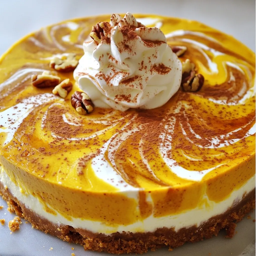 To make a perfect pumpkin swirl cheesecake, you need the following ingredients: - 1 ½ cups graham cracker crumbs - ⅓ cup granulated sugar - ½ cup unsalted butter, melted - 24 oz cream cheese, softened - 1 cup granulated sugar - 3 large eggs - 2 teaspoons vanilla extract - 1 cup pumpkin puree - 1 teaspoon ground cinnamon - ½ teaspoon ground nutmeg - ¼ teaspoon ground ginger - ¼ teaspoon salt Each ingredient plays a key role in creating a rich and creamy dessert. The graham cracker crumbs form the sweet base, while the cream cheese gives it a luscious texture. Pumpkin puree brings warmth and flavor, making this cheesecake a seasonal favorite. The spices, like cinnamon and nutmeg, offer that cozy touch. Using unsalted butter helps control the saltiness of the crust. The sugars sweeten the dish; one for the crust and another for the filling. Eggs bind everything together, ensuring a smooth consistency. Finally, vanilla extract enhances the overall flavor. Gather all these ingredients before you start. This makes the process smooth and enjoyable. With everything ready, you can focus on creating your delicious pumpkin swirl cheesecake! {{ingredient_image_1}} First, gather your ingredients. You need graham cracker crumbs, sugar, and melted butter. In a bowl, mix 1 ½ cups of graham cracker crumbs with ⅓ cup of sugar. Pour in ½ cup of melted butter. Stir until it looks like wet sand. Next, press this mixture into the bottom of a 9-inch springform pan. Make sure it is even and firm. This will be the base for your cheesecake. Now, let’s make the cream cheese layer. In a big bowl, beat 24 oz of softened cream cheese with 1 cup of sugar. Use an electric mixer on medium speed. Mix until it is smooth and creamy. Once it’s smooth, add 3 large eggs, one at a time. Mix well after each egg. Finally, add 2 teaspoons of vanilla extract. This adds great flavor to the cheesecake. In another bowl, combine 1 cup of pumpkin puree with spices. You will need 1 teaspoon of ground cinnamon, ½ teaspoon of ground nutmeg, ¼ teaspoon of ground ginger, and ¼ teaspoon of salt. Stir well until everything is mixed. This pumpkin mixture brings that lovely fall flavor to your cheesecake. Now it’s time to layer the mixtures. Pour half of the cream cheese mix over the crust. Then, dollop half of the pumpkin mix on top. Take a knife or spatula and gently swirl the two mixtures together. Make a marbled pattern. Repeat this step with the remaining cream cheese and pumpkin mixtures. Swirl again for a nice look. Preheat your oven to 325°F (160°C). Place your cheesecake in the oven. Bake for 55-60 minutes. The edges should be set, but the center can still jiggle a bit. When it’s done, turn off the oven. Leave the cheesecake inside with the door slightly ajar for 1 hour. This helps cool it slowly and prevents cracks. After that, let the cheesecake cool at room temperature. Once cool, refrigerate for at least 4 hours or overnight. To get a great swirl in your cheesecake, use a gentle hand. After you pour the cream cheese and pumpkin mixtures into the pan, take a knife or spatula. Start from the center and move outward in a circular motion. This helps blend the two without mixing them too much. Make sure to create a marbled look, not a solid color. The goal is to see both layers. Cracks can happen if the cheesecake cools too quickly. To avoid this, turn off the oven after baking. Leave the cheesecake inside with the door slightly open for one hour. This gradual cooling helps keep the texture smooth. After that, let it cool at room temperature before moving it to the fridge. When it's time to serve, chill the cheesecake well. I like to top it with a dollop of whipped cream. A sprinkle of cinnamon adds a nice touch too. For some crunch, toss on a few pecans or pumpkin seeds. These simple additions make your dessert look beautiful and taste even better. Enjoy every bite! Pro Tips Use Room Temperature Ingredients: Ensure your cream cheese and eggs are at room temperature for a smoother batter and better incorporation. Prevent Cracks: Cooling the cheesecake gradually by leaving it in the oven after baking helps to prevent cracks on the surface. Marble Effect: When swirling the mixtures, use a gentle hand to create a beautiful marbled effect without overmixing. Chill Overnight: For the best texture and flavor, refrigerate the cheesecake overnight before serving. {{image_2}} You can make a gluten-free version of this cheesecake. Just swap graham cracker crumbs with gluten-free crumbs. Check the label to ensure they are safe. Adjust the sugar if needed. This keeps the taste rich and delicious. The texture stays creamy, so no one will miss the gluten. To create a vegan option, replace cream cheese with vegan cream cheese. Use silken tofu blended until smooth for a creamy base. Instead of eggs, use flaxseed meal mixed with water. This mix acts as a great egg substitute. You can also use maple syrup instead of sugar for sweetness. The flavor will still shine through. You can add fun twists to your cheesecake. Try mixing in chocolate or caramel for extra flavor. Swirl melted chocolate into the top layer for a rich taste. Drizzling caramel on top gives it a sweet finish. You can get creative with spices, too! A pinch of allspice or cloves can boost the flavor. Enjoy experimenting with these tasty additions! To store any leftover pumpkin swirl cheesecake, cover it tightly. Use plastic wrap or foil to keep it fresh. You can also place it in an airtight container. This helps to keep the flavors intact and prevents drying out. Store it in the fridge for best results. Freezing cheesecake is a great option for long-term storage. First, let the cheesecake cool completely. After it cools, slice it into pieces. Wrap each slice tightly in plastic wrap. Then, place the wrapped slices in a freezer-safe bag or container. This keeps air out and preserves the taste. You can freeze the cheesecake for up to three months. When stored in the fridge, the pumpkin swirl cheesecake lasts about five days. If frozen, it can stay good for up to three months. To enjoy it after freezing, thaw it in the fridge overnight. This ensures it maintains its rich flavor and creamy texture. Yes, you can use fresh pumpkin. First, roast your pumpkin until soft. Then, scoop out the flesh and blend it. This gives you a fresh taste. Just make sure you remove excess water. Wet pumpkin can make your cheesecake too soggy. Check the edges of the cheesecake. They should be set and firm. The center will look slightly jiggly. This means it will continue to cook as it cools. If you see cracks, it could be overcooked. Yes, this cheesecake is great for making ahead. You can prepare it one or two days before serving. Just keep it in the fridge. It tastes even better after chilling for a day. Serve it chilled for the best flavor. Top it with whipped cream for a nice touch. A sprinkle of cinnamon adds warmth. You can also add pecans or pumpkin seeds for crunch. This makes the dessert even more delightful! In this post, we covered the key steps for making pumpkin swirl cheesecake. From gathering ingredients to baking and cooling, each step matters. Remember the tips for a perfect swirl and avoiding cracks. You can even try variations like gluten-free or vegan. This cheesecake is great for fall. It's easy to store and enjoy later. I hope you feel ready to make this delicious dessert. Dive in and let the flavors take you to a cozy place. Happy baking!