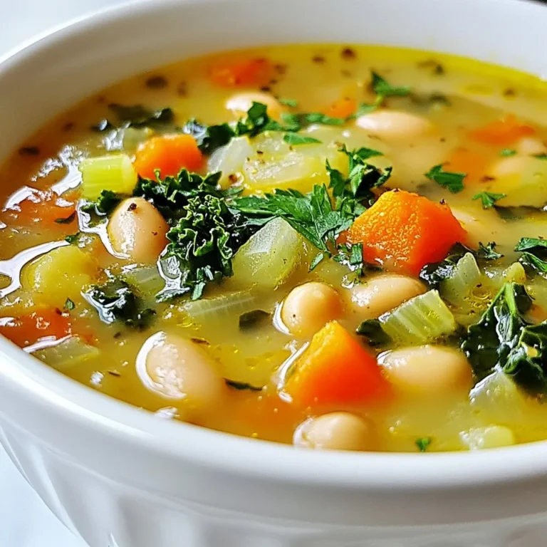 - 2 cups dried white beans (cannellini or great northern) - 4 cups vegetable broth - 1 medium onion, finely chopped - 3 cloves garlic, minced - 2 medium carrots, diced - 2 celery stalks, diced - 1 bay leaf - 1 teaspoon dried thyme - 1 teaspoon smoked paprika - Salt and pepper to taste - 2 cups kale, chopped (stems removed) - 1 tablespoon olive oil - Zest and juice of 1 lemon - Fresh parsley, chopped (for garnish) White bean soup shines with simple, fresh ingredients. Start with dried white beans. I prefer cannellini or great northern. They add a nice creaminess. Soaking the beans overnight makes them tender. This step is key for a smooth soup. Next, choose a good vegetable broth. The broth gives the soup depth. I use low-sodium broth to control the salt level. Aromatics are the heart of this dish. I use one medium onion, three cloves of garlic, two carrots, and two celery stalks. Chop them finely for even cooking. When you sauté these, they release great flavors. Spices add warmth and complexity. I use a bay leaf, dried thyme, and smoked paprika. These spices work together to give your soup a cozy taste. For optional add-ins, I love adding kale. It boosts nutrition and adds color. Lemon zest and juice brighten the flavors. Fresh parsley makes a lovely garnish. It adds a fresh touch to each bowl. These ingredients combine for a savory and comforting white bean soup. {{ingredient_image_1}} 1. Start with dried white beans, like cannellini or great northern. 2. Soak the beans overnight in water. This makes them soft. 3. Drain and rinse the beans under cold water. Rinsing helps remove dirt. 4. Fresh ingredients are key for a tasty soup. Use ripe vegetables and herbs. 1. Heat olive oil in a large pot over medium heat. 2. Add chopped onion and sauté for about 5 minutes until it turns soft. 3. Next, add minced garlic, diced carrots, and celery. Cook for 3-4 minutes. 4. Incorporate the soaked beans, broth, bay leaf, thyme, paprika, salt, and pepper. 5. Bring the pot to a gentle boil. Then, lower the heat and cover. 6. Let it simmer for about 1 hour. This makes the beans tender. 1. In the last 10 minutes, add chopped kale and stir until it wilts. 2. Remove the bay leaf. Add lemon zest and juice for brightness. 3. Adjust seasoning with salt and pepper to taste. 4. Use an immersion blender to puree part of the soup for creaminess. 5. Serve hot, garnished with fresh parsley and a drizzle of olive oil. To make your white bean soup taste great, start with your aromatics. Sauté the onion in olive oil until it is soft. This step adds a rich base flavor. Add garlic, carrots, and celery next. Cook them just until they soften. This mix gives the soup a warm, savory taste. For spices, adjust to your liking. If you enjoy heat, add a pinch of red pepper flakes. If you prefer a milder flavor, stick to thyme and smoked paprika. Feel free to play with the spices until it tastes just right for you. For a creamy soup, use an immersion blender. Blend just part of the soup. This keeps some beans whole while adding creaminess to the rest. If you want a thicker soup, blend more. If you like it chunky, blend less. Keeping some beans whole gives texture. It makes every spoonful interesting. This balance keeps the soup hearty and satisfying. Garnish your soup with fresh parsley. This adds a pop of color and fresh flavor. A drizzle of olive oil on top makes it look fancy. You can serve the soup with crusty bread. This adds crunch and helps soak up the soup. For a nice touch, serve the soup in warm bowls. This keeps it hot longer and feels cozy. Enjoy your white bean soup with loved ones for a warm, happy meal. Pro Tips Soaking Beans: Make sure to soak the beans overnight to ensure they cook evenly and reduce cooking time. Flavor Boost: Add a splash of white wine or apple cider vinegar before serving for an extra layer of flavor. Texture Variation: For a creamier soup, blend more of the mixture, but leave some beans whole for added texture. Fresh Herbs: Experiment with fresh herbs like thyme or basil for a vibrant finish to your dish. {{image_2}} You can make this soup plant-based easily. Use vegetable broth instead of meat broth. Add more veggies like zucchini or bell peppers for extra flavor and nutrients. Replace any dairy with almond milk or coconut milk for creaminess. Fresh herbs like basil or cilantro can brighten up the taste. Spice it up by trying different herbs or spices. For a Mediterranean twist, add oregano and lemon zest. For a Mexican flair, include cumin and chili powder. Seasonal veggies also add great taste. In winter, add root vegetables like parsnips or sweet potatoes. In summer, fresh corn or tomatoes work well. If you want more protein, add meat. Chopped sausage or crispy bacon gives a savory kick. You can also use other legumes like lentils or chickpeas for a different taste and texture. These swaps can make the soup heartier and more filling, perfect for a cozy meal. To keep your white bean soup fresh, follow these steps: - Let the soup cool to room temperature. - Store it in an airtight container in the fridge. - It should last for about 3 to 4 days. For freezing: - Use freezer-safe containers or bags. - Leave some space for expansion. - The soup can last up to 3 months in the freezer. When reheating, do this to keep the flavor: - Heat the soup gently on the stove over low heat. - Stir often to avoid sticking. You can freshen up leftovers by adding: - A splash of vegetable broth for moisture. - A sprinkle of fresh herbs or lemon juice for brightness. Understanding how long your soup lasts helps reduce waste. In the fridge, it lasts about 3 to 4 days. In the freezer, it stays good for around 3 months. Always check for signs of spoilage like strange smells or changes in texture before eating. What are the best beans for white bean soup? The best beans for white bean soup are cannellini or great northern beans. They are creamy and hold their shape well. You can find them dried or canned. Dried beans offer a richer taste. Canned beans save time and can work well in a pinch. Can I make white bean soup in a slow cooker? Yes, you can make white bean soup in a slow cooker. Just soak the beans overnight. Then, add all ingredients to the slow cooker. Cook on low for 6 to 8 hours or on high for 3 to 4 hours. This method brings out deep flavors. How do I store and reheat leftovers? Store your leftover soup in an airtight container. It will last in the fridge for about 3 to 5 days. To reheat, use a pot over medium heat. Stir often to avoid burning. You can also use a microwave. Just heat it in short bursts and stir in between. Health benefits of white beans White beans are high in fiber and protein. They help keep you full and support digestion. They also contain iron, which is good for your blood. Plus, they have antioxidants that can help fight disease. Calorie count and serving size information A serving of white bean soup is about 1 cup. It generally has around 200 calories. This can vary based on added ingredients like olive oil or meat. Check the recipe for exact numbers. What to use if I don't have a particular ingredient? If you don't have a specific ingredient, don't worry. You can swap olive oil with any cooking oil. Use any broth if you lack vegetable broth. Fresh herbs can replace dried ones. Just adjust the amounts. Can I use canned beans instead of dried? Yes, you can use canned beans. They save time and are easy to find. Rinse them well before adding to the soup. Use about 2 cans for this recipe. Adjust cooking time since canned beans are already cooked. White bean soup is a hearty dish filled with great flavors. We covered key ingredients like beans, broth, and spices. You learned the steps for cooking the soup for the best taste. I shared tips on ingredients and texture for a perfect bowl. There are options for variations, allowing you to customize it. Lastly, I provided storage tips to keep your leftovers fresh. Enjoy making this soup your own, and savor every bite!