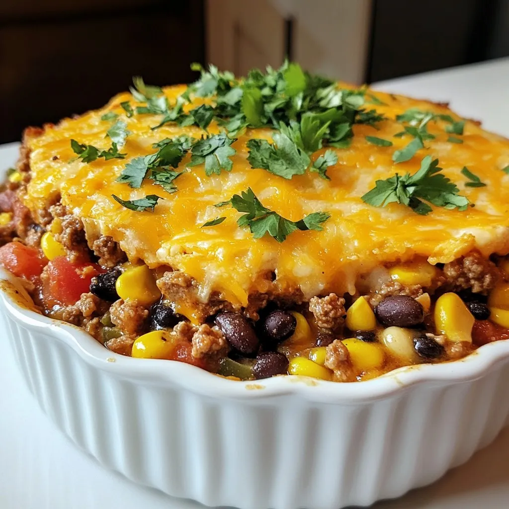 - 1 pound ground beef - 1 medium onion, chopped - 2 cloves garlic, minced - 1 can (15 oz) black beans, rinsed and drained - 1 can (15 oz) diced tomatoes with green chilies - 2 cups frozen corn kernels - 1 tablespoon chili powder - 1 teaspoon cumin - 1 teaspoon smoked paprika - Salt and pepper to taste - 1 cup cornmeal - 2 cups chicken broth - 1 cup shredded cheddar cheese - 1/4 cup chopped fresh cilantro for garnish - Sour cream for serving (optional) Texas Tamale Pie is all about bold flavors and comfort. Each ingredient plays a key role. Ground beef gives it a hearty base. The chopped onion and minced garlic add warmth and depth. Black beans and diced tomatoes bring color and nutrition. The frozen corn adds sweetness and texture. Spices like chili powder, cumin, and smoked paprika kick things up a notch. They give the dish a rich, savory taste that warms your soul. Salt and pepper round out the flavor. Cornmeal is the magic for the crust. It thickens nicely when mixed with hot chicken broth. This creates a solid layer that holds everything together. Shredded cheddar cheese on top melts beautifully, making it ooey-gooey. Finally, fresh cilantro adds a bright touch. If you like, serve the pie with sour cream. This adds a cool contrast to the spiciness. With these ingredients, you can craft a Texas Tamale Pie that’s both delicious and satisfying. {{ingredient_image_1}} - Preheat your oven to 375°F (190°C). - Chop one medium onion and mince two cloves of garlic. - In a large skillet, brown one pound of ground beef over medium heat. - Drain any excess fat after the beef is cooked. - Add the chopped onion and minced garlic to the skillet. Sauté until the onion turns clear, about five minutes. - Stir in one can of black beans, one can of diced tomatoes with green chilies, and two cups of frozen corn. - Season your mixture with one tablespoon of chili powder, one teaspoon of cumin, one teaspoon of smoked paprika, salt, and pepper. - Mix everything well and let it simmer for ten minutes. - In a separate pot, bring two cups of chicken broth to a boil. - Gradually whisk in one cup of cornmeal while stirring constantly. Keep stirring until it thickens, about three to five minutes. - In a greased 9x13-inch baking dish, spread the beef and bean mixture evenly on the bottom. - Pour the thickened cornmeal mixture over the beef layer, spreading it out evenly. - Finally, sprinkle one cup of shredded cheddar cheese on top of the cornmeal layer. - Place the dish in the preheated oven. Bake for 25 to 30 minutes. - Look for bubbly and golden brown cheese on top. - Once done, take it out and let it cool for five minutes before slicing. To make your Texas Tamale Pie truly shine, adjust the spice level to your taste. Start with one tablespoon of chili powder. If you like heat, add more. You can also mix in fresh jalapeños or hot sauce for an extra kick. For a smoky flavor, try adding more smoked paprika. Taste as you go, and don’t be afraid to experiment. Getting the cornmeal layer just right is key. Use fine cornmeal for a smoother texture. When you cook the cornmeal, stir constantly to avoid lumps. The mixture should be thick but pourable. Bake it until golden and bubbly for the best finish. Pair your Texas Tamale Pie with a fresh side salad or some rice. Cornbread also makes a great side! For garnishes, fresh cilantro adds color and flavor. A dollop of sour cream on top makes it creamy and delicious. Enjoy your meal with friends and family for a cozy gathering. Pro Tips Use Lean Ground Beef: Opt for lean ground beef to reduce excess fat in the dish, making it healthier and allowing the flavors of the spices and vegetables to shine. Customize Your Spices: Feel free to adjust the amount of chili powder and cumin to suit your taste preferences. If you like it spicy, add more chili powder or a dash of hot sauce! Make It Vegetarian: Substitute the ground beef with a plant-based meat alternative or additional beans and vegetables for a delicious vegetarian version of this tamale pie. Let It Rest: Allow the tamale pie to rest for a few minutes after baking. This helps it set and makes slicing easier, resulting in a neater presentation. {{image_2}} You can switch up the proteins in your Texas Tamale Pie. Ground turkey works well if you want a leaner option. For a plant-based dish, use lentils or crumbled tofu. These swaps keep the dish tasty and can cater to different diets. You can also change the beans. Try pinto beans or kidney beans for a different flavor. Adding fresh or frozen vegetables like bell peppers or zucchini can boost nutrition too. Spice is key in Texas Tamale Pie. Consider adding Southwestern spices like oregano or coriander. These spices enhance the pie's flavor. If you like heat, add jalapeños or a splash of hot sauce. You can mix in fresh herbs like cilantro for a fresh twist. Experimenting with flavors can make your pie unique and exciting. If you need gluten-free options, use cornmeal that is certified gluten-free. This keeps the dish safe for those with gluten sensitivities. For a vegetarian version, simply skip the beef and add more beans and veggies. Using vegetable broth instead of chicken broth adds depth to the flavor. These changes make the pie accessible to various diets while keeping it delicious. After you enjoy your Texas Tamale Pie, store any leftovers properly. Here are some best practices: - Cool down: Let the pie cool to room temperature before storing. - Containers: Use airtight containers to keep it fresh. Glass or plastic containers work well. - Label: Write the date on the container, so you know when you stored it. To enjoy your leftover pie, reheating is key. Here are some methods to keep it tasty: - Oven method: Preheat the oven to 350°F (175°C). Place slices on a baking sheet. Cover with foil to prevent drying. Heat for about 15-20 minutes. - Microwave method: Place a slice on a microwave-safe plate. Heat for 1-2 minutes. Add a splash of water to keep it moist. For longer storage, you can freeze your pie: - Freezing: Wrap it tightly in plastic wrap, then foil. This helps prevent freezer burn. - Shelf life: It can last up to three months in the freezer. Texas Tamale Pie is a hearty dish made with layers of meat, beans, cornmeal, and cheese. Its roots trace back to Texas, where cooks blended Mexican and American flavors. This dish is comforting and perfect for family meals. You get a warm, savory bite with every forkful. Yes, you can make Texas Tamale Pie ahead of time. Prepare the beef and bean mixture and the cornmeal layer separately. Store each in the fridge for up to two days. When ready to bake, layer them in a dish and bake as directed. This saves time and lets flavors meld. Look for bubbly, golden cheese on top. The edges should be slightly crispy. You can also check the center with a knife. If it comes out clean, your pie is ready. Let it cool for a few minutes before slicing. This helps keep the layers intact. Yes, Texas Tamale Pie freezes well. After baking, let it cool completely. Wrap it tightly in plastic wrap and foil. Store it in the freezer for up to three months. To reheat, thaw overnight in the fridge and bake until hot. Enjoy your tasty comfort food anytime! To sum it up, Texas Tamale Pie combines ground beef, beans, cornmeal, and cheese. We prepped, cooked, and baked a tasty dish that can please anyone. You can even adjust spices or swap ingredients. Remember, don’t hesitate to get creative with the flavors. Follow these tips, and you'll impress your family or friends. This dish is great for leftovers too, so make more! Enjoy your cooking adventure with this delicious pie!