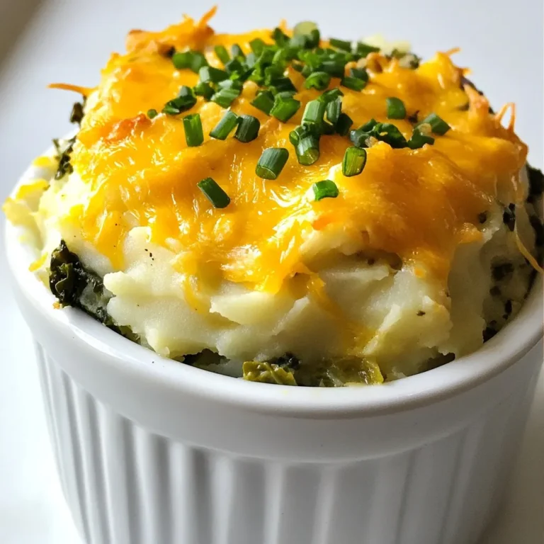 To make Scottish Rumbledethumps, you need some simple ingredients. Here’s what you will need: - 2 large potatoes, peeled and cubed - 2 cups cabbage, finely shredded - 1 cup kale, roughly chopped - 1 medium onion, chopped - 4 tablespoons butter - 1 cup grated cheddar cheese (plus extra for topping) - Salt and pepper to taste - A pinch of nutmeg (optional) - Fresh chives, chopped for garnish These ingredients come together to create a warm and hearty dish. The potatoes provide a creamy base, while the cabbage and kale add great texture and flavor. You can use any type of cheddar cheese you prefer, but I love a sharp cheddar for its rich taste. The butter brings everything together, making the dish feel comforting and indulgent. A pinch of nutmeg adds warmth, but it’s totally optional. Don't forget the fresh chives! They add a burst of color and a fresh taste that makes the dish pop. {{ingredient_image_1}} To start, fill a large pot with salted water. Bring the water to a boil. Add the cubed potatoes to the pot. Cook the potatoes for 15 to 20 minutes. They are done when you can easily pierce them with a fork. Once tender, drain the potatoes and set them aside to cool. Next, grab a large skillet and melt two tablespoons of butter over medium heat. Add the chopped onion to the skillet. Sauté the onion for about five minutes until it turns golden. Then, add the finely shredded cabbage and roughly chopped kale. Cook these greens for another five to seven minutes. They should become tender and fragrant. Now it’s time to mash the potatoes. In a large bowl, add the drained potatoes. Use a potato masher to mash them until smooth. Stir in the sautéed onion, cabbage, and kale mix. Next, add the grated cheddar cheese. Season with salt and pepper. If you like, add a pinch of nutmeg for extra flavor. Mix everything until well combined. Preheat your oven to 375°F (190°C). While it heats, grease a baking dish. Transfer your Rumbledethumps mixture into the dish. Top it with extra grated cheddar cheese for a cheesy crust. Bake for 25 to 30 minutes. You want the top to be golden and bubbly when done. Once baked, take it out and let it cool briefly before serving. To get a smooth potato mash, start with hot potatoes. Mash them right after boiling. Add butter while mashing; it makes a big difference. If you want more flavor, try adding a pinch of nutmeg. Fresh herbs like chives or parsley can also boost the taste. Just chop them fine and mix them in. For the best cheesy flavor, use sharp cheddar. It gives a nice bite. You can also try Gruyère or a mix of cheeses for a twist. To get a crispy cheese topping, sprinkle extra cheese on top right before baking. Broil it for the last few minutes. This will create a beautiful golden crust. If you need to serve more people, double the recipe. Increase the baking dish size and add more time. Check after 30 minutes, then go from there. If you make less, use a smaller dish. You may need to reduce the baking time by about 5-10 minutes. Always keep an eye on it to avoid burning. Pro Tips Use Starchy Potatoes: Opt for starchy potatoes like Russets for a creamier mash that holds together well in the bake. Try Different Greens: Feel free to mix in other leafy greens like spinach or Swiss chard for varied flavor and nutrition. Cheese Variations: Experiment with different types of cheese such as Gruyère or a sharp white cheddar for a unique twist. Make Ahead: You can prepare the Rumbledethumps mixture in advance and store it in the fridge until you're ready to bake. {{image_2}} You can change up the vegetables in Rumbledethumps. Try adding leeks for a sweet taste. Carrots can add a nice crunch and color too. Other regions in Scotland use different greens. In some areas, they mix in turnips or even spinach. Each version gives the dish its own unique flavor. If you want a vegan version, swap butter for olive oil. Use a dairy-free cheese for the same cheesy taste. You can also mash the potatoes with coconut cream for creaminess. When cooking, just sauté the veggies in oil instead of butter. This way, you keep all the great flavors while making it plant-based. For a spicy kick, add chili flakes to the mix. You can also try adding jalapeños or hot sauce for more heat. Top your Rumbledethumps with crispy onions or fresh herbs. These toppings will add texture and flavor. Everyone loves a little extra fun on their plate! To store leftovers, let Rumbledethumps cool first. Place it in an airtight container. Make sure to keep it in the fridge. It will stay fresh for up to three days. When you're ready to eat, just reheat it. To freeze Rumbledethumps, first let it cool completely. Cut it into portions for easy reheating. Wrap each portion tightly in plastic wrap. Then, place them in a freezer-safe bag. You can freeze it for up to three months. To reheat, simply thaw in the fridge overnight. For the best taste, reheat it in the oven. Preheat to 350°F (175°C) and place it in a baking dish. Cover with foil to keep it moist. Bake for about 20-25 minutes. If you use a microwave, heat in short bursts. Stir in between to ensure even heating. This helps keep the texture and flavor just right. Scottish Rumbledethumps is a comforting dish made from potatoes, cabbage, and kale. It has roots in Scottish cuisine, often enjoyed in homes across the country. This dish serves as a hearty meal, especially in colder months. The blend of veggies and creamy potatoes creates a warm hug for your taste buds. Traditionally, people made it to use up leftover vegetables. The name Rumbledethumps comes from the sound it makes while cooking. Yes, you can prepare Rumbledethumps in advance. Make the dish up to the baking step, then cool it down. Cover it and store it in the fridge for up to two days. When you are ready to bake, just add some extra cheese on top, and heat it in the oven. This way, you save time on busy days. You can also freeze it for later. Just make sure to thaw it in the fridge before baking. You can serve Rumbledethumps with simple side dishes. A fresh green salad works well to balance the richness. You might also pair it with roasted meats like chicken or lamb for a full meal. For drinks, a light beer or a glass of red wine complements the flavors nicely. If you prefer non-alcoholic options, try a sparkling water with lemon. In this blog post, we covered how to make Scottish Rumbledethumps. We discussed the ingredients you need, from potatoes to cheese, and went through clear steps for cooking. I offered tips to perfect your dish, including cheese choices and cooking times. We explored variations, like vegan options and spicy enhancements, and detailed how to store leftovers properly. Enjoy creating your own Rumbledethumps! With these steps and tips, you’ll impress anyone at your table with this wholesome dish. Happy cooking!