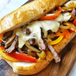To make a great Beef Philly Cheesesteak, gather these main ingredients: - 1 lb. beef sirloin, thinly sliced - 1 large onion, sliced - 1 bell pepper (red or green), sliced - 2 cloves garlic, minced - 4 hoagie rolls - 1 cup provolone cheese, shredded - 2 tablespoons olive oil - Salt and pepper to taste These ingredients create the base of your cheesesteak. The sirloin gives a nice beefy flavor. The onions and bell peppers add sweetness, while garlic gives depth. Provolone cheese melts beautifully, making everything creamy. You can take your cheesesteaks to the next level with these optional ingredients: - Hot or sweet peppers Adding these enhances the dish's flavor. If you like heat, the hot peppers add a nice kick. Sweet peppers can balance the savory elements. Feel free to mix and match based on your taste. To make your Beef Philly Cheesesteaks, you'll need these tools: - Large skillet - Spatula - Knife - Cutting board A large skillet is key for cooking all ingredients evenly. Use a spatula for easy mixing. A sharp knife and cutting board help you prepare the veggies and beef quickly. With these tools, you’re set for a smooth cooking experience. {{ingredient_image_1}} Start by heating 1 tablespoon of olive oil in a large skillet over medium heat. Add the sliced onions and bell peppers. Cook them for about 8-10 minutes. You want them soft and a bit caramelized. In the last minute, add the minced garlic. This adds a great flavor. Once done, transfer the cooked veggies to a plate and keep them warm. In the same skillet, add another tablespoon of olive oil. Turn the heat to medium-high. Add the thinly sliced sirloin. Season the beef with salt and pepper while it cooks. Sauté for about 5-7 minutes. You want the beef browned and cooked through. Make sure to keep stirring for even cooking. Now, return the sautéed onions and peppers to the skillet with the beef. Mix everything well so the flavors blend. Lower the heat and sprinkle the shredded provolone cheese over the mixture. Cover the skillet for 2-3 minutes. This helps the cheese melt nicely over the beef and veggies. While the cheese melts, take your hoagie rolls. You can toast them in an oven or on a skillet. Cook them until they are golden brown. This adds a nice crunch to your cheesesteak. Once the cheese is melted, it’s time to assemble. Scoop the beef mixture into each toasted hoagie roll. If you like, add hot or sweet peppers for an extra kick. Serve your cheesesteaks right away while they are hot. Enjoy with chips or a side salad if you wish! To get the best beef for your cheesesteaks, slice it thin. Freeze the beef for about 30 minutes. This makes it firm and easier to cut. Use a sharp knife for clean cuts. Aim for slices about 1/8 inch thick. This thinness helps the beef cook quickly and evenly. It also absorbs flavors better. The cheese you pick makes a big difference. Provolone cheese is a classic choice for Philly cheesesteaks. It melts well and adds a creamy taste. You can also try Cheez Whiz for a gooey texture. American cheese is another option; it melts easily and has a mild flavor. Choose a cheese that melts well for the best results. Toasting your hoagie rolls is key for a great sandwich. Preheat your oven to 350°F (175°C). Place the rolls on a baking sheet. Toast them for about 5 minutes, or until they are golden brown. This step adds crunch and keeps the rolls from getting soggy. You can also toast them in a skillet with a bit of butter for extra flavor. Just watch them closely so they don’t burn! Pro Tips Choose the Right Cut: For the best flavor and tenderness, opt for well-marbled cuts like ribeye or sirloin. Prep Ahead: Slice your vegetables and beef ahead of time to streamline your cooking process. Layering Cheese: For an extra cheesy result, try mixing different types of cheese like mozzarella or cheddar with provolone. Toasting Rolls: Don’t skip toasting the hoagie rolls; it adds a delightful crunch and enhances the overall texture of the sandwich. {{image_2}} You can change the cheese in your Philly cheesesteak for extra flavor. Provolone is a classic choice, but you can also use mozzarella for a milder taste. Cheddar adds sharpness, while gouda brings a smoky flavor. If you like it spicy, try pepper jack. Each cheese changes the dish in a tasty way. If you want a meat-free version, use mushrooms or tempeh instead of beef. Portobello mushrooms work well and add a hearty texture. Sauté them just like you would the beef. You can also use a mix of bell peppers and onions for a fresh taste. This way, everyone can enjoy a cheesesteak! Get creative with your toppings! Try adding sautéed mushrooms for a rich flavor. You can also use jalapeños for heat or fresh spinach for a healthy twist. Pickles add crunch, and a drizzle of hot sauce gives a kick. These toppings let you personalize your cheesesteak to fit your taste. To keep your leftover cheesesteaks fresh, place them in an airtight container. Make sure they cool down first. You can also wrap them in foil or plastic wrap. This helps prevent dried-out bread and cheese. Store them in the fridge for the best results. When you want to eat your leftover cheesesteaks, I suggest using an oven or skillet. Preheat the oven to 350°F (175°C). Place the cheesesteaks on a baking sheet. Heat them for about 10-15 minutes. This keeps the bread crispy and melts the cheese well. If using a skillet, heat it over medium-low. Cook for about 5-7 minutes, flipping halfway. You can keep your stored cheesesteaks in the fridge for 3-4 days. If you want longer storage, consider freezing them. Wrapped well, they can last up to 3 months in the freezer. Just remember to thaw them in the fridge before reheating. The best cut of beef for Philly cheesesteaks is beef sirloin. Sirloin is tender and flavorful. It is easy to slice thinly, which is key for this dish. You can also use ribeye or flank steak if you prefer. Both options provide great taste and texture too. Yes, you can make Philly cheesesteaks ahead of time. Cook the beef and veggies, then cool them down. Store them in an airtight container in the fridge. When ready to serve, reheat the mixture and toast the rolls. This way, you can enjoy a quick meal later. Beef Philly cheesesteaks pair well with various sides. Here are some tasty options: - Potato chips - French fries - Coleslaw - Side salad - Pickles These sides add crunch and balance to your meal. To make the best homemade cheesesteaks, follow these tips: - Use thin, quality beef for tenderness. - Sauté onions and peppers for flavor. - Melt cheese over the beef mix for gooey goodness. - Toast hoagie rolls to keep them crisp. - Add your favorite toppings for extra flavor. With these steps, you’ll create a delicious, satisfying cheesesteak every time! To make great Beef Philly Cheesesteaks, start with the best ingredients. Follow the clear steps for cooking and assembly. Use tips to get lovely flavor and texture every time. You can also explore variations to keep things fun. Remember, leftovers need the right care to taste great later. With this guide, you can craft delicious cheesesteaks, impressing your friends and family. Enjoy the process and savor every cheesy bite!