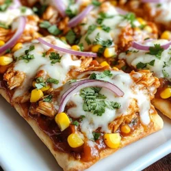 For this pizza, you can use flatbreads or naan. Both options work well. Flatbreads give a crispy base, while naan adds a soft touch. Choose what you like best. I often use two large pieces for a filling meal. You will need 1 cup of cooked chicken, shredded. This can be rotisserie chicken or leftovers. Mix this chicken with 1/2 cup of your favorite BBQ sauce. You can also make your own sauce if you prefer. Add a pinch of salt and pepper to taste. This mixture gives the pizza its rich flavor. For toppings, gather these ingredients: - 1 cup shredded mozzarella cheese - 1/2 cup thinly sliced red onion - 1/2 cup corn kernels (fresh or canned) - 1/4 cup chopped cilantro - Salt and pepper to taste The cheese melts beautifully, while the onion and corn add texture. Cilantro adds a fresh kick. Make sure to sprinkle salt and pepper for extra flavor. Each topping enhances the taste of the BBQ chicken flatbread pizza. {{ingredient_image_1}} First, gather your cooked chicken. Shredded chicken works best for this dish. In a bowl, mix the shredded chicken with 1/4 cup of BBQ sauce. Make sure to add a pinch of salt and pepper to bring out the flavor. Stir well so each piece of chicken gets coated. This step is key for a tasty flatbread. Next, grab your flatbreads or naan. Place them on a baking sheet. Brush the tops with olive oil. This helps them get nice and crisp in the oven. Spread the remaining BBQ sauce on each flatbread. Leave a bit of space at the edges to create a crust. Now, evenly distribute the BBQ chicken mixture over the sauce. Sprinkle the shredded mozzarella cheese over the chicken. Add thin slices of red onion and corn kernels on top. This will give your pizza extra texture and sweetness. Now it's time to bake! Preheat your oven to 425°F (220°C). Once it's hot, place the baking sheet in the oven. Bake for 12 to 15 minutes. Look for melted cheese and crispy edges. When done, take them out and let them cool for a few minutes. Before serving, sprinkle chopped cilantro on top. This adds a fresh touch. Slice the flatbreads into wedges and enjoy! Picking the best BBQ sauce is key. You want a sauce that has a nice balance of sweet and tangy. I love using a smoky sauce for a deeper flavor. Homemade sauces can be great too. Just mix ketchup, brown sugar, and a bit of vinegar. Taste as you go! For a crisp flatbread, oil is your friend. Brush each flatbread with olive oil before baking. This helps them turn golden and crunchy. Set your oven to 425°F (220°C) for the best results. Bake them until the edges are brown. Keep an eye on them to avoid burning. Garnishes add color and taste. I like to sprinkle fresh cilantro on top after baking. This gives a nice pop of green. You can also add red pepper flakes for heat or sliced jalapeños for extra spice. Serve with a side of BBQ sauce for dipping. Enjoy your flavorful meal! Pro Tips Use Fresh Ingredients: Fresh ingredients like cilantro, red onions, and corn can elevate the flavor profile of your flatbread pizza, making it more vibrant and delicious. Experiment with BBQ Sauces: Different BBQ sauces can change the entire taste of your pizza. Try varying levels of sweetness or smokiness to find your favorite combination. Customize Toppings: Feel free to add other toppings such as bell peppers, jalapeños, or even pineapple for a unique twist on the classic BBQ chicken flavor. Let it Cool: Allow the flatbreads to cool for a few minutes after baking to prevent burns and to help the cheese set slightly for easier slicing. {{image_2}} You can easily make a vegetarian BBQ flatbread pizza. Start by skipping the chicken. Instead, use grilled vegetables like bell peppers, zucchini, or mushrooms. You can also add black beans for extra protein. Use the same BBQ sauce and cheese. The flavors will mix well, and it will taste great! You can switch up the meat in this pizza. Try pulled pork for a smoky flavor. Shredded beef also works well. If you love spicy food, use spicy sausage. Each meat gives a unique taste to your pizza. Just mix it with the BBQ sauce like you do with chicken. If you need a gluten-free option, use gluten-free flatbreads. Many stores sell these now. You can also make your own with gluten-free flour. Just follow a simple recipe for flatbread. The rest of the toppings and sauce can stay the same. Your pizza will still be tasty and satisfying! After you make BBQ chicken flatbread pizza, let it cool down. Place the slices in an airtight container. You can keep it in the fridge for up to three days. Make sure to separate layers with parchment paper. This helps prevent sticking. When you are ready to enjoy leftovers, preheat your oven to 350°F (175°C). Place the slices on a baking sheet. Heat them for about 10 minutes. This keeps the crust crispy and the cheese melty. You can also use a microwave, but it may make the crust soft. Heat in 30-second bursts until warm. If you want to save some for later, you can freeze the pizza. First, let it cool completely. Wrap each slice in plastic wrap. Then, put them in a freezer-safe bag. They can last up to three months in the freezer. To eat, thaw in the fridge overnight, then reheat as mentioned above. You can use naan bread for a chewy texture. Tortillas work well too. Pita bread is another option. Each choice gives a unique taste. Choose what you enjoy most. Yes, you can! Prepare the chicken mixture and sauce in advance. Store them in the fridge for up to two days. You can also assemble the flatbreads and freeze them. Just bake them when ready. This saves time on busy nights. To add heat, mix cayenne pepper into the chicken. You can also use spicy BBQ sauce. Try adding sliced jalapeños for extra kick. Adjust the spice level to fit your taste. Enjoy the flavorful heat! BBQ chicken flatbread pizza combines fun and flavor in every bite. We covered great ingredients like flatbreads, chicken, and tasty toppings. I shared step-by-step instructions to make cooking easy. You learned tips for the perfect crisp and fun variations to try. Storing your pizza is simple, letting you enjoy leftovers too. Remember, this dish is flexible and can match your tastes. So, get creative and have fun in the kitchen!