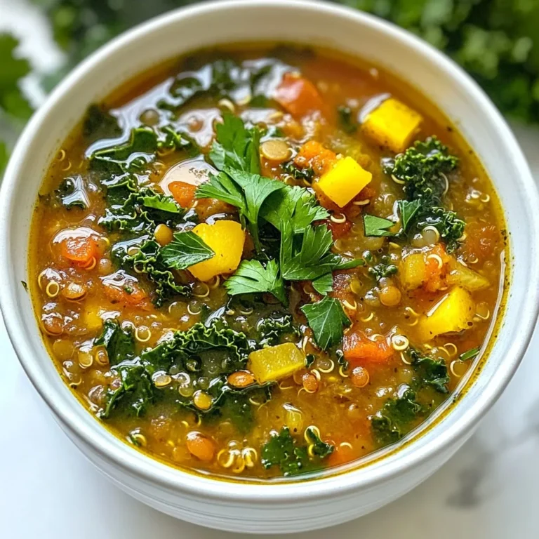 This soup uses simple, hearty ingredients. Here’s what you need: - 1 cup dried lentils (green or brown), rinsed - 1 tablespoon olive oil - 1 onion, diced - 2 cloves garlic, minced - 2 carrots, diced - 2 celery stalks, diced - 1 teaspoon ground cumin - 1 teaspoon smoked paprika - 1 teaspoon dried thyme - 1 can (15 oz) diced tomatoes with juices - 6 cups vegetable broth - 1 cup cooked quinoa - 2 cups kale, chopped - Salt and pepper to taste - Fresh parsley for garnish Each ingredient adds unique benefits. Lentils bring protein and fiber. They help you feel full. Quinoa is a complete protein. It has all nine essential amino acids. Kale adds vitamins A, C, and K. Tomatoes provide antioxidants, which are good for health. Olive oil is heart-healthy and adds flavor. Carrots and celery offer crunch and nutrients. Spices like cumin and paprika give warmth and depth. This soup is not just tasty; it’s packed with nutrition! To make this soup, you need a few tools: - Large pot: This is essential for cooking all the ingredients together. - Wooden spoon: Use this for stirring and mixing the soup. - Knife and cutting board: You’ll need these for chopping the vegetables. - Measuring cups and spoons: These help you measure the ingredients accurately. These tools make the cooking process smooth and enjoyable. With just a bit of prep, you can whip up this nourishing soup in no time! {{ingredient_image_1}} 1. Start with a large pot. Heat 1 tablespoon of olive oil over medium heat. 2. Add 1 diced onion. Cook until it is soft and clear, about 5 minutes. 3. Next, add 2 minced garlic cloves, 2 diced carrots, and 2 diced celery stalks. Sauté these for 5 minutes. 4. Now, stir in 1 teaspoon of ground cumin, 1 teaspoon of smoked paprika, and 1 teaspoon of dried thyme. Cook for about 1 minute until you smell the spices. 5. Add 1 cup of rinsed lentils, 1 can of diced tomatoes (with juice), and 6 cups of vegetable broth. Bring this mix to a boil. 6. Reduce the heat to low. Cover the pot and let it simmer for 25 to 30 minutes. You want the lentils to be soft. 7. After that, stir in 1 cup of cooked quinoa and 2 cups of chopped kale. Cook for 5 more minutes until the kale wilts. 8. Finally, season with salt and pepper to taste. You can adjust the flavors to your liking. - When cooking the onions, make sure not to rush. Take your time for a sweet flavor. - For the best taste, let the soup simmer gently. This helps all the flavors mix well. - Use fresh herbs when garnishing. They add a nice touch and boost flavor. - Avoid cooking the lentils too long. They can turn mushy if overcooked. - Don’t skip the spices. They make the soup rich and tasty. - If the soup seems too thick, add a bit more broth or water to thin it out. To boost the taste of your soup, focus on seasoning. Start with fresh herbs. Parsley adds a bright touch. Also, use spices like cumin and smoked paprika. They bring warmth and depth. Sauté the garlic before adding other veggies. This step releases its oils and flavors. Taste your soup as it cooks. Adjust salt and pepper to fit your taste. A splash of lemon juice adds brightness at the end. This soup is great for meal prep. Make a big batch on the weekend. Let it cool and store in the fridge. It keeps well for up to four days. The flavors deepen as it sits. You can also freeze portions. Just ensure you leave space in containers for expansion. Thaw overnight in the fridge before reheating. You can change ingredients based on what you have. Swap lentils for chickpeas or beans. They also add protein and texture. If you don't have quinoa, try brown rice or farro. For greens, spinach works well if you can’t find kale. Use vegetable broth or water if you're low on broth. Feel free to mix in any vegetables you have on hand. This recipe is flexible and forgiving! Pro Tips Use Fresh Herbs: Adding fresh herbs like parsley or cilantro at the end enhances the flavor and freshness of the soup. Adjust the Consistency: If you prefer a creamier soup, blend a portion of it and stir it back in for a smooth texture. Add Protein Variations: For an extra protein boost, consider adding cooked chicken, turkey, or tofu to the soup. Store for Later: This soup can be stored in the fridge for up to a week or frozen for up to three months, making it a great meal prep option. {{image_2}} You can boost the protein in your soup easily. Try adding cooked chicken, turkey, or sausage. These meats add great flavor and heartiness. For a plant-based option, use tofu or tempeh. Just cube them and add during the last few minutes of cooking. This way, they warm up without losing their texture. Fall offers many tasty vegetables. You can add butternut squash, sweet potatoes, or parsnips. These veggies enhance the soup’s sweetness and nutrition. Chop them into small pieces. Add them with the lentils to ensure they cook well. You can also toss in some seasonal greens like spinach or Swiss chard. This soup is easy to make vegan. Simply skip the meat and use vegetable broth. You can add chickpeas or black beans for protein. They also add a nice texture. Use coconut milk for creaminess if you like. It pairs well with the spices and adds a rich flavor. To keep your Harvest Protein-Packed Soup fresh, use airtight containers. Let the soup cool to room temperature before transferring it to the container. This will help prevent condensation, which can make the soup watery. Store the soup in the fridge for up to five days. If you plan to eat it later, consider freezing some. You can freeze this soup for future meals. Portion it into smaller containers or freezer bags for easy serving. Make sure to leave some space in the containers, as the soup will expand when frozen. When you’re ready to enjoy it, thaw the soup in the fridge overnight. Reheat it on the stove over low heat, stirring often. You can also use a microwave, but be sure to heat it in short bursts. The soup stays good in the fridge for five days. In the freezer, it lasts up to three months. When serving, consider adding a sprinkle of fresh parsley on top for color. You can pair the soup with whole-grain bread or a simple salad for a complete meal. To make this soup gluten-free, use gluten-free vegetable broth. Many broths contain gluten. Check labels to be sure. The other ingredients are naturally gluten-free. You can enjoy this soup without worry. Yes, you can use dried lentils instead of canned. Just rinse them well before cooking. Add them at the start with the broth. This way, they get tender as the soup simmers. Dried lentils add great flavor and protein. You can add several high-protein ingredients to boost your soup. Here are a few ideas: - Chicken or turkey for meat lovers - Beans like black beans or chickpeas - Tofu for a plant-based option - Eggs, either poached or boiled - Nuts or seeds for crunch These options will enhance the protein and flavor of your soup. Enjoy experimenting with your favorites! This blog post shows you how to make a tasty, protein-packed soup. We talked about key ingredients, their benefits, and the best tools to use. The step-by-step guide ensures your soup comes out great every time. I shared tips for flavor and storage as well, plus fun variations to try. Remember, you can make this soup your own by swapping ingredients. Enjoy a warm bowl of nutrition while keeping it simple and healthy. Now, gather your tools and start cooking!