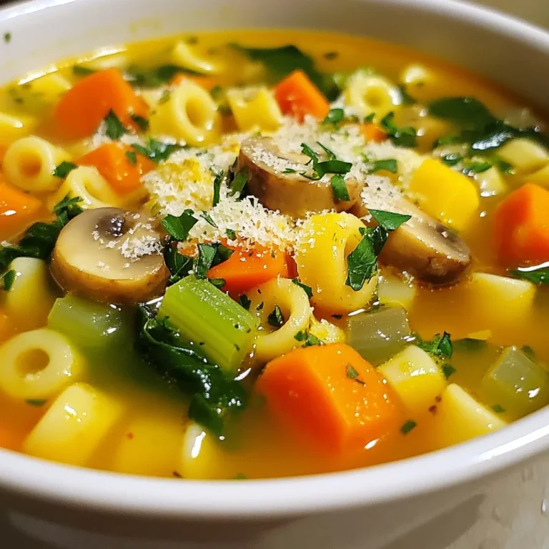 In Italian Penicillin Soup, the right mix of fresh ingredients makes all the difference. Here’s what you need: - Olive oil - Onion - Garlic - Carrots - Celery - Zucchini - Mushrooms - Broth (chicken or vegetable) - Cooked chicken (optional) - Dried thyme - Dried oregano - Red pepper flakes (optional) - Salt and pepper - Small pasta (orzo or ditalini) - Fresh spinach or kale - Garnish (fresh parsley, Parmesan cheese) Each ingredient adds flavor and warmth to this comforting dish. Olive oil is your base, bringing richness. Onions and garlic provide a strong, savory start. Carrots and celery add crunch and sweetness. Zucchini and mushrooms give it a hearty touch. You can choose chicken broth for a richer taste or vegetable broth for a lighter option. The herbs, like thyme and oregano, bring the essence of Italy right into your bowl. Red pepper flakes add just a hint of heat, but you can skip them if you prefer a milder flavor. The small pasta makes this soup filling and fun. Spinach or kale adds a pop of color and nutrients. Finally, garnishing with parsley and Parmesan gives it a lovely finish. Each bite is a hug in a bowl, perfect for any day. {{ingredient_image_1}} 1. Sautéing vegetables Start by heating 1 tablespoon of olive oil in a large pot over medium heat. Add 1 medium diced onion. Sauté for 3-4 minutes until it turns translucent. Next, add 3 minced garlic cloves and cook for 1 more minute. This brings out the garlic's nice flavor. Then, toss in 2 diced carrots and 2 diced celery stalks. Cook them for about 5-6 minutes until they soften. Finally, add 1 diced zucchini and 1 cup of sliced button mushrooms. Cook these for 4-5 minutes, letting them release their moisture. 2. Adding broth and seasonings Once your veggies are tender, pour in 4 cups of chicken or vegetable broth. Stir in 1 teaspoon of dried thyme and 1 teaspoon of dried oregano. If you like some heat, add 1/2 teaspoon of red pepper flakes. Season with salt and pepper to your taste. Bring the soup to a gentle boil. 3. Incorporating pasta and greens When the soup boils, it's time to add 1 cup of small pasta, like orzo or ditalini. Cook the pasta according to the package directions, which usually takes about 8-10 minutes. If you want to add 1 cup of cooked and shredded chicken, stir it in just before the pasta is done cooking. In the last minute, toss in 1 cup of fresh spinach or kale. This will wilt nicely and add a burst of color. Once everything is cooked, remove the pot from heat. Let the soup cool slightly before serving. Enjoy this warm, healthy soup that comforts the soul! - Best practices for sautéing: Start with a hot pot. Heat the olive oil first. Add the onion and cook until it’s soft. This takes about 3-4 minutes. Add garlic next for great flavor. Cook for just a minute to keep it fresh. - Cooking pasta in soup: Use small pasta like orzo or ditalini. Add it when the soup boils. Cook the pasta according to the package. This keeps it from getting mushy. Stir it in just before serving for perfect texture. - Storing leftovers and reheating: Let the soup cool first. Store it in airtight containers. It lasts in the fridge for 3-4 days. To reheat, use a pot over low heat. Add a little broth or water if it’s too thick. Enjoy it warm, just like fresh! Pro Tips Use Fresh Herbs: Fresh herbs can elevate the flavor of your soup significantly. Consider adding fresh thyme and oregano at the end of cooking for a burst of freshness. Customize Your Vegetables: Feel free to swap in any seasonal vegetables you have on hand. Bell peppers, green beans, or peas can add different textures and flavors. For a Creamier Soup: If you prefer a creamier texture, stir in a splash of heavy cream or a dollop of sour cream just before serving. Make It Ahead: This soup stores well in the fridge for up to 3 days, and the flavors deepen over time. Just be mindful to cook the pasta separately if you plan to reheat it later. {{image_2}} You can easily adapt this soup to fit your needs. For vegetarian options, skip the chicken and use vegetable broth. You can also add more veggies like bell peppers or peas for extra flavor. If you need gluten-free alternatives, choose gluten-free pasta. Many brands offer tasty options that work well in soup. For different broth flavors, you can try mushroom or miso broth. Each will give the soup a unique taste, making it fun to experiment. Add herbs like basil or dill to change the flavor profile. - Refrigerating soup: Let the soup cool down to room temperature. Transfer it to an airtight container. It will stay fresh in the fridge for 3 to 4 days. This keeps the flavors intact. - Freezing options: If you want to save some for later, freeze it. Pour the cooled soup into freezer-safe bags or containers. Leave some space at the top for expansion. It can last for about 3 months in the freezer. - Reheating instructions: To reheat, take the soup from the fridge or freezer. If frozen, let it thaw in the fridge overnight. Heat it in a pot over medium heat. Stir occasionally until it is warm. You can also use a microwave if you prefer. Just make sure to cover it to avoid splatters. Enjoy it hot for a comforting meal! Italian Penicillin Soup is a warm and hearty dish. It combines fresh veggies, pasta, and broth. This soup offers comfort and health in each bite. Many call it a “healing soup” due to its wholesome ingredients. Yes, you can prepare this soup in advance. It tastes even better the next day! Just store it in the fridge after cooling. Reheat it on the stove when you’re ready to enjoy. To spice up your soup, add more red pepper flakes. You can also use hot sauce. If you like, try adding spicy sausage for extra heat. Adjust to your taste for the perfect kick. This soup packs a lot of nutrients. Here are some benefits: - Onions and garlic boost your immune system. - Carrots are rich in vitamins and good for your eyes. - Spinach adds iron and helps with digestion. - Chicken provides protein and keeps you full. Absolutely! This soup is great for meal prep. It stores well and is easy to reheat. You can portion it into containers for quick meals. Enjoy it all week long! This article covered the key ingredients, steps, tips, variations, and storage for your soup. I walked you through making a simple yet tasty Italian Penicillin Soup. Remember, you can adjust ingredients to fit your taste and dietary needs. Whether you're cooking for yourself or others, this soup is warm and comforting. I hope you find joy in making and sharing it with loved ones. Enjoy your cooking adventure and all the flavors it brings!