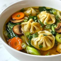 Here are the ingredients you will need for Flavorful Potsticker Soup. Each one adds taste and texture. - 20 frozen potstickers (choose chicken or vegetable) - 6 cups chicken or vegetable broth - 1 tablespoon sesame oil - 2 cloves garlic, minced - 1 inch ginger, grated - 2 green onions, chopped (whites and greens separated) - 2 cups bok choy, chopped - 1 cup mushrooms, sliced - 1 carrot, julienned - 2 tablespoons soy sauce - 1 tablespoon rice vinegar - 1 teaspoon chili paste (optional) - Salt and pepper to taste - Fresh cilantro for garnish Using quality ingredients makes a big difference. Frozen potstickers are quick and easy. Broth can be chicken or vegetable, depending on your taste. Fresh garlic and ginger create a warm flavor base. Green onions, bok choy, mushrooms, and carrots add crunch and color. The sesame oil gives a lovely nuttiness. Soy sauce and rice vinegar balance the soup with savory and tangy notes. Chili paste can add heat if you like spice. Finally, fresh cilantro on top brightens the dish and adds freshness. Gather these ingredients, and you’re ready to make a cozy meal that warms the soul. {{ingredient_image_1}} How to prep garlic and ginger To start, take two cloves of garlic. Peel them and mince them finely. This will give your soup a strong flavor. Next, grab a one-inch piece of ginger. Peel it and grate it. You want small bits that will mix well in the soup. Chopping and julienning vegetables Now, let's chop some green onions. Use the white parts for cooking and the green parts for garnish. Chop them thinly. For the bok choy, rinse it well. Cut it into small pieces. Then, take the mushrooms and slice them. Lastly, peel a carrot and cut it into thin strips. This is called julienning. Sautéing aromatics In a large pot, pour in one tablespoon of sesame oil. Heat it over medium heat. Add the minced garlic and grated ginger. Sauté for about one minute. You want to smell those fragrant flavors filling the air. Then, add the chopped white parts of the green onions. Cook for another two minutes. This step builds a great flavor base. Simmering broth and adding potstickers Next, pour in six cups of chicken or vegetable broth. Bring this to a gentle simmer. Once it simmers, gently add 20 frozen potstickers to the pot. Let them cook for about five to seven minutes, following the package instructions. This is when the potstickers become soft and warm. Incorporating vegetables and seasonings With three minutes left, add the chopped bok choy, sliced mushrooms, and julienned carrot to the pot. Stir everything together. Now, season with two tablespoons of soy sauce, one tablespoon of rice vinegar, and chili paste if you want some heat. Taste and adjust salt and pepper. Serving suggestions and garnishing Once everything is warm and the veggies are tender, turn off the heat. Ladle the soup into bowls. For a nice finish, sprinkle the chopped green onion greens and fresh cilantro on top. This adds color and flavor to your cozy meal. Enjoy! - To cook potstickers in soup, add them gently. - Don't overcrowd the pot; this helps them cook evenly. - Stir carefully to avoid breaking the potstickers. - For even vegetable tenderness, cut them in similar sizes. - Add heartier veggies first, like carrots and mushrooms. - Add softer greens, like bok choy, later to keep them vibrant. - Homemade broth adds rich flavor. It takes time but is worth it. - Store-bought broth is quick and still gives great taste. - To adjust spice levels, start with less chili paste. - Add more heat slowly, tasting as you go. - A splash of rice vinegar can brighten flavors without heat. - Always taste before serving to ensure a balanced flavor. Pro Tips Use Fresh Ingredients: Using fresh vegetables like bok choy and mushrooms enhances the flavor and nutritional value of the soup. Customize Your Spice Level: Adjust the amount of chili paste according to your spice preference. Start with a small amount and add more as needed. Make It a Meal: Add extra protein, such as shredded chicken or tofu, to make the soup heartier and more filling. Garnish for Flavor: Don’t skip the cilantro and green onion greens; they add a fresh, aromatic finish that elevates the soup. {{image_2}} You can switch up proteins in this soup. Tofu works great for a veggie option. Shrimp adds a nice seafood twist too. Feel free to change the veggies you use. Bok choy is tasty, but you can add spinach or kale. You can also try bell peppers or snap peas. For toppings, think about adding sliced radishes or bean sprouts. These add crunch and color. Making this soup vegan is easy! Just use vegetable broth and tofu instead of chicken. For gluten-free needs, choose gluten-free soy sauce. You can find low-sodium broth options at most stores. This keeps the soup healthy and tasty. It also helps control salt levels while cooking. Enjoy customizing this soup to fit your diet! Store your potsticker soup in an airtight container. Make sure it cools down first. Place it in the fridge if you plan to eat it within three days. For longer storage, freeze the soup in a freezer-safe bag or container. This keeps it fresh for up to three months. To reheat your soup, use a pot on the stove over medium heat. Stir gently until hot. This method keeps all the flavors intact. You can also use a microwave, but be careful not to overheat it. To keep the potstickers from getting soggy, add them fresh to the bowl when serving. This way, they stay crispy. You can pour hot soup over them right before you eat. This keeps all the textures just right. Enjoy your warm, cozy meal! Can I use fresh potstickers instead of frozen? Yes, you can use fresh potstickers. Just reduce the cooking time by a few minutes. Fresh potstickers cook faster than frozen ones. This change keeps them tender without overcooking. How long does potsticker soup last? Potsticker soup lasts about three to four days in the fridge. Make sure to store it in an airtight container. This keeps it fresh and safe to eat. You can also freeze it for about three months. Can I make this soup ahead of time? Yes, you can prepare the soup ahead of time. Just make sure to add the potstickers and vegetables when you're ready to serve. This way, they stay fresh and don't get mushy. What can I serve with potsticker soup? You can serve the soup with rice or a side salad. Steamed or stir-fried vegetables also pair nicely. For a fun twist, try some crispy wontons for added crunch! This blog post covered everything you need for potsticker soup. We explored ingredients, prep steps, and cooking techniques. I shared tips for flavor and ways to adjust the recipe. You can make it your own by swapping ingredients or altering for dietary needs. Don't forget storage tips and reheating methods to enjoy leftovers later. Make this soup for a comforting meal that everyone will love. Dive in and create your warm, delicious potsticker soup today!