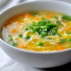 To make Minute Egg Drop Soup, you need a few key ingredients. Here’s what you will need: - 4 cups low-sodium vegetable or chicken broth - 2 large eggs - 1 tablespoon cornstarch mixed with 2 tablespoons cold water (slurry) - 1 cup frozen peas and carrots mix - 1 teaspoon sesame oil - 1 tablespoon soy sauce (or tamari for gluten-free) - 1 green onion, finely sliced (for garnish) - Salt and pepper to taste These ingredients come together to create a warm and comforting soup. The broth forms the base, while the eggs give the soup a rich texture. The peas and carrots add color and nutrition. Garnishes can elevate your soup. Here are some options to consider: - Sliced green onions - A sprinkle of sesame seeds - Fresh herbs like cilantro or parsley These toppings not only add flavor but also enhance the soup's look. Use them to make the dish more appealing. Sometimes, you might not have all the ingredients on hand. Here are some easy swaps: - Use chicken broth instead of vegetable broth for more flavor. - Replace sesame oil with olive oil if needed. - Add fresh vegetables like spinach or bell peppers for extra nutrition. These substitutions can still give you a tasty soup while accommodating what you have available. Always feel free to experiment and make the recipe your own! {{ingredient_image_1}} First, grab a large saucepan. Pour in 4 cups of low-sodium vegetable or chicken broth. Heat it on medium until it gently boils. Watching the broth bubble is fun! It only takes a few minutes to reach the boil. Once boiling, add 1 cup of frozen peas and carrots. Stir the mix in and let it cook for 2 minutes. This step warms the veggies. Next, lower the heat to a low simmer. Take 1 tablespoon of cornstarch and mix it with 2 tablespoons of cold water. This forms a slurry. Slowly add the slurry to the broth while stirring. This will thicken your soup just right. Now for the fun part! Crack 2 large eggs into a small bowl. Beat them well. While stirring the soup, pour the eggs in a thin stream. This creates lovely egg ribbons. Then, add 1 teaspoon of sesame oil and 1 tablespoon of soy sauce. Stir gently to mix. Season with salt and pepper to taste. Once done, remove the soup from heat and let it rest for a minute. Ladle the soup into bowls and finish with sliced green onions on top. Enjoy your delicious Minute Egg Drop Soup! To get those lovely egg ribbons, you need a steady hand. Once the broth simmers, beat your eggs in a bowl. Stir the soup slowly and pour the eggs in a thin stream. This helps the eggs cook quickly and form nice ribbons. If you pour too fast, the eggs will clump. Keep stirring gently while pouring for the best results. Taste is key in this soup. You can add more soy sauce for a saltier taste. If you like it spicy, try a dash of chili oil. For a fresh twist, add a squeeze of lime juice. Always start with a little and taste as you go. This way, you can find the flavor that you love most. When serving this soup, make it look pretty! Use colorful bowls to brighten the dish. Top it with sliced green onions for a fresh touch. You can also add a sprinkle of sesame seeds for crunch. Serve with chopsticks or a soup spoon for fun. This will impress your family and friends! Pro Tips Use Fresh Broth: For the best flavor, use homemade broth or a high-quality store-bought low-sodium broth. Perfect Egg Ribbons: To achieve delicate egg ribbons, pour the beaten eggs slowly into the soup while stirring continuously. Customize Veggies: Feel free to add other vegetables like mushrooms or bok choy for additional flavor and texture. Garnish Creatively: Experiment with garnishes such as cilantro or crushed red pepper for an extra kick and freshness. {{image_2}} To make a vegetarian version, simply use vegetable broth. For a vegan option, replace the eggs with silken tofu. Blend the tofu until smooth and add it to the soup. This gives you a creamy texture without eggs. You can also add mushrooms or bok choy for extra nutrients and flavor. If you want more protein, consider adding cooked chicken or shrimp. Shred cooked chicken and add it to the broth. For shrimp, toss in peeled shrimp when the broth is hot. They cook quickly and add a nice touch. You can also use tofu for a plant-based protein boost. To boost flavor, add ginger or garlic while cooking. These give the soup a warm, fragrant taste. You can also sprinkle in some red pepper flakes if you like a bit of heat. A dash of lime juice at the end adds brightness and freshness, making every spoonful exciting. To keep your leftover soup fresh, let it cool down first. Pour it into an airtight container. This helps to lock in flavor and keeps it safe. Store the container in the fridge. Your soup will stay good for about three days. If you want to enjoy it later, freezing is a great option. When you're ready to eat your leftover soup, take it out of the fridge. Pour the soup into a pot. Heat it on the stove over medium heat. Stir it often to make sure it heats evenly. You can also use the microwave. Just heat it in short bursts. Stir in between to avoid hot spots. To freeze your soup, let it cool completely. Use a freezer-safe container or bag. Leave some space at the top, as soup expands when frozen. Label the container with the date and type of soup. It can last in the freezer for about three months. When you're ready to eat it, thaw it in the fridge overnight. Then reheat it as mentioned. Enjoy your delicious soup anytime! You can make egg drop soup in about 10 minutes. The prep time is only 5 minutes. Cooking the broth and veggies takes the remaining 5 minutes. This soup is quick and easy, perfect for busy nights. Yes, you can use different vegetables. Try spinach, bok choy, or bell peppers. Just chop them small, so they cook fast. Frozen veggies work well too, just like peas and carrots. Mix it up based on what you have at home. Egg drop soup is low in calories. Each serving has around 100 calories, depending on your broth. The eggs add protein, and the veggies add fiber. If you want to keep it light, use low-sodium broth and add more veggies. Enjoy it guilt-free! This article covered the basics of making Minute Egg Drop Soup. We explored key ingredients, optional garnishes, and helpful substitutions. I shared step-by-step instructions for cooking the broth, adding veggies, and incorporating eggs. You learned tips for perfect egg ribbons and how to adjust flavors. I also discussed various soup variations, storage methods, and answered common questions. With these insights, you can create a delicious soup that suits your taste. Enjoy making and sharing this comforting dish!