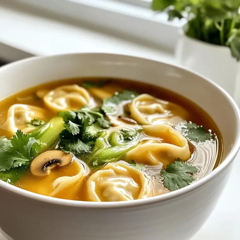 To make Easy Wonton Soup, you need a few main ingredients. Here they are: - 1 pack of wonton wrappers - 1 cup ground chicken or shrimp - 2 green onions, finely chopped - 1 teaspoon ginger, grated - 2 cloves garlic, minced - 1 tablespoon soy sauce - 1 teaspoon sesame oil - 4 cups chicken broth - 1 cup bok choy, chopped - 1 cup sliced mushrooms (shiitake or button) - Salt and pepper to taste - Fresh cilantro for garnish These ingredients come together to create a warm, tasty soup. The wontons are filled with a flavorful mix of meat and herbs. The broth adds depth and warmth. You can add extra ingredients to boost the flavor. Here are some ideas: - Chili oil for spice - Fresh ginger slices for more zing - Baby spinach for extra greens - Corn for sweetness These options let you customize your soup. They can turn a simple dish into something unique and special. Choosing fresh ingredients is key to great taste. Here are my tips: - Wonton wrappers: Check for any tears or dryness. They should be soft and pliable. - Meat or shrimp: Look for bright color and firm texture. Avoid any with a strong smell. - Green onions: Choose ones with vibrant green tops. They should feel firm, not limp. - Mushrooms: Select mushrooms that are firm and free of dark spots. - Bok choy: Pick bok choy with crisp leaves and no browning. Fresh ingredients make your soup shine. They ensure a better flavor and texture in every bite. {{ingredient_image_1}} To make the wonton filling, grab a bowl. Add one cup of ground chicken or shrimp. Then, toss in two finely chopped green onions. Next, add one teaspoon of grated ginger and two minced garlic cloves. Pour in one tablespoon of soy sauce and one teaspoon of sesame oil. Don’t forget the salt and pepper! Mix everything well until you have a smooth filling. Now, let’s wrap the wontons. Take a wonton wrapper and lay it flat on your clean surface. Spoon about one teaspoon of the filling into the center. Wet the edges of the wrapper with a little water. Fold it in half and press the edges together to seal. For a fun shape, pinch the corners together. Keep going until you use all the wrappers and filling. Next, grab a large pot and pour in four cups of chicken broth. Heat it over medium until it gently boils. Add one cup of sliced mushrooms and one cup of chopped bok choy. Cook these for about five minutes until they soften. Carefully drop in the wontons and let them cook for five to seven minutes. They will float when they are ready. Taste the broth and add more salt if needed. Serve your soup hot, and top it with fresh cilantro. To seal wontons well, start with a clean surface. Place a wrapper down flat. Spoon about 1 teaspoon of filling in the center. Wet the edges with a bit of water. This helps the wrapper stick. Fold the wrapper in half to form a triangle. Press the edges together tightly. For a fun shape, pinch the corners together. Make sure there are no air pockets. This keeps the filling inside while cooking. A simple broth can shine with extra flavor. Use good quality chicken broth as a base. You can add some fresh herbs for more depth. Try adding a piece of ginger while it simmers. Garlic gives great taste too. A splash of soy sauce boosts the umami flavor. Taste the broth before serving. Adjust with salt and pepper as needed. Fresh cilantro on top adds freshness. Wonton soup is great on its own. For a heartier meal, serve it with rice. You can also add a side of dumplings. Top the soup with extra green onions for crunch. A drizzle of sesame oil adds richness. If you like spice, offer chili oil on the side. This lets everyone adjust the heat to their taste. Don’t forget a squeeze of lime for brightness! Pro Tips Filling Consistency: Ensure your filling is not too wet; excess moisture can cause the wontons to break during cooking. Wonton Sealing: Make sure to seal the wontons tightly to prevent them from opening while cooking. Use water to moisten the edges before folding. Broth Flavor: Enhance the flavor of your broth by adding a splash of fish sauce or a dash of white pepper for an extra kick. Vegetable Variations: Feel free to mix in other vegetables like spinach or carrots for added nutrition and flavor in your soup. {{image_2}} If you want to switch things up, try using different meats. Ground turkey or pork works well. You can also use crab meat for a seafood twist. Each option brings a unique taste and texture. Mix in some herbs or spices to enhance the flavor. Remember, the key is to keep the filling moist. This way, it stays juicy when cooked. Vegetable wontons are a great choice for a lighter soup. You can use a mix of mushrooms, carrots, and cabbage. Chopped spinach also adds a nice pop of color. For extra flavor, try adding tofu or crushed nuts. This gives a nice crunch. Season with soy sauce, garlic, and ginger for a tasty filling. To spice up your broth, add chili oil or fresh chili peppers. You can also use a dash of sriracha for heat. For a deeper flavor, try adding a splash of rice vinegar. This adds brightness to the broth. If you want a richer taste, mix in some miso paste. It enhances the umami flavor in the soup. Customize the broth to suit your taste! After you enjoy your wonton soup, save any leftovers. Place the soup in a tight container. Keep the wontons separate from the broth. This helps them stay firm. Store the broth in another container. Use it within two days for the best taste. If you want, add some fresh herbs before serving. Freezing wontons is easy and smart. Lay the uncooked wontons on a tray. Make sure they don’t touch each other. Freeze them for about an hour. Once frozen, put them in a zip-top bag. Remove as much air as you can. Label the bag with the date. Use the frozen wontons within three months for the best flavor. To reheat frozen wontons, boil them in water. Cook until they float, usually 5 to 7 minutes. For soup, heat the broth in a pot. Once it’s hot, add the wontons. Stir gently and let them warm through. This keeps the wontons soft and tasty. Enjoy your soup just like the first time! Yes, you can use store-bought broth. It saves time and is very convenient. Look for low-sodium options to control salt levels. You can still add flavors like ginger or garlic to boost taste. Just heat it up before adding your veggies and wontons. You will know the wontons are cooked when they float to the top. This usually takes about 5-7 minutes. They should be tender and not hard. If you want to be sure, cut one open. The filling should be hot and fully cooked inside. If you can’t find wonton wrappers, you have options. You can use dumpling wrappers or even egg roll wrappers. Cut them down to size to fit your filling. You could also use thin slices of zucchini or cucumber for a fresh twist. In this blog post, we explored the key ingredients and steps to make easy wonton soup. You learned how to prepare the filling, assemble the wontons, and cook everything to perfection. I shared tips for sealing the wontons and enhancing the broth's flavor. You can also customize the soup with different fillings and broths. Lastly, I provided storage tips to keep leftovers fresh. Making wonton soup is simple and fun. With practice, you will impress everyone with your tasty creation. Enjoy your cooking journey!