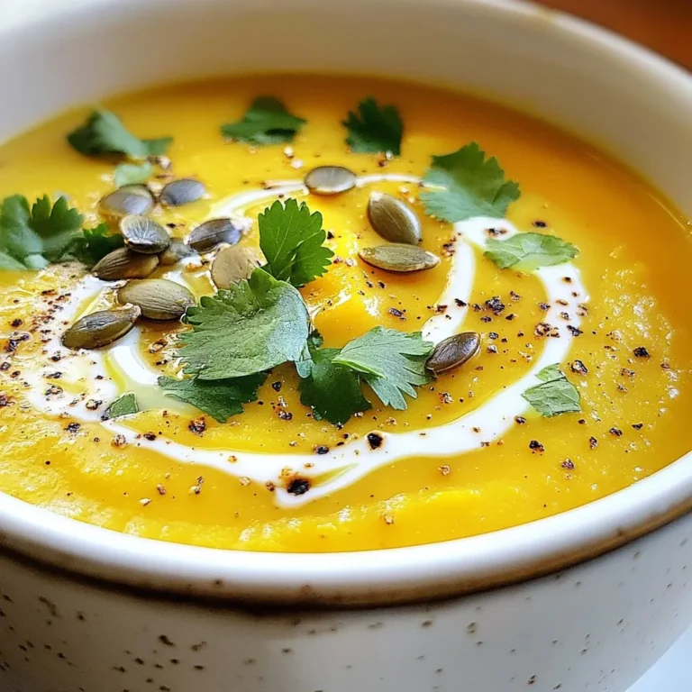 - 1 large butternut squash, peeled, seeded, and cubed - 2 tablespoons olive oil - 1 onion, chopped - 2 cloves garlic, minced - 1 teaspoon ground ginger - 1 teaspoon ground cumin - 4 cups vegetable broth - 1 cup coconut milk - Salt and pepper to taste - Fresh cilantro or parsley for garnish This soup shines with simple, fresh ingredients. Butternut squash forms the base. It adds sweetness and a creamy texture. The onion and garlic give depth and flavor. Ground ginger and cumin bring warmth and spice. Vegetable broth keeps it light, while coconut milk gives it a rich, creamy finish. For substitutions, you can swap olive oil for avocado oil. If you're out of fresh garlic, garlic powder works too. You can use chicken broth in place of vegetable broth for a non-vegetarian option. If you want a nutty flavor, try almond milk instead of coconut milk. Fresh herbs like basil or thyme can also replace cilantro or parsley. Feel free to mix and match these ingredients based on your pantry and taste. The key is to keep it simple and fresh. {{ingredient_image_1}} To start, peel the butternut squash with a sharp peeler. Cut the squash in half lengthwise and scoop out the seeds. Then cube the squash into small pieces. This helps it cook faster and blend easier later. Next, preheat your oven to 400°F (200°C). In a large bowl, toss the cubed squash with 1 tablespoon of olive oil, salt, and pepper. Spread the squash evenly on a baking sheet. Roast for about 25-30 minutes. It should be tender and lightly caramelized. Remember to stir it halfway through for even cooking. While the squash roasts, heat the remaining tablespoon of olive oil in a large pot over medium heat. Add the chopped onion and sauté until it becomes translucent, which takes about 5 minutes. This step adds a sweet base to your soup. Next, add the minced garlic, ground ginger, and cumin to the pot. Cook for another 2-3 minutes until the kitchen fills with a lovely aroma. Once the squash is done roasting, add it to the pot along with 4 cups of vegetable broth. Bring this mixture to a simmer and cook for 10-15 minutes. This allows all the flavors to meld together nicely. Now, remove the pot from heat. Use an immersion blender to puree the soup until it is smooth. If you don’t have one, carefully transfer the soup into a blender in batches and blend until smooth. After blending, stir in 1 cup of coconut milk. This gives the soup a rich and creamy texture. Season with salt and pepper to taste. If the soup seems too thick, add a bit more vegetable broth until you reach your desired consistency. Return the pot to the heat for a few minutes to warm everything through before serving. This final step ensures your soup is hot and ready to enjoy! To get that sweet, caramelized flavor, roast the squash at 400°F. Cut the squash into even cubes. This helps them cook evenly. Toss them in olive oil, salt, and pepper. Make sure they are well-coated. Spread the cubes out on a baking sheet. Avoid overcrowding, as this can lead to steaming instead of roasting. Roast for 25-30 minutes, stirring halfway through. The squash should be tender and golden. If you want to try something different, you can steam the squash instead. Steaming makes it soft, but it may not have the same roasted flavor. You can also try grilling the cubes for a smoky taste. Just be careful not to burn them! For blending, I recommend an immersion blender. It's easy and reduces cleanup. Just blend the soup right in the pot. If you use a traditional blender, do it in small batches. Always let the steam escape to avoid splatters. To get that velvety smooth texture, blend the soup well. If it feels too thick, add more broth. This will help you reach your desired consistency. To make the soup even better, consider adding spices. A pinch of nutmeg or cinnamon can warm the flavor. Fresh herbs like thyme or rosemary give a nice touch, too. For garnishes, fresh cilantro or parsley works great. A drizzle of coconut milk adds creaminess. You can also add roasted pumpkin seeds for crunch. These simple extras can elevate your dish! Pro Tips Choose the Right Squash: Opt for a heavy, firm butternut squash with a smooth, tan skin for the best flavor and texture. Enhance the Flavor: Add a pinch of nutmeg or cinnamon along with the spices for a warm, aromatic depth to your soup. Perfect Consistency: Adjust the thickness of the soup by varying the amount of vegetable broth you add after blending. Garnish Wisely: Use roasted pumpkin seeds or a drizzle of balsamic reduction for a tasty and visually appealing garnish. {{image_2}} You can make this soup dairy-free by using almond milk or other milk alternatives. Almond milk adds a nice nutty flavor without the creaminess of dairy. Coconut milk is already in the recipe, but you can skip it if you prefer. Just ensure you adjust the seasoning. This way, you keep the soup rich and tasty without dairy. Want to make your soup even heartier? Add more veggies! Carrots or sweet potatoes blend well with butternut squash. They add natural sweetness and nutrition. Just chop them up and roast them with the squash. You can also try parsnips or even kale for different flavors and textures. If you like heat, add a spicy twist! You can stir in chili powder or red pepper flakes. Start with a small amount and taste as you go. This adds warmth and depth. It makes the soup exciting and perfect for a chilly day. Enjoy the burst of flavor with every spoonful! After enjoying your soup, let it cool down. Use airtight containers to keep it fresh. Glass or BPA-free plastic containers work well. Make sure to leave some space at the top. This helps avoid spills as the soup expands. For best results, store the soup in the fridge. It will stay good for about 3 to 5 days. When you’re ready to eat, just reheat it on the stove or in the microwave. Stir well to ensure even heating. To freeze your soup, let it cool completely first. This step is key to keeping the texture nice. Pour the soup into freezer-safe bags or containers. If using bags, squeeze out extra air before sealing. This helps prevent freezer burn. When you want to enjoy it again, take it out of the freezer. Thaw the soup in the fridge overnight for best results. If you're short on time, you can use the microwave. Reheat on low power, stirring often to avoid hot spots. Enjoy your cozy soup! Yes, you can use frozen butternut squash. It is convenient and saves time. However, fresh squash has a better flavor and texture. Frozen squash may also be softer after cooking. If you want a rich taste, I recommend fresh. If you are in a hurry, frozen works just fine. This soup lasts about 4 to 5 days in the fridge. Store it in an airtight container. Make sure it cools down before you put it in the fridge. This helps keep it fresh. If you notice any off-smells or changes in texture, it’s best to toss it out. Yes, you can make this soup ahead of time. It tastes great after resting, as the flavors develop. Just cool it and store it in the fridge. To reheat, warm it on the stove over low heat. Add a splash of broth if it gets too thick. Enjoy it warm for a cozy meal! This blog post guides you through making a delicious butternut squash soup. We covered every step, from choosing the right ingredients to blending the perfect texture. You learned how to roast squash for peak flavor and adjust spices to suit your taste. With tips on storage and variations, you can enjoy this soup anytime. Remember, making it your own with added veggies or spices can elevate the dish. Happy cooking!
