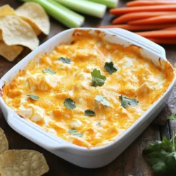 To make Buffalo Chicken Dip, you need just five simple ingredients: - 2 cups shredded cooked chicken - 1/2 cup cream cheese, softened - 1/2 cup buffalo sauce (adjust to taste) - 1 cup cheddar cheese, shredded - 1/2 cup Greek yogurt These ingredients blend perfectly to create a creamy and spicy dip. The chicken provides protein, while the cheeses give it a rich texture. The buffalo sauce adds heat, and Greek yogurt keeps it smooth. You can add some optional ingredients to boost the flavor: - Green onions for freshness - Garlic powder for an extra kick - Ranch seasoning for a different taste These extras can enhance your dip. Green onions can make it look nice, while garlic powder adds depth. Ranch seasoning offers a fun twist if you like that flavor. If you need swaps, here are some ideas: - Use shredded turkey instead of chicken. - Swap cream cheese for sour cream for a tangy taste. - Try different cheese, like pepper jack, for more spice. These substitutions will still make a great dip. Feel free to mix and match based on what you have at home. {{ingredient_image_1}} To start, gather your ingredients. You need 2 cups of shredded cooked chicken, 1/2 cup of softened cream cheese, 1/2 cup of buffalo sauce, 1 cup of shredded cheddar cheese, and 1/2 cup of Greek yogurt. First, preheat your oven to 350°F (175°C). In a mixing bowl, mix the softened cream cheese and Greek yogurt. Stir until the mix is smooth and creamy. Next, add the buffalo sauce and shredded chicken. Make sure to stir until everything is well mixed. Now, fold in the shredded cheddar cheese, spreading it evenly throughout the mixture. Once everything is combined, transfer the mixture to an oven-safe baking dish. Spread it out evenly in the dish. Place it in the preheated oven and bake for 20-25 minutes. You want the dip to be hot and bubbly. After baking, carefully remove it from the oven. Allow it to cool slightly before serving. When you're ready to serve, offer the dip warm. It pairs well with tortilla chips, celery sticks, or carrot sticks. Arrange these around the dip for a fun look. For a nice touch, garnish with extra cheddar cheese or drizzle a bit of buffalo sauce on top. This adds color and extra flavor. Enjoy your tasty Buffalo Chicken Dip! To make your dip extra tasty, you can try a few simple tricks. First, use high-quality buffalo sauce. This small change can boost the flavor. You can also add a bit of garlic powder or onion powder for depth. If you want a crunch, mix in some chopped green onions. For texture, consider using a bit of blue cheese crumbles on top before baking. This adds a nice bite that balances the creaminess. Many people make the same mistakes when making this dip. One big mistake is overmixing the ingredients. If you mix too much, the dip can turn gummy. Another mistake is not measuring the buffalo sauce correctly. Too much sauce can make the dip too spicy. Also, don't skip the resting time after baking. Letting it sit for a few minutes helps the flavors meld together. To make this dip, you need basic kitchen tools. A mixing bowl is key for blending the ingredients. Use a spatula to fold in the cheese without overmixing. An oven-safe baking dish is a must for a good bake. I recommend a 9-inch dish, which is perfect for this recipe. Lastly, have a good set of measuring cups handy. This ensures your ingredient ratios are spot on and keeps the dip balanced. Pro Tips Adjust the Heat: If you prefer a milder dip, reduce the amount of buffalo sauce or use a milder variety. You can also mix in a bit of ranch dressing to balance the spice. Use Leftover Chicken: This recipe is perfect for using up leftover rotisserie chicken or any cooked chicken you have on hand, making it a great time-saver! Make It Ahead: Prepare the dip ahead of time and store it in the fridge. When ready to serve, just pop it in the oven for a quick reheat! Experiment with Cheese: Feel free to mix different types of cheese into the dip, such as Monterey Jack or pepper jack, to add more flavor and depth! {{image_2}} If you love heat, try adding jalapeños to your dip. Chop them finely and mix them in with the chicken. You can also sprinkle some red pepper flakes on top before baking. This adds a nice kick and makes the dip even more exciting. You may also want to use a hotter buffalo sauce. Brands offer various heat levels, so pick one that suits your taste. Want a vegetarian twist? Replace the chicken with black beans or chickpeas. Mash them up a bit for a creamy texture. You can also add diced bell peppers or corn for extra flavor and color. Try using a vegan cream cheese and yogurt if you want a dairy-free version. This keeps the dip rich and creamy without animal products. To keep this dip gluten-free, you need to check the labels on your ingredients. Most buffalo sauces are gluten-free, but some are not. Use gluten-free tortilla chips or fresh veggies for dipping. Celery sticks and carrot sticks are great choices. This way, everyone can enjoy the dip without worry. To store leftover buffalo chicken dip, let it cool first. Then, place it in an airtight container. Make sure to cover it tightly to keep out air. You can keep it in the fridge for up to four days. This dip tastes great even after a day or two! If you want to freeze the dip, use a freezer-safe container. Pour the dip into the container and ensure it is sealed well. Label it with the date. You can freeze it for up to three months. When you’re ready to enjoy it, thaw it overnight in the fridge. To reheat the dip, place it in an oven-safe dish. Cover it with foil to keep it moist. Heat it in a preheated oven at 350°F (175°C) for about 15-20 minutes. Stir it halfway through to ensure even heating. You can also microwave it in short bursts, stirring in between. Enjoy your warm, creamy dip with chips or veggies! Yes, you can make Buffalo Chicken Dip ahead of time. Just prepare it as usual. Store it in a covered dish in the fridge. When you’re ready to bake, take it out and let it sit for about 15 minutes. This helps it bake evenly. Then, pop it in the oven and enjoy! Buffalo Chicken Dip is great with many sides. Here are some tasty options: - Tortilla chips - Celery sticks - Carrot sticks - Pita chips - Crackers You can also serve it with fresh veggies for a healthy touch. Get creative with what you have! Absolutely! Rotisserie chicken works well in this dip. It saves time and adds flavor. Just shred the chicken and mix it in. This shortcut makes it even easier to whip up your Buffalo Chicken Dip. Enjoy the same great taste with less effort! Buffalo chicken dip is simple and fun to make. We covered key ingredients, including possible swaps. You learned how to prepare, bake, and serve it. I shared tips on improving flavor and avoiding pitfalls. Variations ensure there's something for everyone, even vegetarians. Finally, we reviewed storage methods and kitchen hacks. Creating this dish can be a breeze. Enjoy your buffalo chicken dip, and share it with friends!